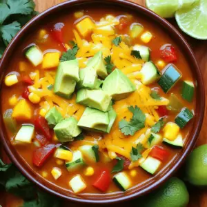 - 1 tablespoon olive oil - 1 medium onion, diced - 3 cloves garlic, minced - 1 red bell pepper, diced - 1 yellow bell pepper, diced - 2 medium zucchinis, diced - 1 cup corn kernels (fresh or frozen) - 1 can (15 oz) black beans, rinsed and drained - 1 can (15 oz) diced tomatoes with green chilies - 4 cups vegetable broth - 2 tablespoons enchilada sauce (store-bought or homemade) - 1 teaspoon ground cumin - 1 teaspoon chili powder - Salt and pepper to taste - 1 cup shredded cheese (cheddar or Mexican blend) - 1 ripe avocado, diced - Fresh cilantro, chopped, for garnish - Lime wedges, for serving - Sour cream - Jalapeños - Tortilla strips The ingredients for Loaded Veggie Enchilada Soup are simple yet vibrant. Each one plays an important role in the dish. The olive oil starts the cooking process. It helps to sauté the onion and garlic. The onion adds sweetness, while garlic gives a rich flavor. Bell peppers come next. They add color and crunch. I like using both red and yellow for variety. Zucchini adds a soft texture that complements the other veggies. Corn brings a sweet bite. Black beans add protein and fiber. The diced tomatoes with green chilies add a spicy kick. They also make the soup hearty. Vegetable broth is the base of the soup. It keeps everything moist and flavorful. Enchilada sauce adds depth and spice. Ground cumin and chili powder round out the taste with warmth. For serving, cheese melts beautifully on top. Avocado adds creaminess. Fresh cilantro gives a bright finish. Lime wedges offer a refreshing twist. Optional toppings like sour cream, jalapeños, and tortilla strips enhance the soup. They allow you to customize each bowl. This soup is not just filling; it’s a feast for the eyes and the palate. - Sautéing onions and garlic Start by heating 1 tablespoon of olive oil in a large pot over medium heat. Add 1 medium diced onion. Cook for about 3-4 minutes until it turns soft and clear. Then, mix in 3 minced garlic cloves. Keep cooking for another minute until the garlic smells good but does not brown. - Adding bell peppers and zucchini Next, toss in 1 diced red bell pepper, 1 diced yellow bell pepper, and 2 diced zucchinis. Stir and cook for 5-7 minutes. The veggies should become soft but still a bit crunchy. - Mixing in remaining ingredients Now, stir in 1 cup of corn, 1 can of black beans (rinsed and drained), and 1 can of diced tomatoes with green chilies. Add 4 cups of vegetable broth, 2 tablespoons of enchilada sauce, 1 teaspoon of ground cumin, and 1 teaspoon of chili powder. Don’t forget to add salt and pepper to taste! Mix everything well. - Simmering the soup Raise the heat to bring the soup to a boil. Once it boils, reduce the heat to low. Let it simmer for 15-20 minutes. This helps all the flavors come together and makes the soup a bit thicker. - Topping with cheese and avocado Serve the soup hot in bowls. Top each bowl with 1 cup of shredded cheese and 1 diced avocado. Add a sprinkle of chopped fresh cilantro for color and flavor. - Serving with lime wedges Offer lime wedges on the side. A squeeze of lime adds a bright kick to each bite! - Adjusting spices to taste: Start with the basic spices like ground cumin and chili powder. Add these in small amounts. Taste your soup as you cook. If you want more kick, add more chili powder. Prefer a milder flavor? Cut back on spices. Always season to your liking. - Tips to retain vegetable crunch: To keep your veggies crispy, cook them just until soft. Avoid overcooking. Sautéing bell peppers and zucchini for five to seven minutes works well. This keeps their bright colors and crunch. Adding them towards the end of cooking can help too. - Best types of pots or skillets to use: A large pot is best for this soup. A Dutch oven works great too. It holds heat well and cooks evenly. Choose a pot with a lid to help simmer. A non-stick skillet can also be handy for sautéing. - Adjusting ingredients for larger families: If you're cooking for more people, double the recipe. Use two cans of black beans and more veggies. You can easily add more vegetable broth as well. This way, everyone gets a hearty serving. If needed, keep toppings like cheese and avocado the same. This keeps it simple and quick. {{image_4}} You can easily change the soup by adding protein. If you want chicken, cook shredded chicken in the pot first. Then add the veggies. This gives the soup a savory depth. You can also use tofu if you prefer a plant-based option. Just cube firm tofu and add it with the veggies. Beans are another great option. You can use black beans, pinto beans, or chickpeas. Each type of bean adds its own taste and texture. Mix and match to find your favorite combo. To spice things up, add more chilies. You can use fresh jalapeños or chipotle peppers. This will give your soup a warming kick. If you prefer a milder flavor, try adding herbs like oregano or thyme. These herbs bring a warm, earthy taste to the soup. Experiment with smoked paprika, too. It adds a rich, smoky flavor that complements the other ingredients well. Adjust the spices to suit your taste. To make this soup fully vegan, skip the cheese topping. Instead, try using nutritional yeast for a cheesy flavor. It’s a great vegan alternative. Use vegetable broth to keep it plant-based and full of flavor. For gluten-free options, check your enchilada sauce and vegetable broth. Some brands may add gluten. You can also make your own enchilada sauce at home to ensure it’s gluten-free. This way, everyone can enjoy this tasty soup! To store leftovers, let the soup cool first. Place it in an airtight container. This keeps the flavors fresh and safe. You can store it in the fridge for up to three days. When you want to eat it, just reheat it on the stove or microwave. Stir it well to ensure even heating. To freeze the soup, let it cool completely before packing. Use freezer-safe containers or bags for this step. Leave some space at the top since the soup will expand when frozen. This soup can last up to three months in the freezer. When you're ready to enjoy it, thaw it overnight in the fridge. Then, reheat it on the stove or microwave until warm. Stir every few minutes to help it heat evenly. In the fridge, Loaded Veggie Enchilada Soup lasts about three days. If you freeze it, it can last up to three months. Always check for any off smells or changes in texture before eating. If it seems off, throw it away to be safe. Keeping track of your leftovers helps avoid waste and ensures you enjoy every bite! Yes, you can prepare this soup ahead of time. To do this, follow these tips: - Cook the soup: Make the soup as directed and let it cool. - Store it: Place the soup in an airtight container. - Refrigerate: It stays fresh for up to 3 days in the fridge. - Reheat: Warm it on the stove over low heat, stirring occasionally. To add heat to your Loaded Veggie Enchilada Soup, try these ideas: - Jalapeños: Chop fresh jalapeños and add them while cooking. - Hot sauce: Drizzle your favorite hot sauce into the soup. - Spicy enchilada sauce: Use a spicier brand of enchilada sauce. - Cayenne pepper: Sprinkle a bit of cayenne into the mix for extra kick. Yes, you can easily swap ingredients based on what you have. Here are some options: - Beans: Use pinto beans or kidney beans instead of black beans. - Peppers: Substitute with green bell peppers or even poblano peppers. - Zucchini: Replace zucchini with yellow squash or carrots for a different texture. - Broth: Vegetable broth can be swapped with chicken broth for more flavor. If you need to replace key items, keep the flavor profile in mind. Aim for similar tastes and textures for the best results. This blog post covered how to make Loaded Veggie Enchilada Soup. We went through the main ingredients, preparation steps, and cooking process. You also learned about tips for flavor and storage. Remember, you can swap ingredients or adjust spices to fit your taste. Making this soup is fun, and you can change it for any diet. Enjoy crafting a meal that warms not just your body, but also your heart. Dive in and let your creativity shine!
