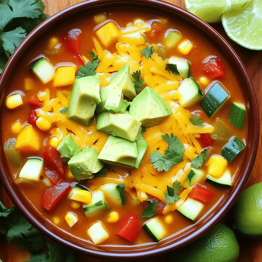 - 1 tablespoon olive oil - 1 medium onion, diced - 3 cloves garlic, minced - 1 red bell pepper, diced - 1 yellow bell pepper, diced - 2 medium zucchinis, diced - 1 cup corn kernels (fresh or frozen) - 1 can (15 oz) black beans, rinsed and drained - 1 can (15 oz) diced tomatoes with green chilies - 4 cups vegetable broth - 2 tablespoons enchilada sauce (store-bought or homemade) - 1 teaspoon ground cumin - 1 teaspoon chili powder - Salt and pepper to taste - 1 cup shredded cheese (cheddar or Mexican blend) - 1 ripe avocado, diced - Fresh cilantro, chopped, for garnish - Lime wedges, for serving - Sour cream - Jalapeños - Tortilla strips The ingredients for Loaded Veggie Enchilada Soup are simple yet vibrant. Each one plays an important role in the dish. The olive oil starts the cooking process. It helps to sauté the onion and garlic. The onion adds sweetness, while garlic gives a rich flavor. Bell peppers come next. They add color and crunch. I like using both red and yellow for variety. Zucchini adds a soft texture that complements the other veggies. Corn brings a sweet bite. Black beans add protein and fiber. The diced tomatoes with green chilies add a spicy kick. They also make the soup hearty. Vegetable broth is the base of the soup. It keeps everything moist and flavorful. Enchilada sauce adds depth and spice. Ground cumin and chili powder round out the taste with warmth. For serving, cheese melts beautifully on top. Avocado adds creaminess. Fresh cilantro gives a bright finish. Lime wedges offer a refreshing twist. Optional toppings like sour cream, jalapeños, and tortilla strips enhance the soup. They allow you to customize each bowl. This soup is not just filling; it’s a feast for the eyes and the palate. - Sautéing onions and garlic Start by heating 1 tablespoon of olive oil in a large pot over medium heat. Add 1 medium diced onion. Cook for about 3-4 minutes until it turns soft and clear. Then, mix in 3 minced garlic cloves. Keep cooking for another minute until the garlic smells good but does not brown. - Adding bell peppers and zucchini Next, toss in 1 diced red bell pepper, 1 diced yellow bell pepper, and 2 diced zucchinis. Stir and cook for 5-7 minutes. The veggies should become soft but still a bit crunchy. - Mixing in remaining ingredients Now, stir in 1 cup of corn, 1 can of black beans (rinsed and drained), and 1 can of diced tomatoes with green chilies. Add 4 cups of vegetable broth, 2 tablespoons of enchilada sauce, 1 teaspoon of ground cumin, and 1 teaspoon of chili powder. Don’t forget to add salt and pepper to taste! Mix everything well. - Simmering the soup Raise the heat to bring the soup to a boil. Once it boils, reduce the heat to low. Let it simmer for 15-20 minutes. This helps all the flavors come together and makes the soup a bit thicker. - Topping with cheese and avocado Serve the soup hot in bowls. Top each bowl with 1 cup of shredded cheese and 1 diced avocado. Add a sprinkle of chopped fresh cilantro for color and flavor. - Serving with lime wedges Offer lime wedges on the side. A squeeze of lime adds a bright kick to each bite! - Adjusting spices to taste: Start with the basic spices like ground cumin and chili powder. Add these in small amounts. Taste your soup as you cook. If you want more kick, add more chili powder. Prefer a milder flavor? Cut back on spices. Always season to your liking. - Tips to retain vegetable crunch: To keep your veggies crispy, cook them just until soft. Avoid overcooking. Sautéing bell peppers and zucchini for five to seven minutes works well. This keeps their bright colors and crunch. Adding them towards the end of cooking can help too. - Best types of pots or skillets to use: A large pot is best for this soup. A Dutch oven works great too. It holds heat well and cooks evenly. Choose a pot with a lid to help simmer. A non-stick skillet can also be handy for sautéing. - Adjusting ingredients for larger families: If you're cooking for more people, double the recipe. Use two cans of black beans and more veggies. You can easily add more vegetable broth as well. This way, everyone gets a hearty serving. If needed, keep toppings like cheese and avocado the same. This keeps it simple and quick. {{image_4}} You can easily change the soup by adding protein. If you want chicken, cook shredded chicken in the pot first. Then add the veggies. This gives the soup a savory depth. You can also use tofu if you prefer a plant-based option. Just cube firm tofu and add it with the veggies. Beans are another great option. You can use black beans, pinto beans, or chickpeas. Each type of bean adds its own taste and texture. Mix and match to find your favorite combo. To spice things up, add more chilies. You can use fresh jalapeños or chipotle peppers. This will give your soup a warming kick. If you prefer a milder flavor, try adding herbs like oregano or thyme. These herbs bring a warm, earthy taste to the soup. Experiment with smoked paprika, too. It adds a rich, smoky flavor that complements the other ingredients well. Adjust the spices to suit your taste. To make this soup fully vegan, skip the cheese topping. Instead, try using nutritional yeast for a cheesy flavor. It’s a great vegan alternative. Use vegetable broth to keep it plant-based and full of flavor. For gluten-free options, check your enchilada sauce and vegetable broth. Some brands may add gluten. You can also make your own enchilada sauce at home to ensure it’s gluten-free. This way, everyone can enjoy this tasty soup! To store leftovers, let the soup cool first. Place it in an airtight container. This keeps the flavors fresh and safe. You can store it in the fridge for up to three days. When you want to eat it, just reheat it on the stove or microwave. Stir it well to ensure even heating. To freeze the soup, let it cool completely before packing. Use freezer-safe containers or bags for this step. Leave some space at the top since the soup will expand when frozen. This soup can last up to three months in the freezer. When you're ready to enjoy it, thaw it overnight in the fridge. Then, reheat it on the stove or microwave until warm. Stir every few minutes to help it heat evenly. In the fridge, Loaded Veggie Enchilada Soup lasts about three days. If you freeze it, it can last up to three months. Always check for any off smells or changes in texture before eating. If it seems off, throw it away to be safe. Keeping track of your leftovers helps avoid waste and ensures you enjoy every bite! Yes, you can prepare this soup ahead of time. To do this, follow these tips: - Cook the soup: Make the soup as directed and let it cool. - Store it: Place the soup in an airtight container. - Refrigerate: It stays fresh for up to 3 days in the fridge. - Reheat: Warm it on the stove over low heat, stirring occasionally. To add heat to your Loaded Veggie Enchilada Soup, try these ideas: - Jalapeños: Chop fresh jalapeños and add them while cooking. - Hot sauce: Drizzle your favorite hot sauce into the soup. - Spicy enchilada sauce: Use a spicier brand of enchilada sauce. - Cayenne pepper: Sprinkle a bit of cayenne into the mix for extra kick. Yes, you can easily swap ingredients based on what you have. Here are some options: - Beans: Use pinto beans or kidney beans instead of black beans. - Peppers: Substitute with green bell peppers or even poblano peppers. - Zucchini: Replace zucchini with yellow squash or carrots for a different texture. - Broth: Vegetable broth can be swapped with chicken broth for more flavor. If you need to replace key items, keep the flavor profile in mind. Aim for similar tastes and textures for the best results. This blog post covered how to make Loaded Veggie Enchilada Soup. We went through the main ingredients, preparation steps, and cooking process. You also learned about tips for flavor and storage. Remember, you can swap ingredients or adjust spices to fit your taste. Making this soup is fun, and you can change it for any diet. Enjoy crafting a meal that warms not just your body, but also your heart. Dive in and let your creativity shine!