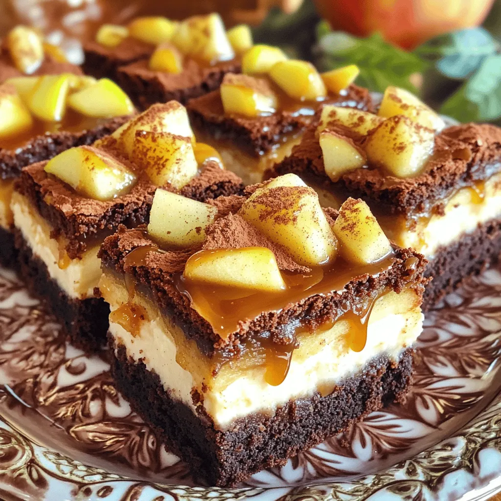 To create these caramel apple cheesecake brownies, you'll need: - 1 cup unsalted butter, melted - 2 cups granulated sugar - 4 large eggs - 1 teaspoon vanilla extract - 1 cup all-purpose flour - ¾ cup unsweetened cocoa powder - ½ teaspoon salt - 1 teaspoon baking powder For the cheesecake layer, gather: - 16 oz cream cheese, softened - ½ cup granulated sugar - 1 large egg - 1 teaspoon vanilla extract For the apple filling, you will need: - 2 cups apples, peeled and diced (preferably Granny Smith) - 1 tablespoon lemon juice - ½ teaspoon cinnamon - 2 tablespoons brown sugar - ½ cup homemade or store-bought caramel sauce These ingredients work together to make a rich, sweet treat. You will need a few special items: - A 9x13 inch baking pan - Parchment paper - Electric mixer - Mixing bowls - Spatula These tools help you mix and bake the brownies with ease. To make your brownies even better, consider these garnishes: - Extra caramel sauce for drizzling - A sprinkle of ground cinnamon - Thin slices of fresh apple These garnishes add a nice touch and enhance the flavors. To start, gather all your ingredients. You need butter, sugar, eggs, flour, cocoa, and more. Preheat your oven to 350°F (175°C). Grease a 9x13 inch pan and line it with parchment paper. The paper helps with easy removal later. 1. In a large bowl, whisk the melted butter and sugar until smooth. 2. Add the eggs, one at a time. Mix well after each egg. 3. Stir in the vanilla extract. This adds flavor. 4. In another bowl, sift the flour, cocoa powder, salt, and baking powder. 5. Gradually combine the dry mix with the wet mix. Stir gently to avoid overmixing. 6. Next, make the cheesecake layer. Beat the softened cream cheese until smooth. 7. Add sugar, an egg, and vanilla to the cream cheese. Mix until creamy and well-blended. 8. For the apple filling, toss diced apples with lemon juice, cinnamon, brown sugar, and caramel sauce. 1. Pour half of the brownie batter into the prepared pan. 2. Spread it evenly with a spatula. 3. Spoon the cheesecake layer over the brownie batter. Smooth it out evenly. 4. Then, distribute the apple filling on top. 5. Finally, pour the remaining brownie batter over the apple filling. 6. Spread it carefully to avoid disturbing the layers. 7. Bake for 35-40 minutes. The center should be set. A toothpick should come out with moist crumbs. 8. Let the brownies cool in the pan for about 30 minutes. 9. Lift them out using the parchment paper. Cool completely on a wire rack. 10. Drizzle more caramel sauce on top before cutting into squares. To make the best brownies, use room temperature ingredients. This helps them mix better. Always whisk the butter and sugar until smooth. This step adds air, making your brownies light and fluffy. Be careful not to overmix when adding dry ingredients. Just stir until combined for a denser texture. For a smooth cheesecake layer, make sure your cream cheese is softened. Beat it well to remove lumps. Add the sugar and mix until creamy. Adding an egg helps bind the layer. Mix just until combined, as overmixing can introduce air bubbles. This keeps the layer dense and creamy. I recommend using homemade caramel sauce if possible. It tastes richer and fresher. If you use store-bought, choose a high-quality brand. Make sure it’s thick enough to hold its shape when baked. A drizzle of caramel on top adds a nice touch. You can also sprinkle a pinch of sea salt for added flavor. {{image_4}} You can change the apples for other fruits. Try pears for a softer bite. Berries like raspberries add a tart twist. Cherries bring a sweet zing that pairs well with caramel. Each fruit gives a new taste to the brownies. Choose fruits based on what you like or what’s in season. To make these brownies gluten-free, swap the all-purpose flour with almond flour or a gluten-free blend. For a dairy-free version, use vegan cream cheese and a plant-based butter. Coconut cream can also replace cream cheese for a different flavor. These swaps keep the dessert rich and tasty without dairy. Want to mix it up? Use dark chocolate instead of cocoa powder. This adds a rich depth to your brownies. You can also sprinkle in different spices, like nutmeg or ginger, for warmth. Adding a bit of orange zest brings a fresh burst. These small changes can transform your dessert into something new and exciting. To keep your caramel apple cheesecake brownies fresh, store them in an airtight container. Place a piece of parchment paper between layers to prevent sticking. These brownies can last for about 3 to 5 days at room temperature. If you want them to last longer, consider refrigerating them. The cool air helps maintain their flavor and texture. Freezing these brownies is a great idea for later enjoyment. First, let them cool completely. Then, cut them into squares. Wrap each square tightly in plastic wrap and place them in a freezer-safe bag or container. You can freeze them for up to 2 to 3 months. When you are ready to enjoy, thaw them in the fridge overnight or let them sit at room temperature for a few hours. If you prefer your brownies warm, reheating is simple. Place one or two squares on a microwave-safe plate. Heat them in the microwave for about 10 to 15 seconds. Check to see if they are warm enough. If needed, add a few more seconds. You can also reheat them in an oven. Preheat your oven to 350°F (175°C) and warm them for about 5 to 10 minutes. Enjoy the gooey goodness as if they were just baked! Yes, you can make these brownies ahead of time. Bake them and let them cool completely. Then, cover them well with plastic wrap or foil. Store them in the fridge for up to three days. This makes it easy to serve them later. Just add a drizzle of caramel before serving for extra flavor. To cut brownies neatly, use a sharp knife. First, let the brownies cool completely. Then, wipe the knife with a damp cloth between cuts. This helps keep the edges clean. For perfect squares, cut in straight lines. You can also use a ruler for even sizes. To check if the brownies are done, use a toothpick. Insert it into the center of the brownies. If it comes out with moist crumbs, they're done. If it has wet batter, they need more time. Bake for 35-40 minutes for the best results. Always keep an eye on them as they bake. In this post, I covered key ingredients, step-by-step instructions, and helpful tips for making delicious brownies. You learned about variations and storage options to keep your treats fresh. Remember, following these steps makes for a fun baking experience. Use the tips to ensure your brownies shine. Happy baking, and enjoy every bite of your tasty creation!