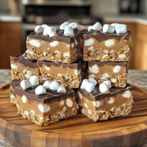To make these No Bake S'mores Peanut Butter Bars, you'll need: - 1 cup graham cracker crumbs - 1 cup rolled oats - 1/2 cup creamy peanut butter - 1/2 cup honey or pure maple syrup - 1/2 cup mini chocolate chips - 1/2 cup mini marshmallows - 1/4 cup unsweetened cocoa powder - 1/4 teaspoon salt - 1 teaspoon vanilla extract Each of these ingredients brings a unique flavor and texture to the bars. The graham cracker crumbs give a nice base, while the oats add a hearty bite. Peanut butter binds everything together and gives a rich taste. Honey or maple syrup sweetens the bars naturally, and chocolate chips and marshmallows add that classic s'mores flair. You can also add fun extras to switch things up. Some ideas include: - Chopped nuts for crunch - Dried fruit for a chewy texture - Coconut flakes for a tropical twist These optional ingredients can enhance the flavor and make the bars your own. To whip up these tasty bars, you’ll need a few basic kitchen tools: - Large mixing bowl - Smaller mixing bowl - Spatula or wooden spoon - 8x8 inch baking pan - Parchment paper These items make it easy to mix, pack, and cut the bars. Make sure to have everything ready before you start! Start by gathering your dry ingredients. In a large bowl, mix together: - 1 cup graham cracker crumbs - 1 cup rolled oats - 1/4 cup unsweetened cocoa powder - 1/4 teaspoon salt Stir these together well. Make sure there are no clumps. An even mix helps the bars hold together. Next, you’ll want to prepare the wet ingredients. In another bowl, combine: - 1/2 cup creamy peanut butter - 1/2 cup honey or pure maple syrup - 1 teaspoon vanilla extract Blend these until smooth. Aim for a homogenous mixture without lumps. This creates a tasty base for your bars. Now, pour the wet mix into the dry ingredients. Use a spatula or wooden spoon to mix. Keep stirring until a thick dough forms. Make sure there are no dry patches left. Then, gently fold in: - 1/2 cup mini chocolate chips - 1/2 cup mini marshmallows These add sweetness and fun texture to your bars. Prepare an 8x8 inch baking pan by lining it with parchment paper. This helps with easy removal later. Transfer the mixture into the pan. Press it down firmly and smooth the top. Now, place the pan in your fridge for at least 2 hours. This chilling time helps the bars set up well. When ready, remove the bars using the parchment overhang. Cut them into squares or bars. Enjoy your sweet treat! To get the best texture, use creamy peanut butter. This helps bind the bars well. If you want a nutty crunch, try crunchy peanut butter. Always mix dry ingredients until smooth. This avoids clumps that can ruin your bars. Press the mixture tightly in the pan. It will hold together better once chilled. Cut your bars into squares or rectangles. They make great snacks for kids and adults. Pair them with a glass of cold milk or hot cocoa. For a fun twist, serve them with fresh fruit. Strawberries or bananas add a fresh taste. You can also add a scoop of ice cream for a treat! Presentation matters, even for no-bake bars. Place the bars on a rustic wooden platter. Drizzle melted chocolate over the top for flair. Sprinkle extra mini marshmallows on top for fun. You can even add some crushed graham crackers for crunch. This adds color and texture to your dessert table! {{image_4}} You can change up the bars easily. Try adding nuts like almonds or walnuts. Dried fruits like cranberries or raisins work too. Instead of honey, use agave syrup for a different sweetness. You can also switch mini chocolate chips for dark chocolate chunks. If you want a crunch, toss in some rice cereal. This will give the bars a fun texture. Feel free to experiment with flavors! Try using almond butter instead of peanut butter for a nutty twist. You can also add a bit of cinnamon for warmth. For a tropical flair, mix in some shredded coconut. Want a minty fresh taste? Add a few drops of mint extract. The options are endless! To make these bars gluten-free, use certified gluten-free graham cracker crumbs and oats. For a vegan version, swap honey for maple syrup. Ensure all ingredients, like chocolate chips and graham crackers, are vegan-friendly. This way, everyone can enjoy these tasty treats without worry. Adjust the recipe to fit your needs and enjoy! To keep your No Bake S'mores Peanut Butter Bars fresh, store them in an airtight container. You can layer the bars with parchment paper to prevent sticking. Place the container in the fridge for best results. This keeps the bars cool and helps maintain their shape. You can also freeze these bars for long-term storage. Wrap each bar in plastic wrap, then place them in a freezer-safe bag. Make sure to remove as much air as possible. The bars can last up to three months in the freezer. When ready to enjoy, simply thaw them in the fridge for a few hours. When stored properly in the fridge, the bars last about one week. If you freeze them, they stay good for about three months. Make sure to check for any signs of spoilage before eating. Enjoy your tasty treats! Yes, you can make these bars ahead of time. They store well in the fridge. I often make them a day before a party. This way, they are ready to serve. Just keep them in an airtight container. To help the bars stay together, press the mixture firmly in the pan. Use your hands or a spatula to pack it tightly. This step is key to avoid crumbling. Chilling them in the fridge for two hours also helps them firm up nicely. Yes, you can switch peanut butter for other nut butters. Almond butter or cashew butter work well too. Just make sure the nut butter is smooth. The taste will change a bit, but it will still be yummy! To cut the bars, lift them out of the pan using the parchment paper. Use a sharp knife for clean cuts. If the bars are too soft, let them chill longer. This will make cutting easier and cleaner. You learned about the key ingredients and tools needed to make delicious bars. The step-by-step guide showed how to mix and prepare your bars, ensuring great texture. We shared tips for serving and presenting them well. You can also explore fun variations and important storage tips. Making these bars can be simple and fun. With the right methods, you’ll create tasty treats for everyone to enjoy. Happy baking!