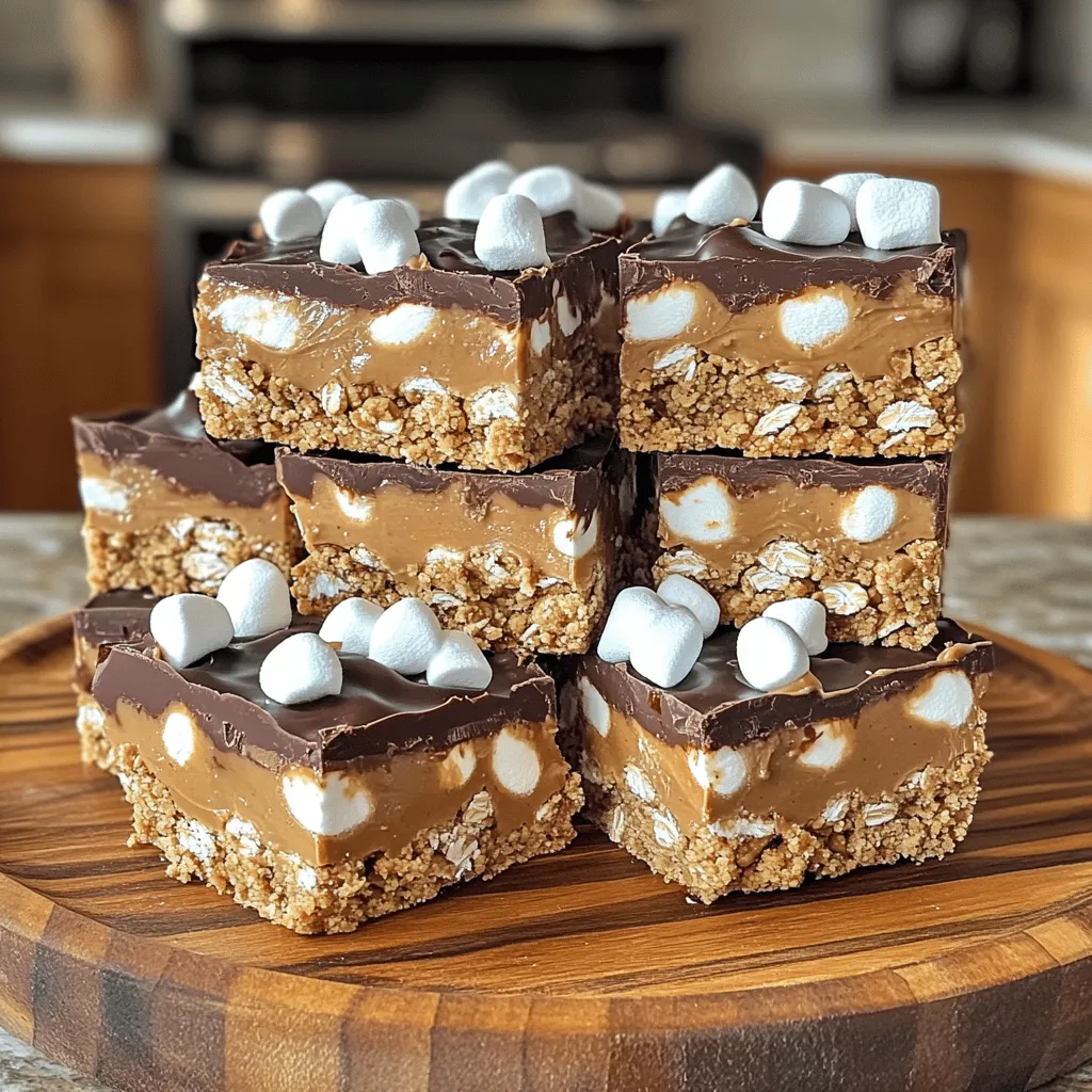 To make these No Bake S'mores Peanut Butter Bars, you'll need: - 1 cup graham cracker crumbs - 1 cup rolled oats - 1/2 cup creamy peanut butter - 1/2 cup honey or pure maple syrup - 1/2 cup mini chocolate chips - 1/2 cup mini marshmallows - 1/4 cup unsweetened cocoa powder - 1/4 teaspoon salt - 1 teaspoon vanilla extract Each of these ingredients brings a unique flavor and texture to the bars. The graham cracker crumbs give a nice base, while the oats add a hearty bite. Peanut butter binds everything together and gives a rich taste. Honey or maple syrup sweetens the bars naturally, and chocolate chips and marshmallows add that classic s'mores flair. You can also add fun extras to switch things up. Some ideas include: - Chopped nuts for crunch - Dried fruit for a chewy texture - Coconut flakes for a tropical twist These optional ingredients can enhance the flavor and make the bars your own. To whip up these tasty bars, you’ll need a few basic kitchen tools: - Large mixing bowl - Smaller mixing bowl - Spatula or wooden spoon - 8x8 inch baking pan - Parchment paper These items make it easy to mix, pack, and cut the bars. Make sure to have everything ready before you start! Start by gathering your dry ingredients. In a large bowl, mix together: - 1 cup graham cracker crumbs - 1 cup rolled oats - 1/4 cup unsweetened cocoa powder - 1/4 teaspoon salt Stir these together well. Make sure there are no clumps. An even mix helps the bars hold together. Next, you’ll want to prepare the wet ingredients. In another bowl, combine: - 1/2 cup creamy peanut butter - 1/2 cup honey or pure maple syrup - 1 teaspoon vanilla extract Blend these until smooth. Aim for a homogenous mixture without lumps. This creates a tasty base for your bars. Now, pour the wet mix into the dry ingredients. Use a spatula or wooden spoon to mix. Keep stirring until a thick dough forms. Make sure there are no dry patches left. Then, gently fold in: - 1/2 cup mini chocolate chips - 1/2 cup mini marshmallows These add sweetness and fun texture to your bars. Prepare an 8x8 inch baking pan by lining it with parchment paper. This helps with easy removal later. Transfer the mixture into the pan. Press it down firmly and smooth the top. Now, place the pan in your fridge for at least 2 hours. This chilling time helps the bars set up well. When ready, remove the bars using the parchment overhang. Cut them into squares or bars. Enjoy your sweet treat! To get the best texture, use creamy peanut butter. This helps bind the bars well. If you want a nutty crunch, try crunchy peanut butter. Always mix dry ingredients until smooth. This avoids clumps that can ruin your bars. Press the mixture tightly in the pan. It will hold together better once chilled. Cut your bars into squares or rectangles. They make great snacks for kids and adults. Pair them with a glass of cold milk or hot cocoa. For a fun twist, serve them with fresh fruit. Strawberries or bananas add a fresh taste. You can also add a scoop of ice cream for a treat! Presentation matters, even for no-bake bars. Place the bars on a rustic wooden platter. Drizzle melted chocolate over the top for flair. Sprinkle extra mini marshmallows on top for fun. You can even add some crushed graham crackers for crunch. This adds color and texture to your dessert table! {{image_4}} You can change up the bars easily. Try adding nuts like almonds or walnuts. Dried fruits like cranberries or raisins work too. Instead of honey, use agave syrup for a different sweetness. You can also switch mini chocolate chips for dark chocolate chunks. If you want a crunch, toss in some rice cereal. This will give the bars a fun texture. Feel free to experiment with flavors! Try using almond butter instead of peanut butter for a nutty twist. You can also add a bit of cinnamon for warmth. For a tropical flair, mix in some shredded coconut. Want a minty fresh taste? Add a few drops of mint extract. The options are endless! To make these bars gluten-free, use certified gluten-free graham cracker crumbs and oats. For a vegan version, swap honey for maple syrup. Ensure all ingredients, like chocolate chips and graham crackers, are vegan-friendly. This way, everyone can enjoy these tasty treats without worry. Adjust the recipe to fit your needs and enjoy! To keep your No Bake S'mores Peanut Butter Bars fresh, store them in an airtight container. You can layer the bars with parchment paper to prevent sticking. Place the container in the fridge for best results. This keeps the bars cool and helps maintain their shape. You can also freeze these bars for long-term storage. Wrap each bar in plastic wrap, then place them in a freezer-safe bag. Make sure to remove as much air as possible. The bars can last up to three months in the freezer. When ready to enjoy, simply thaw them in the fridge for a few hours. When stored properly in the fridge, the bars last about one week. If you freeze them, they stay good for about three months. Make sure to check for any signs of spoilage before eating. Enjoy your tasty treats! Yes, you can make these bars ahead of time. They store well in the fridge. I often make them a day before a party. This way, they are ready to serve. Just keep them in an airtight container. To help the bars stay together, press the mixture firmly in the pan. Use your hands or a spatula to pack it tightly. This step is key to avoid crumbling. Chilling them in the fridge for two hours also helps them firm up nicely. Yes, you can switch peanut butter for other nut butters. Almond butter or cashew butter work well too. Just make sure the nut butter is smooth. The taste will change a bit, but it will still be yummy! To cut the bars, lift them out of the pan using the parchment paper. Use a sharp knife for clean cuts. If the bars are too soft, let them chill longer. This will make cutting easier and cleaner. You learned about the key ingredients and tools needed to make delicious bars. The step-by-step guide showed how to mix and prepare your bars, ensuring great texture. We shared tips for serving and presenting them well. You can also explore fun variations and important storage tips. Making these bars can be simple and fun. With the right methods, you’ll create tasty treats for everyone to enjoy. Happy baking!