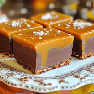 - 2 cups crushed pretzels - 1 cup unsalted butter, melted - 1 cup packed brown sugar - 1 cup sweetened condensed milk - 2 cups chocolate chips - 1 tablespoon pure vanilla extract - 1/2 teaspoon sea salt (plus additional for topping) - 1 cup caramel sauce - Mixing bowls - Medium saucepan - Spatula - 9x9-inch baking pan When I make No-Bake Salted Caramel Pretzel Fudge, I love to gather all my ingredients first. Crushed pretzels give the fudge a crunchy base. The unsalted butter adds richness. Brown sugar and sweetened condensed milk create that creamy caramel flavor. I like to choose between milk or semi-sweet chocolate chips for the topping. I often add a tablespoon of pure vanilla extract for extra flavor. A pinch of sea salt enhances the sweetness, while caramel sauce gives it a nice drizzle. For tools, I use mixing bowls to combine ingredients and a medium saucepan for cooking. A spatula helps spread the layers evenly, and a 9x9-inch baking pan holds it all together. Having everything ready makes the process smooth and fun. To start, you need to create the base. In a large bowl, combine 2 cups of crushed pretzels with 1 cup of melted unsalted butter. Mix until every pretzel piece is coated. Next, transfer the mixture to a lined 9x9-inch baking pan. Press it down firmly to make an even crust. Make sure it is tightly packed to hold together well. Now, let’s make the rich caramel. In a medium saucepan, combine 1 cup of packed brown sugar and 1 cup of sweetened condensed milk. Heat over medium heat, stirring constantly. Once it starts to gently boil, let it boil for about 2 minutes without stirring. This step helps deepen the flavor and create a smooth texture. After boiling, carefully take the saucepan off the heat. Add 1 tablespoon of pure vanilla extract, 1/2 teaspoon of sea salt, and 1 cup of caramel sauce. Stir until the mixture is smooth and all ingredients blend well. Then, pour this caramel over the pretzel crust. Use a spatula to spread it evenly, covering every part of the crust. Next, let’s melt the chocolate. Place 2 cups of chocolate chips in a microwave-safe bowl. Heat in the microwave in 30-second intervals, stirring in between, until the chocolate is completely smooth. Once melted, pour the chocolate layer over the caramel. Use a spatula to spread it evenly, ensuring every bite has a chocolatey goodness. To add the final touch, lightly sprinkle a pinch of sea salt over the chocolate layer. This enhances the flavors perfectly. Now, place the baking pan in the refrigerator. Chill for at least 2 hours, or until the fudge is firm and set. After chilling, lift the fudge out using the parchment paper. Cut into squares or rectangles, and enjoy your delicious treat! To get the best texture, press down the crust firmly. This step is key for a solid base. A well-packed crust holds the fudge together. If you don’t press hard enough, the crust may crumble. Avoid burning the caramel by stirring it often. Keep the heat medium and watch it closely. Boil for just two minutes without stirring. This creates a richer flavor while keeping it from scorching. Drizzle caramel sauce on top for a beautiful finish. This adds a shiny look and extra flavor. Use a decorative serving platter to make the fudge stand out. A nice plate can turn a simple treat into a showstopper. Feel free to switch up toppings on your fudge. You can add chopped nuts or sprinkles for crunch. If you like, substitute chocolate types too. Use dark chocolate for a more intense flavor or go for white chocolate for something sweet. {{image_4}} You can add chopped nuts to your fudge for a crunchy twist. Use walnuts, pecans, or almonds. Just mix in about 1 cup of your favorite nuts into the caramel layer. This adds a nice texture and flavor contrast to the smooth fudge. Nuts pair well with the sweet and salty taste. Explore different flavors by using flavored chocolate or caramel. For instance, try dark chocolate for a rich taste. You can also choose caramel with a hint of sea salt for extra depth. Mix in some espresso powder for a coffee flavor or even mint extract for a refreshing touch. Experimenting with flavors can make your fudge stand out. If you have dietary needs, there are easy swaps. First, look for gluten-free pretzel options at your store. They taste just as good and keep the crunch. For a dairy-free version, use dairy-free chocolate chips. You can also substitute sweetened condensed milk with coconut milk. These changes keep your fudge delicious while accommodating everyone’s needs. Store your No-Bake Salted Caramel Pretzel Fudge in an airtight container. This keeps it fresh and prevents it from drying out. Make sure the container seals tightly to lock in moisture. If you want to keep it extra safe, layer parchment paper between the fudge pieces. This helps prevent sticking. This fudge lasts well in the fridge. It can stay fresh for about two weeks. Just keep it covered to prevent any odors from affecting its flavor. If you notice any changes in texture or smell, it’s best to discard it. You can freeze this fudge for longer storage. Cut it into squares before freezing. Place the pieces in a single layer on a baking sheet until solid. Then, transfer them to a freezer bag. When you want to enjoy some, thaw it in the fridge overnight. This keeps the fudge from getting too soft. Yes, you can use homemade caramel sauce. Making your own is easy and fun. Here’s a simple tip: - Combine equal parts sugar and water in a pot. - Heat on medium until the sugar dissolves. - Let it boil without stirring until it turns golden. - Remove from heat and add cream for a rich flavor. This method gives you control over the taste and texture of the caramel. If you need a substitute for sweetened condensed milk, try these options: - Coconut cream: This works well for a dairy-free choice. - Evaporated milk with sugar: Mix one cup of evaporated milk with 1/3 cup of sugar. - Silken tofu: Blend silken tofu until smooth. Then add a bit of sugar or maple syrup for sweetness. These alternatives keep your fudge creamy and delicious without dairy. You will know your fudge is set when it feels firm to the touch. Here are some signs: - It should not stick to your fingers. - The edges pull away slightly from the pan. - It should feel cool and solid overall. Chill it for at least two hours in the fridge for the best results. Enjoy your tasty treat! You now have all you need to make a delicious fudge treat. We covered main ingredients like crushed pretzels and chocolate chips, plus tips for perfect texture and storage. Remember, you can customize the flavors and even make it allergy-friendly. Whether you share it or enjoy it alone, this fudge is a sweet winner. Dive into this fun recipe and impress your friends and family with your skills! Enjoy every bite of your creative masterpiece.