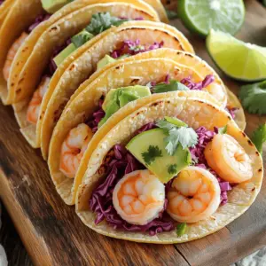 - 1 pound large shrimp, peeled and deveined - 2 tablespoons olive oil - 3 cloves garlic, minced - Zest and juice of 2 fresh limes - 1 teaspoon smoked paprika - 1 teaspoon ground cumin - Salt and freshly ground black pepper to taste - 8 small corn tortillas - 1 cup red cabbage, finely shredded - 1 ripe avocado, sliced - Fresh cilantro leaves, for garnish - Lime wedges, for serving For this recipe, fresh shrimp give the best taste. The lime zest adds a bright kick. Olive oil helps to keep the shrimp tender. Garlic brings depth to the flavor. Smoked paprika adds a nice touch, while cumin rounds it out. Use corn tortillas for a classic taco base. Red cabbage adds crunch, and avocado brings creaminess. Cilantro and lime wedges finish your dish with freshness. - Diced tomatoes - Sliced jalapeños - Sour cream or Greek yogurt - Sliced radishes - Feta cheese These toppings can enhance your tacos. Diced tomatoes add sweetness. Sliced jalapeños bring heat. Sour cream or Greek yogurt adds creaminess. Sliced radishes give a nice crunch, while feta cheese adds saltiness. - Calories: 310 - Protein: 24g - Carbohydrates: 30g - Fat: 12g - Fiber: 6g This dish is light yet filling. It offers a good balance of protein and healthy fats. The fiber from the cabbage and avocado is a bonus for your diet. Enjoy these tacos as a flavorful meal option! To start, gather your shrimp and place them in a bowl. Add 2 tablespoons of olive oil. Next, mix in 3 cloves of minced garlic, the zest and juice of 2 limes, 1 teaspoon of smoked paprika, and 1 teaspoon of ground cumin. Don’t forget to sprinkle in salt and pepper. Toss the shrimp gently until they are fully coated. Cover the bowl with plastic wrap. Let the shrimp marinate for 15-20 minutes. This step makes the flavors pop. Heat a non-stick skillet over medium-high heat. Once it’s hot, add the marinated shrimp in a single layer. Avoid crowding the pan. Cook the shrimp for 2-3 minutes on each side. Look for them to turn a bright pink and opaque. This shows they are done. Once cooked, remove the skillet from the heat. Set the shrimp aside. For warming corn tortillas, use a separate skillet or flat griddle. Warm them for about 30 seconds on each side. You want the tortillas to be warm and soft. This makes them easier to fold and eat. Grab a warm tortilla and place a portion of shrimp in the center. Top it with a handful of finely shredded red cabbage. Add a few slices of ripe avocado on top. This adds creaminess. Finally, sprinkle fresh cilantro leaves over each taco. Serve with lime wedges for an extra zesty touch. Enjoy your delicious tacos! To make your shrimp tacos burst with flavor, marinate the shrimp well. Mix the shrimp with olive oil, garlic, lime zest, lime juice, smoked paprika, cumin, salt, and pepper. Toss them gently. Make sure each shrimp gets coated. Let them sit for 15-20 minutes. This step allows the flavors to soak in deeply. When cooking shrimp, heat your skillet first. A hot skillet helps the shrimp cook evenly. Add shrimp in a single layer. If the pan is crowded, the shrimp will steam instead of searing. Cook them for 2-3 minutes per side. Look for a vibrant pink color and an opaque center. This shows they are done and tender. For a stunning presentation, use a colorful platter. Arrange the tacos neatly. Add lime wedges and sprigs of cilantro around them. This not only looks great but also invites your guests to dig in. A bright setup makes the meal more exciting. Remember, we eat with our eyes first! {{image_4}} You can swap shrimp for other proteins. Chicken works well, especially if you slice it thin. Beef is another option; try flank steak for its rich flavor. If you prefer seafood, use scallops or fish like tilapia. Just adjust the cooking time based on the protein you choose. To make these tacos vegetarian, replace shrimp with grilled veggies. Bell peppers, zucchini, and mushrooms grill nicely. For a vegan option, use marinated tofu or tempeh. Both add protein and flavor. Add some black beans for extra texture and heartiness. Change up the spices to give your tacos a new kick. Add chili powder for heat or coriander for a fresh taste. You can also try a squeeze of orange juice for sweetness. For sauces, a chipotle mayo or a mango salsa pairs nicely. These twists can elevate your taco night! To store leftover shrimp, place them in an airtight container. Make sure they cool first. Keep the shrimp in the fridge for up to three days. If the shrimp smell off or look strange, throw them out. Always check before eating. When reheating your tacos, start by removing the toppings. Heat the shrimp in a skillet over medium heat. Cook for about 2 minutes until warm. For the tortillas, heat them in a dry pan for about 30 seconds per side. This keeps them soft and tasty. After heating, add the toppings back on and enjoy! You can freeze shrimp for later use. Place them in a freezer-safe bag, removing excess air. They can last for up to three months in the freezer. For tortillas, stack them and wrap tightly in foil. They can also be frozen for up to three months. When ready to use, thaw in the fridge overnight. Yes, you can use frozen shrimp. Just make sure to thaw them first. Place the shrimp in the fridge overnight or run them under cold water for quick thawing. After thawing, peel and devein them if needed. This step helps the shrimp soak up all the zesty flavors in the marinade. To add spice to your shrimp tacos, use cayenne pepper or red pepper flakes in the marinade. You can also add sliced jalapeños or a spicy salsa as a topping. Another great option is to drizzle hot sauce over the tacos just before serving. This will give your dish a kick and make it even more tasty! Shrimp tacos go well with many sides. Here are some ideas: - Mexican rice - Black beans - Corn salad - Guacamole - Chips and salsa These sides balance out the flavors and make a great meal. Shrimp cook fast. They are done when they turn a bright pink color and become opaque. This usually takes about 2-3 minutes per side. Overcooking shrimp makes them tough, so keep an eye on them. Use a meat thermometer if you want to be exact; shrimp should reach an internal temperature of 120°F. You learned about the key ingredients for shrimp tacos and how to prepare them. I shared step-by-step instructions for marinating and cooking shrimp, warming tortillas, and assembling the dish. Tips helped you combine flavors and present the tacos well. I also explored variations, storage tips, and answered common questions. Enjoy making these shrimp tacos at home. With practice, you’ll impress everyone!