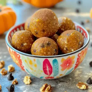 - 1 cup rolled oats - 1/2 cup canned pumpkin puree - 1/3 cup almond butter (or your preferred nut butter) - 1/4 cup honey or maple syrup (for sweetness) - 1 teaspoon vanilla extract - 1 teaspoon ground cinnamon - 1/2 teaspoon ground nutmeg - 1/4 teaspoon ground allspice - 1/4 teaspoon salt - 1/4 cup mini dark chocolate chips (optional for a sweet touch) - 1/4 cup chopped walnuts or pecans (optional for crunch) - 2 tablespoons chia seeds (for an extra boost of nutrition) When making Cinnamon Pumpkin Energy Balls, you need simple and wholesome ingredients. The rolled oats give a hearty base, while pumpkin puree adds moisture and flavor. Almond butter, or any nut butter, makes it creamy and rich. You can sweeten these balls with honey or maple syrup, depending on your taste. Spices like cinnamon, nutmeg, and allspice create that warm, cozy flavor. Adding salt balances the sweetness nicely. For optional fun, toss in mini dark chocolate chips for a sweet surprise. Chopped walnuts or pecans bring crunch, while chia seeds add extra nutrition. Gather these ingredients for a tasty, nutritious snack that you can enjoy anytime! Start by placing the rolled oats, canned pumpkin puree, and almond butter into a large mixing bowl. Mix these three ingredients until they blend well. This step is vital. It gives your energy balls a base that is both hearty and tasty. Next, pour in the honey or maple syrup and add the vanilla extract. Stir everything together. You want to make sure the sweetener and vanilla are evenly mixed in. This adds a lovely flavor to your energy balls. Now it's time to sprinkle in the ground cinnamon, nutmeg, allspice, and salt. Mix the ingredients again until all the spices are evenly distributed. This step is key for flavor. If the spices are not mixed well, some energy balls may taste bland while others are too strong. To make shaping the mixture easier, cover the bowl and chill it in the refrigerator for about 30 minutes. This helps firm up the mixture. Once chilled, take a tablespoon of the mixture and roll it into a small ball, about 1 inch in diameter. Repeat this process until you've formed all the mixture into balls. Arrange the energy balls on a parchment-lined baking sheet or plate. Make sure they are spaced apart so they don't stick together. For best results, put them back in the fridge for at least one hour to firm up. Enjoy your healthy snack! To get the right texture, you may need to adjust the mixture. If it feels too wet, add more oats. If it seems too dry, add more nut butter. Each change helps create a ball that holds together well. Chilling the mixture is also key. It makes it firmer and easier to roll into balls. I recommend chilling for at least 30 minutes. This step can save you from messy hands! Want to spice things up? Consider adding extra spices. Try ginger for a warm kick or cardamom for a unique taste. You can also mix in different nut butters. Peanut butter adds a bold flavor, while cashew butter gives a creamy touch. Each nut butter offers a different flavor, making your energy balls exciting. Serving these energy balls can be fun and creative! Place them in a bright bowl and sprinkle some cinnamon on top for a nice look. If you want to gift them, pack them in small jars. Tie a ribbon around the jar for a special touch. This makes a thoughtful gift for friends or family who enjoy healthy snacks! {{image_4}} If you need nut-free energy balls, you can easily swap nut butter. Use sunflower seed butter or pumpkin seed butter instead. These will keep the texture smooth and the flavor rich. If allergies are a concern, always check labels. Choose brands that are certified nut-free to avoid cross-contamination. To make these energy balls vegan, pick plant-based sweeteners. Maple syrup is a great choice. It adds sweetness without any animal products. For chocolate lovers, use dairy-free chocolate chips. These can replace regular chocolate without losing taste. Want to mix it up? You can add coconut flakes or chopped dried fruit. Both give extra flavor and texture. For seasonal fun, try festive spices like ginger or cloves. These add warmth and make your energy balls perfect for fall or winter. To keep your Cinnamon Pumpkin Energy Balls fresh, use an airtight container. This prevents air from getting in and keeps them moist. You can store them in the fridge or freezer. - Refrigeration: This is great for short-term storage. They stay fresh for about a week when kept cold. - Freezing: For longer storage, freeze the energy balls. They can last up to three months. Just make sure to separate them with parchment paper before freezing. This will help you grab just a few at a time. In the fridge, these energy balls last about 5 to 7 days. You can enjoy them as a quick snack or post-workout boost during this time. Watch for signs of spoilage. If they smell off or look dry, it’s best to toss them. Also, if you see any mold, do not eat them. Always trust your senses when it comes to food safety. To make these energy balls vegan, simply swap out the honey or maple syrup for a plant-based sweetener like agave syrup or brown rice syrup. You can also use almond butter or any nut butter that is free from dairy. All other ingredients in this recipe are already vegan-friendly. This change keeps the energy balls delicious while catering to a vegan diet. Yes, you can use fresh pumpkin! Start by roasting or steaming the pumpkin until it is soft. Then, puree it until smooth. Fresh pumpkin may have more moisture than canned, so you might need to adjust the amount of oats in the recipe. Go for a thicker consistency to ensure the energy balls hold their shape. If you want to avoid honey or maple syrup, you have several options. You can use agave nectar, coconut nectar, or brown rice syrup. Each sweetener will change the flavor slightly, but they all work well. If you need a lower-calorie option, try using a sugar-free syrup. Just remember to adjust the amount for sweetness to your taste! In this guide, we explored how to make delicious Cinnamon Pumpkin Energy Balls. I shared essential ingredients, step-by-step instructions, and helpful tips. We also discussed variations to fit different diets and storage tips to keep them fresh. Energy balls are easy to make and fun to personalize. You can mix flavors and textures to match your taste. Enjoy your tasty treats with confidence, knowing you made something healthy and satisfying.