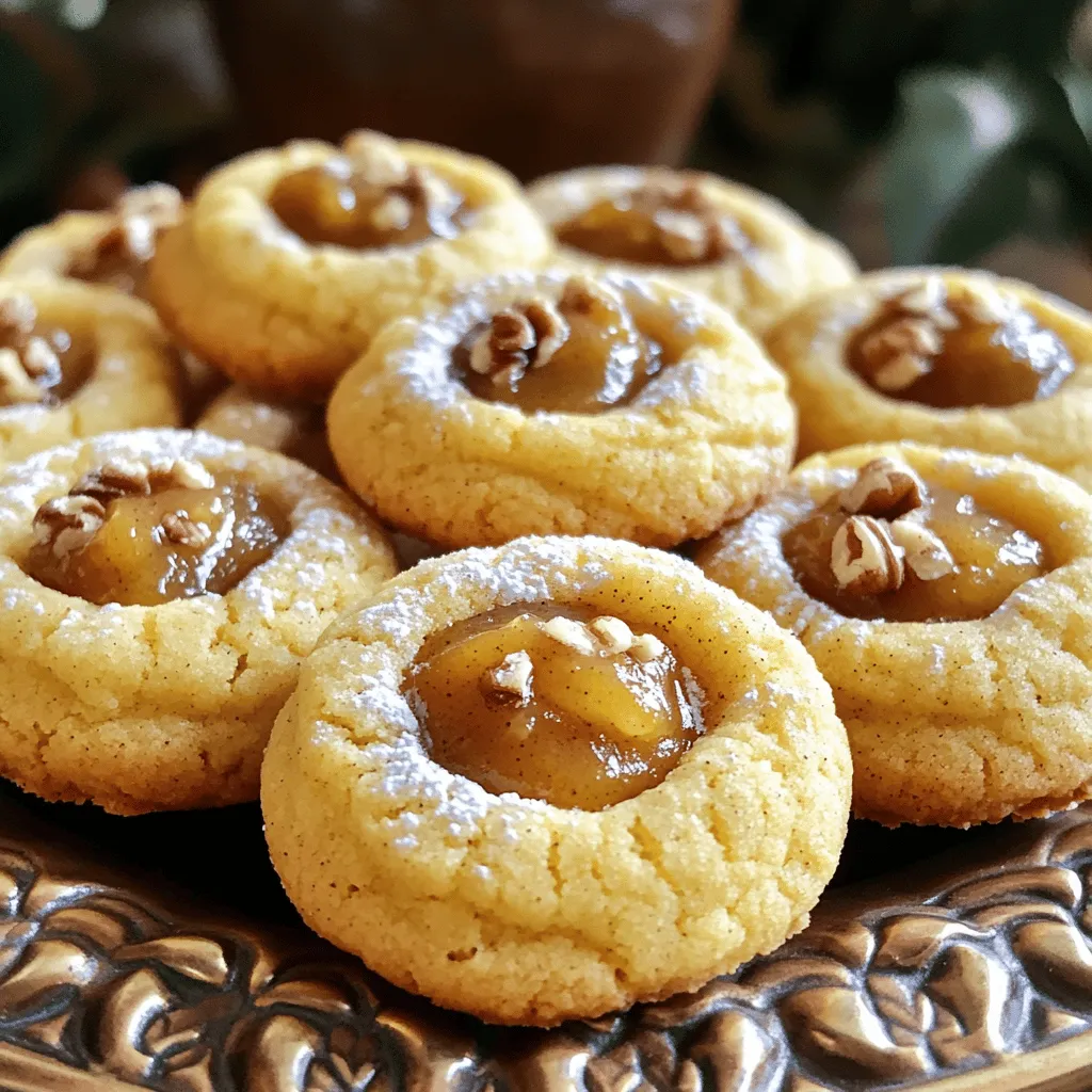 - 1 cup unsalted butter - 3/4 cup brown sugar - 1/2 cup granulated sugar - 2 large eggs - 1 teaspoon vanilla extract - 3 cups all-purpose flour - 1 teaspoon baking powder - 1/2 teaspoon baking soda - 1/4 teaspoon salt - 1 cup apple butter - 1 teaspoon ground cinnamon - 1/2 cup chopped walnuts (optional) - Additional spices (nutmeg, ginger) - Alternative types of nuts (pecans, almonds) - Non-dairy substitutes for butter and eggs When making Apple Butter Thumbprint Cookies, the right ingredients matter. First, gather your main ingredients. You need butter for richness, and both brown and granulated sugar to give sweetness. Eggs bind everything together and add moisture. Vanilla extract enhances the flavors. The flour, baking powder, baking soda, and salt create the cookie's structure. Apple butter is the star of this recipe, bringing a fruity taste. Ground cinnamon adds warmth and spice. If you like crunch, walnuts are a great choice. For a fun twist, try optional ingredients. You can add spices like nutmeg or ginger for extra flavor. Different nuts like pecans or almonds can change the cookie's taste. If you want a dairy-free treat, you can use substitutes for butter and eggs. These choices let you customize your cookies to fit your taste. Each option helps to make these cookies your own. Enjoy the process and the flavors! - Preheat oven to 350°F (175°C). - Line a baking sheet with parchment paper. Start by preheating your oven. This step is key for even baking. While it heats, line your baking sheet with parchment paper. This helps keep the cookies from sticking. - Cream together butter and sugars. - Incorporate eggs and vanilla extract. In a large bowl, add softened butter, brown sugar, and granulated sugar. Use an electric mixer to beat them together. You want a light and fluffy mix. This should take about 3 to 4 minutes. Next, add the eggs one by one, mixing well each time. Finally, stir in the vanilla extract until it is smooth. - Whisk together flour, baking powder, baking soda, salt, and cinnamon. In a separate bowl, whisk the dry ingredients. This includes all-purpose flour, baking powder, baking soda, salt, and cinnamon. This step ensures that all the flavors mix well. Gradually add this dry mix into the wet ingredients. Stir gently until just blended. If you like, fold in some chopped walnuts for a nice crunch. - Roll dough into balls and create indentations. - Fill each indentation with apple butter. Now it’s time to form the cookies. Use a tablespoon or small cookie scoop. Roll the dough into balls. Place them on your prepared baking sheet with space in between. Press your thumb or a measuring spoon into the center of each ball. Make a nice deep indentation. Then, fill each one with about a teaspoon of apple butter. Let it pool a bit in the center for extra flavor. - Bake for 12-15 minutes until edges are golden. - Cooling tips before transferring to wire rack. Place your baking sheet in the oven. Bake for 12 to 15 minutes. You’ll know they’re done when the edges turn a light golden brown. Once baked, let the cookies sit on the sheet for a few minutes. This helps them firm up. Then, gently move them to a wire rack to cool completely. This step helps keep their lovely shape. To get the best texture in your Apple Butter Thumbprint Cookies, start with room temperature ingredients. This helps the butter mix evenly with the sugars. If the butter is too cold, the dough may not blend well. Be careful not to overmix the dough. Mixing just until combined keeps your cookies soft and tender. Overmixing can make them tough. When adding the dry mix to the wet, fold gently. This keeps the dough light and fluffy. To bring out more flavor, consider adding spices like nutmeg or ginger. These spices pair well with apple butter. You can also try using chopped pecans or almonds instead of walnuts for a different twist. For apple butter, I recommend high-quality brands. Look for ones with no added sugars or preservatives. This ensures you get the best taste in your cookies. Arrange your cookies on a nice platter. A decorative plate makes them look fancy. You can dust them with powdered sugar for a sweet touch. Pair your cookies with coffee or tea for a perfect snack. The warm drink complements the apple butter flavor. You can even serve a small bowl of apple butter for dipping. This adds a fun twist and keeps the flavors rich. {{image_4}} You can change the flavors of your apple butter thumbprint cookies. Here are two fun ideas: - Pumpkin spice thumbprint cookies: Add pumpkin spice to the dough. Use one teaspoon of pumpkin pie spice in place of ground cinnamon. This change brings a warm, cozy taste to each bite. - Chocolate thumbprint cookies with apple butter: Mix in cocoa powder with your dough. Use 1/4 cup of unsweetened cocoa powder. This twist gives a rich, chocolatey flavor that pairs well with apple butter. Making these cookies fit your diet is easy. Try these ideas: - Gluten-free options: Use a gluten-free flour blend instead of all-purpose flour. This option allows everyone to enjoy these tasty treats without worry. - Vegan substitutions: Replace the butter with vegan butter and the eggs with flax eggs. To make one flax egg, mix one tablespoon of flaxseed meal with two and a half tablespoons of water. Let it sit for five minutes until it thickens. This keeps the cookies moist and delicious. You can give your cookies a seasonal flair too! Here are some fun options: - Holiday-themed cookies: Add festive flavors like cranberry or gingerbread. Use dried cranberries for a tart flavor or gingerbread spices for a warm touch. These twists make your cookies perfect for any holiday gathering. To keep your cookies fresh, cool them completely before storing. This step is key. Warm cookies can create steam that makes them soggy. Use an airtight container for the best results. You can also freeze cookies to enjoy later. Just be sure to place them in a freezer-safe bag to prevent freezer burn. When stored at room temperature, these cookies last about a week. If you store them in the fridge, they can last up to two weeks. Always check for signs of spoilage. Look for changes in color, texture, or smell. If cookies feel hard or dry, they may not taste good anymore. If you want to enjoy warm cookies again, reheating is easy. The best method is to use the oven. Preheat it to 300°F (150°C). Place cookies on a baking sheet for about 5-10 minutes. This method helps keep their texture and flavor intact. You can also use a microwave, but be careful. Heat them in short bursts to avoid making them tough. To make your thumbprint cookies chewy, follow these tips: - Measure flour correctly: Use the spoon and level method. This means spooning flour into the measuring cup and leveling it off with a knife. Too much flour can make cookies dry. - Adjust baking time: Bake until the edges are light brown. If you bake them too long, they will be hard. Chewy cookies come from the right balance of moisture and flour. Yes, you can use homemade apple butter! Here’s some advice: - Varieties: If your homemade apple butter is thicker, it may need less. If it’s thinner, add a bit more to each cookie. - Flavor: Homemade versions often taste richer. They can add a unique touch to your cookies. Feel free to experiment with different types of apple butter for varied flavors. Preventing cookie dough from spreading is easy with these solutions: - Chill your dough: Let the dough rest in the fridge for at least 30 minutes. This firms up the butter and keeps cookies from spreading too much. - Temperature of ingredients: Use cold ingredients, especially butter. Softened butter can lead to spreading. Following these steps helps keep your cookies thick and soft. Yes, you can freeze thawed cookies! Here’s how: - Best freezing techniques: Place cookies in a single layer on a baking sheet. Freeze until solid, then transfer to an airtight container. - Thawing tips: Let cookies thaw at room temperature. This keeps them soft and tasty. Proper freezing ensures your cookies stay fresh for later enjoyment. This blog post covered how to make delicious thumbprint cookies with apple butter. You learned about the main ingredients, mixing techniques, baking steps, and ways to change the recipe. I also shared tips for perfect texture and flavor, ideas for storing cookies, and answers to common questions. Now you can easily create these tasty treats and impress family and friends. Enjoy baking and make it your own with fun flavors and variations. Happy cooking!