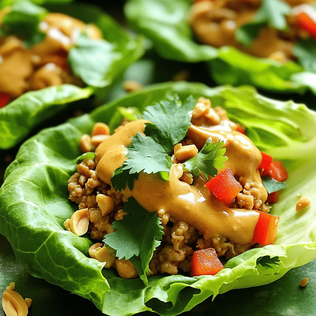 To make these wraps, you will need: - 1 lb ground chicken - 1/4 cup creamy peanut butter - 2 tablespoons soy sauce (or tamari for gluten-free) - 1 tablespoon brown sugar or honey - 1 tablespoon rice vinegar - 1 tablespoon sesame oil - 1 clove garlic, minced - 1 teaspoon fresh ginger, grated - 1/2 red bell pepper, finely diced - 1/2 cup shredded carrots - 1/4 cup chopped green onions - 1 head of butter or romaine lettuce, leaves separated These ingredients create a tasty and satisfying filling for the wraps. To elevate your wraps, consider these garnishes: - Chopped cilantro - Crushed peanuts These add flavor and crunch to each bite. You can easily adjust some ingredients to fit different diets. For a gluten-free option, use tamari instead of soy sauce. If you're vegan, swap the ground chicken for crumbled tofu or lentils. You can also replace peanut butter with almond or sunflower seed butter for nut-free diets. These changes keep the dish tasty while meeting your needs. First, heat a large skillet over medium heat. Add 1 pound of ground chicken. Cook the chicken for 5-7 minutes. As it cooks, break it apart with a spatula. Cook until it is well-browned and no longer pink. This step is key for great flavor. While the chicken cooks, grab a mixing bowl. Add 1/4 cup of creamy peanut butter. Then, add 2 tablespoons of soy sauce or tamari for a gluten-free option. Stir in 1 tablespoon of brown sugar or honey and 1 tablespoon of rice vinegar. Next, pour in 1 tablespoon of sesame oil. Mince 1 clove of garlic and grate 1 teaspoon of fresh ginger. Add these to the bowl. Whisk everything together until smooth. This sauce brings richness to your wraps. Once the chicken is cooked, pour the peanut sauce over it. Stir continuously for 2-3 minutes. Make sure the chicken is evenly coated. Next, add 1/2 diced red bell pepper and 1/2 cup of shredded carrots. Stir well and let them heat for 1-2 minutes. Remove from heat and fold in 1/4 cup of chopped green onions. These add a fresh crunch. To assemble, take a lettuce leaf and place a scoop of chicken filling in the center. Top with chopped cilantro and crushed peanuts for texture. Gently fold the sides of the lettuce over the filling to create your wrap. Enjoy every delicious bite of your Minute Thai Peanut Chicken Lettuce Wraps! To cook chicken well, use a large skillet. Heat it over medium heat and add one pound of ground chicken. Cook it for about five to seven minutes. Break the chicken apart with a spatula as it cooks. Look for a nice golden color. This shows that the chicken is fully cooked. Make sure there are no pink spots left. This keeps your meal safe and tasty. For extra flavor, add more ingredients. Try a splash of lime juice for brightness. You could also use a bit of sriracha for heat. Fresh herbs like mint or basil can add a nice touch. Feel free to mix in more veggies too. Chopped cucumbers or shredded cabbage work well. These tweaks make the dish more exciting and flavorful. To serve your wraps beautifully, use a large platter. Lay out the lettuce wraps neatly. Garnish with extra cilantro and crushed peanuts on top. This adds color and texture. You can also add a small bowl of peanut sauce on the side. It gives guests a chance to dip as they eat. A vibrant display makes the meal even more inviting! {{image_4}} If you want a meat-free version of these wraps, you have great options. Substitute the ground chicken with crumbled tofu or tempeh. Both options soak up the flavors well. For a nutty taste, consider using chickpeas. Just mash them lightly before mixing. Replace peanut butter with sunflower seed butter for a nut-free option. This keeps the dish creamy and smooth while making it safe for nut allergies. You can switch up the protein in these wraps easily. Ground turkey or pork works well and offers new flavors. For a seafood twist, try shrimp or crab. Just cook the shrimp until they turn pink and tender. If you prefer a plant-based option, use lentils or black beans. They add protein and fiber, making the dish hearty and healthy. Want to kick up the heat? Add chili flakes or sriracha to the peanut sauce. Start with a small amount and taste as you go. If you want it milder, leave out any spicy elements. You can also serve with sliced jalapeños on the side. This way, everyone can adjust the spice to their liking. To keep your Minute Thai Peanut Chicken Lettuce Wraps fresh, store them in an airtight container. Make sure to separate the chicken filling from the lettuce leaves. This way, the leaves remain crisp and do not get soggy. Leftover chicken should last up to three days in the fridge. When you want to enjoy the leftovers, reheat the chicken filling in a skillet over medium heat. Stir it often to ensure it heats evenly. It usually takes about 3-5 minutes. You can also microwave it for a quicker option. Just cover the bowl to keep moisture in. If you want to save some for later, freezing is a great option. Place the chicken filling in a freezer-safe bag or container. Remove as much air as possible to prevent freezer burn. It will last up to three months in the freezer. When ready to eat, thaw it overnight in the fridge, then reheat as mentioned above. Yes, you can prepare these wraps ahead of time. Cook the chicken filling first. Once it cools, store it in the fridge. When you are ready to eat, just scoop it into the lettuce leaves. This makes for a quick meal. Just remember to keep the lettuce separate until you are ready to serve. This keeps the leaves fresh and crisp. If you want to skip the lettuce, try using other leaves. You can use cabbage leaves for a crunchy bite. You might also like using collard greens or even rice paper. Each option gives a different flavor and texture. Choose what you like best for your wraps. To make this dish gluten-free, swap soy sauce for tamari. Tamari has a similar taste without gluten. Always check labels on sauces and other ingredients. Some brands may add gluten to their products. By making this simple change, you can enjoy the wraps without worry. You now know how to create tasty wraps with various options. We discussed main ingredients, preparation steps, and tips to perfect your dish. You can also make it vegetarian and adjust spice levels. Store leftovers properly to enjoy later. With these ideas, you can impress your friends and family. Simple, fun, and delicious wraps await you. Enjoy making your own!