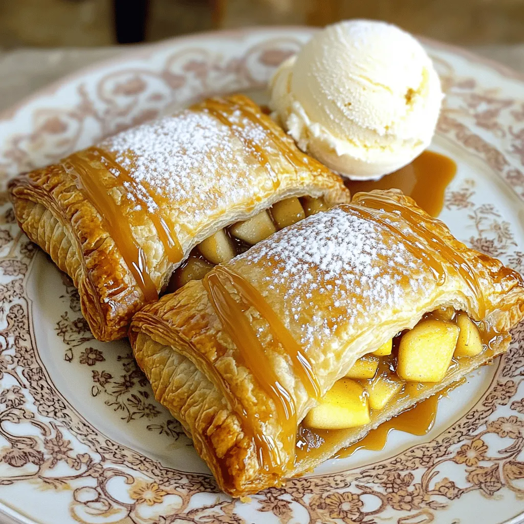 - 2 large apples (such as Granny Smith or Honeycrisp), peeled and diced - 1 cup caramel sauce (store-bought or homemade) - 1 teaspoon ground cinnamon - 1 tablespoon fresh lemon juice - 1 package (17.3 oz) frozen puff pastry sheets, fully thawed - 1 large egg, beaten (for egg wash) - 2 tablespoons packed brown sugar - 1 tablespoon all-purpose flour - A pinch of salt Each ingredient plays a key role in making these caramel apple turnovers delightfully tasty. - Apples: The main filling. They provide sweetness and a nice crunch. - Caramel sauce: Adds a rich, sweet flavor and gooey texture. - Cinnamon: Gives warmth and spice, enhancing the apple flavor. - Lemon juice: Brightens the taste and balances the sweetness. - Puff pastry: Creates the flaky, crispy outer layer. It puffs up during baking. - Egg: The egg wash gives a golden color and nice shine. - Brown sugar: Adds depth and extra sweetness to the filling. - All-purpose flour: Helps thicken the filling, making it less runny. - Salt: Enhances all the flavors, making them pop. You can make these turnovers even if you don't have every item on hand. - Apples: Use any firm apple, like Fuji or Braeburn, for good results. - Caramel sauce: Maple syrup or chocolate sauce can work as alternatives. - Cinnamon: Nutmeg or pumpkin spice can add a different flavor twist. - Lemon juice: Lime juice can replace lemon juice in a pinch. - Puff pastry: You can use store-bought pie crust if that’s what you have. - Egg: Use milk or a plant-based milk for a vegan option. - Brown sugar: White sugar can substitute, but it won't be as rich. - All-purpose flour: Cornstarch can thicken the filling if needed. - Salt: If you're out of salt, just skip it; flavors will still shine. First, heat your oven to 400°F (200°C). This step is key for getting that nice, golden crust. While it warms up, grab a baking sheet. Line it with parchment paper to prevent sticking. This will make cleaning up a breeze later. In a large bowl, mix the diced apples and caramel sauce. Add ground cinnamon, fresh lemon juice, brown sugar, all-purpose flour, and a pinch of salt. Stir well until the apples are coated. The lemon juice keeps the apples fresh and bright. Let this mixture sit. It allows the flavors to combine and taste better. On a floured surface, roll out the puff pastry sheets. This helps remove creases. Cut each sheet into squares about 4x4 inches. Place a heaping tablespoon of the apple filling in the center of each square. Fold the squares diagonally to make triangles. Press the edges well to seal them. You can use a fork to crimp the edges for a nice look. Brush the tops with a beaten egg for a shiny finish. Place the turnovers on the lined baking sheet, leaving space between them. Bake for 15-20 minutes until they puff up and turn golden brown. After baking, let them cool for a few minutes. If you want to make them extra special, drizzle with more caramel sauce before serving. To get the best puff pastry, keep it cold. When the pastry is cold, it puffs better. Thaw it in the fridge, not on the counter. Roll it out lightly on a floured surface. Avoid pressing too hard, or it won’t rise well. When you cut the squares, make sure they are even. This helps them bake uniformly. You can boost the flavor of the apple filling. Add a bit of nutmeg along with the cinnamon. It gives a warm taste. Mixing in some chopped nuts, like pecans or walnuts, adds crunch. A splash of vanilla extract can also enhance the caramel flavor. And don’t skip the lemon juice; it brightens the apples and balances the sweetness. For a shiny finish, use a good egg wash. Mix one large beaten egg with a tablespoon of water. Brush this mixture on the tops of the turnovers before baking. This gives them a lovely golden color. You can sprinkle a little sugar on top for extra sparkle and sweetness. Just remember, a well-done egg wash makes your turnovers look professional! {{image_4}} You can use many types of apples in your caramel apple turnovers. Granny Smith apples add a tart taste that balances the sweet caramel. Honeycrisp apples provide a nice crunch and natural sweetness. Fuji apples also work well for their juicy texture. Try mixing different apples for a unique taste. Each type brings its own flavor and texture to the filling. While caramel sauce is a classic choice, you can get creative with other sauces. Warm chocolate sauce adds a rich twist. You could also try a creamy vanilla glaze for a lighter touch. For a fruity option, drizzle with raspberry sauce. Each sauce can change the flavor profile and make your turnovers shine. You can easily adapt your turnovers to fit the season. In fall, add chopped pecans or walnuts for a nice crunch. A sprinkle of nutmeg or allspice can enhance the cozy flavor. In spring, consider adding fresh berries to the apple filling. You can also swap in seasonal spices like ginger for a spicy kick. These small changes can make your turnovers feel fresh and exciting all year round. To keep your caramel apple turnovers fresh, store them in an airtight container. Place parchment paper between layers to prevent sticking. They stay good at room temperature for up to two days. For longer storage, keep them in the fridge for up to a week. Just make sure they cool completely before sealing them up. This helps maintain their flaky texture. When you're ready to enjoy your leftovers, preheat the oven to 350°F (175°C). Place the turnovers on a baking sheet lined with parchment paper. Bake for about 10-15 minutes or until they are heated through. This method keeps the pastry crisp. You can also reheat them in an air fryer for a few minutes at 350°F for a faster option. Freezing is a great way to save your caramel apple turnovers. Allow them to cool completely, then wrap each turnover in plastic wrap. Place them in a freezer-safe bag or container. They can be frozen for up to three months. When you want to eat them, bake from frozen at 400°F (200°C) for about 20-25 minutes. This gives you a hot, flaky treat anytime! Yes, you can use homemade caramel sauce. In fact, it can add a fresh taste. Just ensure it’s thick enough to hold its shape in the filling. If it’s too runny, it may leak out during baking. A good homemade caramel sauce is simple to make and usually tastes better than store-bought. To keep the pastry crisp, avoid overfilling each turnover. Use just enough filling to avoid leaks. Additionally, make sure to use a good amount of flour when rolling out the pastry. This helps absorb any moisture. Also, bake them on a lined sheet to catch any drips. You’ll know the turnovers are done when they turn golden brown. They should also puff up nicely. If you press gently, they should feel firm. Keep an eye on them in the last few minutes to avoid burning. The aroma will also be heavenly! Yes, you can make these turnovers in advance. You can prepare them and keep them in the fridge for a few hours before baking. For longer storage, freeze them before baking. Just make sure to wrap them well in plastic wrap or foil. When ready, bake them straight from the freezer, adding a few extra minutes to the time. This blog post covered how to make tasty apple turnovers. We explored the key ingredients, from fresh apples to flaky puff pastry. You learned how to prepare, assemble, and bake these treats. I shared tips for perfecting your filling and pastry texture. We also discussed variations and storage options for your leftovers. In closing, making apple turnovers is simple and fun. Experiment with flavors and techniques to find your perfect treat. Enjoy baking!