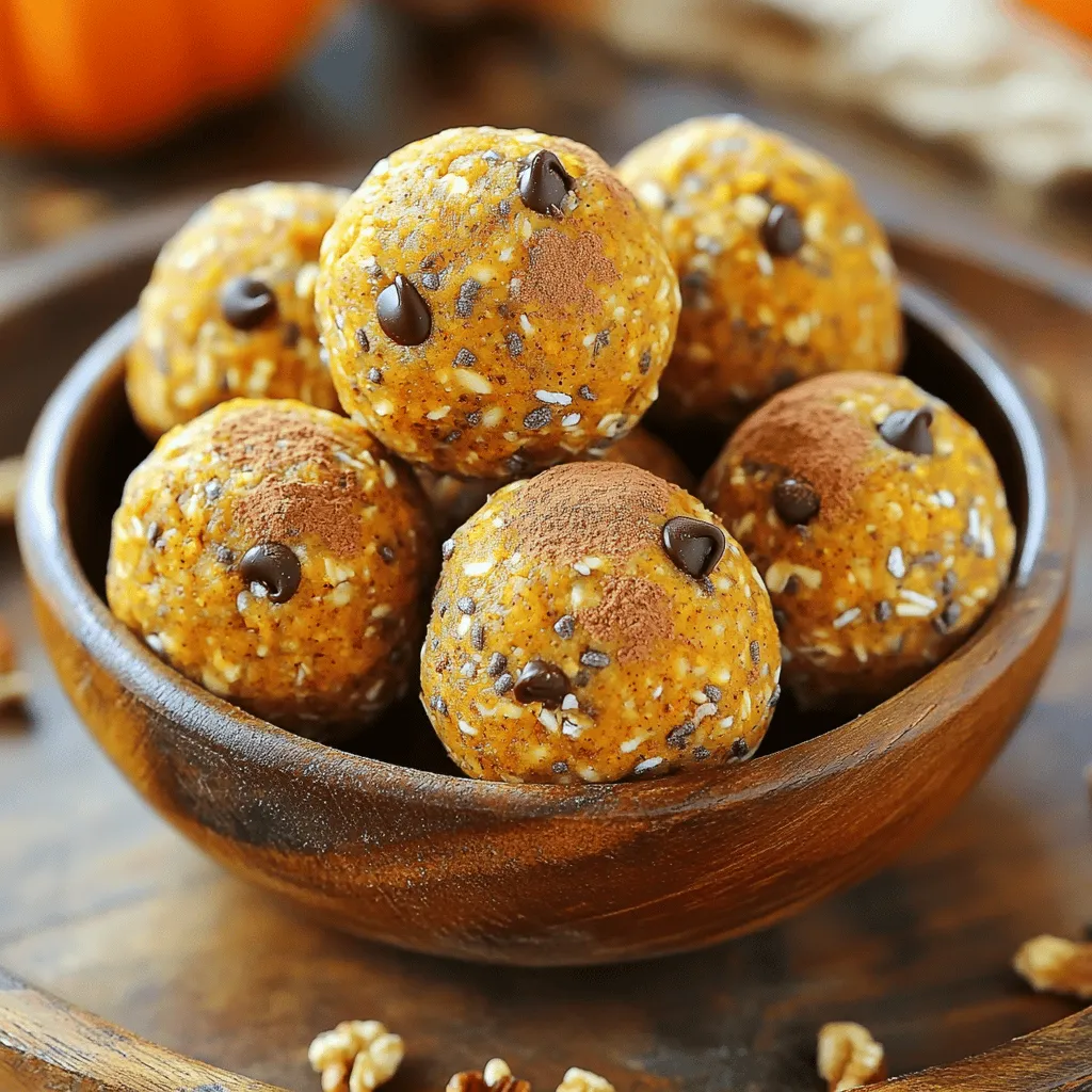 - 1 cup rolled oats - 1/2 cup pumpkin puree - 1/4 cup vanilla protein powder - 1/4 cup almond butter or peanut butter - 1/4 cup pure maple syrup These main ingredients create a base that is both nutritious and tasty. The rolled oats give a great texture. Pumpkin puree adds moisture and flavor. Vanilla protein powder boosts protein content. Almond or peanut butter adds creaminess and healthy fat. Maple syrup sweetens the mix naturally. - 1 teaspoon pumpkin pie spice - 1/4 teaspoon salt - 1/4 cup mini chocolate chips - 1/4 cup chopped walnuts or pecans Adding these optional ingredients makes your protein balls even better. Pumpkin pie spice gives them that warm, cozy flavor of fall. A pinch of salt enhances all the other tastes. Mini chocolate chips add sweetness and fun. Chopped nuts give a nice crunch. Feel free to mix and match based on what you love! First, you need to prepare the mixture for your pumpkin pie protein balls. Start by taking a large mixing bowl. In this bowl, combine: - 1 cup rolled oats - 1/4 cup vanilla protein powder Stir these ingredients well. This step ensures they mix evenly. Next, add in the wet ingredients. Include: - 1/2 cup pumpkin puree - 1/4 cup almond butter (or peanut butter if you prefer) - 1/4 cup pure maple syrup - 1 teaspoon pumpkin pie spice - 1/4 teaspoon salt Mix until you see a smooth and even texture. All ingredients should blend nicely. Now that your mixture is ready, it’s time to mix it all together. Use a spatula or your hands to combine everything. You want the mixture to be cohesive and slightly sticky. This is a key step for the perfect texture. If you like a bit more flavor and texture, fold in: - 1/4 cup mini chocolate chips (optional) - 1/4 cup chopped walnuts or pecans (optional) Once mixed, take small portions of the mixture. Roll them into balls about 1 inch in diameter. Place each ball onto a parchment-lined baking sheet. This makes cleanup easy later. After rolling all the balls, it’s time to chill them. Put the baking sheet in the refrigerator. Let the balls chill for at least 30 minutes. This helps them firm up. Once they are set and firm, they are ready to enjoy. You can store any leftovers in an airtight container in the fridge to keep them fresh. To get the best texture in your pumpkin pie protein balls, make sure all ingredients mix well. I like to blend them until everything is smooth. If your mixture feels too sticky, you can add more oats. If it seems dry, simply mix in a bit more nut butter. This helps create a perfect consistency for rolling. When serving these tasty treats, I recommend using a rustic bowl. It adds charm and makes the snack look inviting. You can also sprinkle some pumpkin spice on top for a beautiful finish. This little touch makes them even more appealing. Want to mix things up? Try using different flavors of protein powder. Chocolate or cinnamon can give a fun twist. For a sweeter touch, drizzle some maple syrup over the top before serving. This adds extra flavor and makes your protein balls even more delicious. {{image_4}} Chocolate Pumpkin Protein Balls You can easily make chocolate pumpkin protein balls. Just add 1/4 cup of cocoa powder to the mix. This adds a rich chocolate flavor that pairs well with pumpkin. You can also fold in mini chocolate chips for extra sweetness. Cinnamon Raisin Protein Balls For a warm twist, try cinnamon raisin protein balls. Add 1 teaspoon of cinnamon and 1/4 cup of raisins into the mixture. This gives a chewy texture and a sweet, spiced flavor that reminds you of fresh cinnamon rolls. Vegan substitution options To make these protein balls vegan, swap the honey for agave syrup or maple syrup. Ensure your protein powder is plant-based. Use almond or sunflower seed butter for a creamy texture without animal products. Gluten-free alternatives If you need a gluten-free option, use certified gluten-free oats. Most protein powders are gluten-free, but always check the label. This way, everyone can enjoy this tasty snack without worry. Using seed butter instead of nut butter If you have nut allergies, use sunflower seed butter instead of almond or peanut butter. This keeps the creamy texture while being safe for nut-free diets. Omitting nuts altogether You can skip the nuts if you want. Just make the recipe as is, and enjoy the chewy texture from the oats alone. The protein powder still gives you a good boost without any nuts. To keep your pumpkin pie protein balls fresh, use airtight containers. This helps maintain their flavor and texture. Store them in the fridge. They taste best within a week. If you want to save some for later, freeze the protein balls. Place them in a freezer-safe bag or container. This gives them a longer shelf life. When you’re ready to eat, simply take out the number you want. Thaw them in the fridge for a few hours or overnight. These tasty treats are best enjoyed fresh. However, if stored right, they last about one week in the fridge. Look for signs like an off smell or a change in texture. If they feel dry or crumbly, it’s time to toss them. Always trust your senses for the best quality! You can store pumpkin pie protein balls in the fridge for up to one week. Make sure to keep them in an airtight container to keep them fresh. If you want to save them longer, they freeze well for up to three months. Just place them in a freezer-safe bag or container. When you're ready to eat them, thaw them in the fridge overnight. Yes, you can substitute the protein powder. If you prefer plant-based options, try pea protein or brown rice protein. For a dairy choice, whey protein works great too. Just keep in mind that different powders may change the flavor or texture a bit. It’s a fun way to experiment! If you don't have maple syrup, try honey or agave nectar. Both will add sweetness. You can also use date syrup for a natural sweetener. Each option might change the taste slightly, so pick what fits best for you. Enjoy the sweet journey! In this post, we explored how to make delicious Pumpkin Pie Protein Balls. We covered key ingredients, mixing steps, and fun variations. These snacks offer tasty nutrition and can fit any diet. You can store them easily and enjoy their flavor for days. Get creative with spices and toppings to suit your taste. These protein balls are not just healthy; they are fun to make and share. Try them out, and elevate your snack game with each delicious bite!