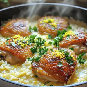 - 4 boneless, skinless chicken thighs - 1 cup jasmine rice - 2 cups chicken broth - 1 medium onion, diced - 4 cloves of garlic, minced - 1 cup heavy cream - 2 tablespoons lemon juice - Zest of 1 lemon - 1 teaspoon dried thyme - 1 teaspoon paprika - Salt and pepper to taste - 2 tablespoons olive oil - Fresh parsley, chopped (for garnish) To make creamy lemon garlic chicken and rice, you need a few key ingredients. First, choose boneless, skinless chicken thighs. They stay juicy and tender during cooking. Next, grab jasmine rice. It cooks perfectly and absorbs flavors well. Chicken broth is crucial for adding depth to your dish. Use a good quality one for the best taste. You'll also need a medium onion and garlic cloves. They build a strong flavor base for your meal. Heavy cream gives the dish its creaminess. Don't skip the lemon juice and zest; they add a bright, fresh flavor. For seasonings, use dried thyme and paprika. They enhance the overall taste. Finally, have salt and pepper on hand to season to your liking. Olive oil is essential for sautéing the chicken and aromatics. For garnish, fresh parsley adds a nice touch and color. With these ingredients, you are ready to create a delightful one-pot meal that dazzles the palate. Start by seasoning the chicken thighs. Use salt, pepper, thyme, and paprika. This mix adds great flavor. Heat olive oil in a large pot over medium heat. Once the oil is shimmering, add the seasoned chicken thighs. Sear each thigh for about 5 minutes, or until they turn golden brown. After browning, take the chicken out and set it aside on a plate. In the same pot, add the diced onion and minced garlic. Sauté them for about 3-4 minutes. Stir until the onion looks translucent and the garlic smells good. Now, add the jasmine rice. Stir the rice for 1 minute. This lets the rice soak up the tasty oils from the onion and garlic. Next, pour in the chicken broth. Add the lemon juice and lemon zest too. Stir everything until it mixes well. Carefully return the seared chicken thighs to the pot. Make sure they are mostly covered by the liquid. Bring the mix to a gentle simmer. Cover the pot and reduce the heat to low. Let it cook for about 20 minutes. This allows the rice to become tender and soak up the liquid. After the rice is cooked, stir in the heavy cream. This makes the dish rich and creamy. Let it simmer for another 2-3 minutes. Finally, taste the dish and adjust the seasoning with more salt and pepper if needed. - Best practices for browning chicken: Start with a hot pan. Use olive oil to coat the bottom. Season the chicken well. Place it in the pan without overcrowding. Sear each side for about five minutes. This gives the chicken a nice, golden color. - Ensuring perfect rice texture: Rinse jasmine rice in cold water before cooking. This removes excess starch. When cooking, let the rice absorb the liquid fully. Avoid stirring too much during cooking. This keeps it fluffy and prevents it from getting mushy. - Additional herbs and spices to consider: Try adding fresh rosemary or basil for extra flavor. A pinch of red pepper flakes gives a nice kick. You can also use lemon thyme for a citrusy touch. - Using homemade chicken broth for depth: Homemade broth adds richness and flavor. It’s easy to make with chicken bones and veggies. Using broth instead of water gives the dish a more robust taste. - Ideal pairings and side dishes: Serve this dish with a simple green salad. Steamed broccoli or green beans also work well. Add crusty bread for a complete meal. - Creative presentation ideas: Use shallow bowls for serving. Ladle the creamy chicken and rice in the center. Add fresh parsley on top for color. A sprinkle of lemon zest brightens the dish visually and flavor-wise. {{image_4}} You can switch chicken for turkey. Turkey thighs work well and stay juicy. Tofu is another choice for a vegetarian meal. Use firm tofu, and press it to remove excess water. You can also try different cuts of chicken. Chicken breasts are leaner and cook faster. Drumsticks can add a different texture and flavor. Add capers or sun-dried tomatoes for an extra punch. Capers give a nice briny taste. Sun-dried tomatoes add sweetness and depth. You can also play with different citrus fruits. Try lime or orange juice for a fresh twist. Each fruit brings its unique flavor while still pairing well with chicken. To make it dairy-free, use coconut milk instead of heavy cream. It adds creaminess and a hint of sweetness. For gluten-free options, switch to cauliflower rice. It cooks quickly and absorbs flavors well. You can also use gluten-free jasmine rice if you prefer. These twists keep the dish enjoyable for everyone. To store your creamy lemon garlic chicken and rice, let it cool first. Place it in an airtight container. This keeps the dish fresh in the fridge. It is best to eat leftovers within three days. For long-term storage, freeze portions. Use freezer-safe bags or containers. Be sure to label them with the date. To reheat, use the microwave or stovetop. If using the microwave, cover it with a lid or damp paper towel. This helps keep moisture in. If using the stovetop, add a splash of chicken broth or water. Stir often to prevent sticking. Heat until warm throughout. In the fridge, your dish lasts about three to four days. If you freeze it, it can last up to three months. Look for signs of spoilage. If it smells off or looks discolored, it’s best to toss it. Always trust your senses when checking food freshness. Yes, you can make this dish in advance. Cook it fully, then let it cool. Store it in an airtight container in the fridge for up to three days. To serve, just reheat it on the stove or in the microwave. This makes it easy for busy days. If you want a lighter option, use half-and-half or whole milk. You can also use coconut cream for a dairy-free alternative. Just keep in mind that the flavor may change a bit. Aim for the same amount as heavy cream to keep the dish creamy. The rice is cooked when it is tender and has absorbed most of the liquid. You can taste a few grains to check. If the rice is still hard, cover it and let it cook for a few more minutes. Make sure to keep an eye on the liquid level too. Yes, you can create a vegetarian version! Replace the chicken with firm tofu or chickpeas. Use vegetable broth instead of chicken broth. The cream can be swapped with a plant-based alternative. The flavors will still be bright and tasty. You can use brown rice, but it takes longer to cook. Brown rice usually needs about 40-45 minutes of cooking time. Add more liquid and check it often. The texture will be chewier, but it will still taste great with the creamy sauce. This recipe combines simple ingredients for a flavorful meal. You learned to prepare chicken, rice, and aromatics together. Tips enhance taste, while variations offer flexibility. Storing leftovers is easy, and knowing how long they last helps. Remember, you can adjust flavors based on preference. With a few tweaks, you can make it fit your needs. Enjoy cooking this dish and sharing it with friends!