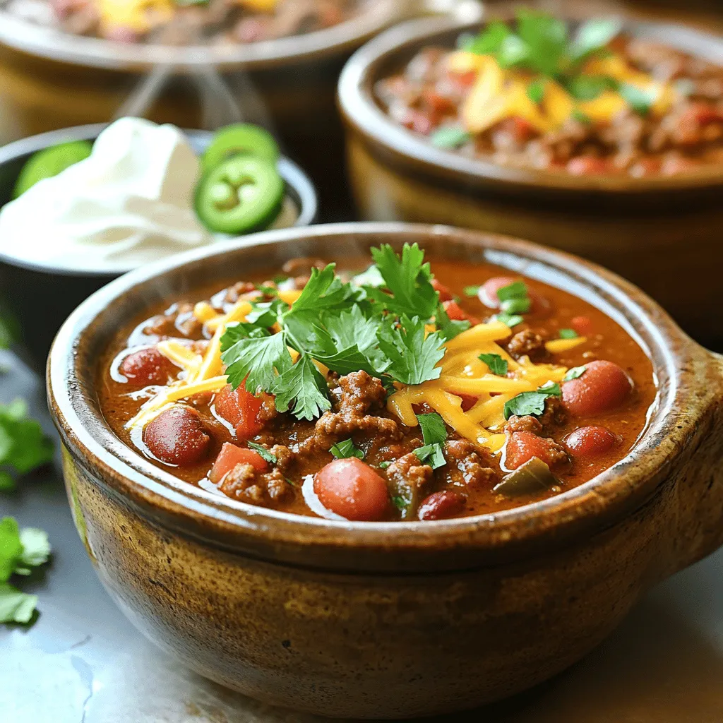 - 2 lbs ground beef - 1 large onion, diced - 4 cloves garlic, minced - 2 bell peppers (1 red and 1 green), diced - 2 cans (14 oz each) diced tomatoes with green chilies - 1 can (15 oz) kidney beans - 1 can (15 oz) pinto beans - 2 tablespoons chili powder - 1 tablespoon ground cumin - 1 tablespoon smoked paprika - 1 teaspoon cayenne pepper - 1 teaspoon salt - ½ teaspoon black pepper - 2 cups beef broth - 2 tablespoons olive oil - Optional toppings: shredded cheese, sour cream, sliced jalapeños, chopped parsley or cilantro To make Texas Style Beef Chili, you need a mix of fresh and canned items. The ground beef gives it a hearty base. I like using two bell peppers for a sweet crunch. Diced tomatoes add moisture, while kidney and pinto beans give it that classic chili texture. For spices, chili powder is key. It brings the heat and flavor. Ground cumin adds a warm, earthy note, and smoked paprika gives depth. Adjust the cayenne pepper to your taste. The salt and black pepper round out the flavor. Don't forget the beef broth; it keeps the chili rich and adds body. Olive oil helps sauté the veggies, making them soft and tasty. Feel free to add toppings like cheese, sour cream, or jalapeños to make each bowl unique. - Heat 2 tablespoons of olive oil in a large pot. - Add 1 large diced onion, 4 minced garlic cloves, and 2 diced bell peppers. - Cook these for 5-7 minutes until they soften and smell great. - Raise the heat to medium-high and add 2 lbs of ground beef. - Break the beef apart as it cooks for 8-10 minutes until it turns brown. - Drain any extra fat if there is too much in the pot. - Stir in 2 tablespoons of chili powder, 1 tablespoon of ground cumin, and 1 tablespoon of smoked paprika. - Add 1 teaspoon of cayenne pepper, 1 teaspoon of salt, and ½ teaspoon of black pepper. - Cook the spices for 2 minutes to boost their flavor. - Pour in 2 cans of diced tomatoes with green chilies, undrained, and 2 cups of beef broth. - Mix well and bring to a rolling boil. - Reduce the heat and let it simmer for at least 30 minutes with the pot covered. - Fold in 1 can of drained kidney beans and 1 can of drained pinto beans. - Stir to combine and let it simmer for another 15-30 minutes. This depends on how thick you like your chili. - Before serving, taste the chili and adjust the seasoning if needed. - Enjoy a hearty bowl of Texas Style Beef Chili! To make your Texas Style Beef Chili taste great, use high-quality spices. Fresh spices give your chili depth and richness. I like to let my chili sit for at least an hour. This resting time helps the flavors blend better. If you have time, letting it sit overnight is even better. When cooking, keep stirring your chili. This step keeps it from sticking to the bottom of the pot. If you like heat, adjust the cayenne pepper. Start with a little and add more if you want it spicier. For a great look, garnish your chili with chopped parsley or cilantro. This adds a fresh touch. Also, offer optional toppings like shredded cheese, sour cream, and sliced jalapeños. This way, everyone can customize their bowl. {{image_4}} You can switch up the meat in your chili. Ground turkey or chicken gives a lighter option. They still add great flavor while cutting fat. If you want more taste, add sausage or chorizo. These meats bring a nice kick and help the chili shine. For a meat-free chili, try using lentils or extra beans. Lentils cook well and add texture. Beans provide protein and fiber. Also, swap beef broth for vegetable broth. This keeps the chili rich without the meat. Enhance your chili with unique flavors. Add dark chocolate or cocoa powder to boost richness. It sounds odd, but it works wonders with chili. You can also add corn or zucchini for extra veggies. These ingredients give a fun twist and add more to your meal. Store any leftover Texas Style Beef Chili in an airtight container. It can last for up to 5 days. Make sure it cools down before sealing it tightly. This keeps the flavors fresh and ready for your next meal. You can freeze the chili in portions for up to 3 months. Divide it into single-serving containers for easy meals later. When you want to enjoy it again, thaw the chili in the refrigerator overnight. This helps it keep its taste and texture. You can reheat the chili on the stovetop or in the microwave. If it seems dry, add a splash of beef broth. This keeps it moist and delicious. Stir it well while reheating to make sure it warms evenly. Enjoy your hearty meal again! Texas Style Chili stands out for its bold flavors and hearty texture. It uses ground beef as the main protein, making it rich and filling. Key ingredients include: - Ground beef - Diced tomatoes with green chilies - Kidney beans and pinto beans - A blend of spices like chili powder and cumin Texas chili avoids beans in some recipes, but ours includes them for added texture. The cooking method also matters; we brown the meat and sauté vegetables first, creating a deep flavor base. This method gives Texas chili its unique, robust profile. Yes! You can easily adapt this recipe for a slow cooker. Here’s how: - Start by browning the ground beef in a pan. This step adds great flavor. - Sauté the onions, garlic, and bell peppers in the same pan, then add them to the slow cooker. - Combine all other ingredients, including spices, diced tomatoes, and beans, in the slow cooker. - Cook on low for 6-8 hours or high for 3-4 hours. This method lets the flavors meld beautifully over time. The heat level of Texas Style Beef Chili can be adjusted to your liking. Our recipe includes: - 1 teaspoon cayenne pepper (adjust as needed) - Chili powder, which can also add warmth If you prefer a milder chili, reduce the cayenne or skip it altogether. For more heat, add more cayenne or toss in fresh jalapeños. Taste as you go to find the right balance for you. Serving Texas Style Chili is part of the fun! Here are some great ideas: - Ladle the chili into hearty bowls. - Top with shredded cheese, sour cream, or sliced jalapeños for extra flavor. - Pair with cornbread or tortilla chips for a crunchy side. - Enjoy it with a cold beer or iced tea to balance the heat. This makes for a complete meal that everyone will love. Texas Style Beef Chili can last for several days. Follow these tips: - Store leftovers in an airtight container in the fridge for up to 5 days. - If you want to keep it longer, freeze the chili in portions. It can last for up to 3 months. - When reheating, use the stovetop or microwave. Add a splash of broth to keep it moist. This way, you can enjoy this hearty meal anytime! In this article, we covered the essential ingredients and steps for making Texas Style Beef Chili. From choosing quality spices to customizing with toppings, every detail matters. Remember to adjust the heat to your taste and let your chili sit for rich flavors. Whether you enjoy it fresh or as leftovers, this dish is versatile and satisfying. Perfect for gatherings or cozy nights, Texas chili never disappoints. Dive in and enjoy the process of creating this hearty meal.