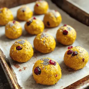 To make these tasty bites, gather these main ingredients: - 1 cup rolled oats - 1/2 cup canned pumpkin puree - 1/3 cup almond butter (or peanut butter) - 1/4 cup honey or maple syrup - 1/2 teaspoon pure vanilla extract - 1/2 cup dried cranberries, chopped - 1/4 cup chia seeds - 1 teaspoon ground cinnamon - 1/2 teaspoon ground nutmeg - A pinch of salt These ingredients work together to create a chewy, flavorful snack. The oats provide fiber, while pumpkin adds moisture and nutrients. You can switch some ingredients if you like. Here are a few options: - Use peanut butter instead of almond butter for a different flavor. - Substitute honey with maple syrup for a vegan option. - Swap dried cranberries with raisins or chopped dates for variety. These tweaks can change the taste but keep the bites healthy. Each ingredient adds its own health perks: - Rolled oats are high in fiber, aiding digestion. - Canned pumpkin is rich in vitamins A and C, supporting your immune system. - Almond butter provides healthy fats and protein, helping you feel full. - Honey or maple syrup gives a natural sweetness without refined sugars. - Chia seeds are packed with omega-3 fatty acids and fiber, promoting heart health. - Cinnamon and nutmeg add flavor and may help regulate blood sugar levels. By choosing these good-for-you ingredients, you create a snack that fuels your day. First, grab a large mixing bowl. Add 1 cup of rolled oats, 1/4 cup of chia seeds, 1 teaspoon of ground cinnamon, 1/2 teaspoon of ground nutmeg, and a pinch of salt. Stir these dry ingredients well with a spoon. Make sure they mix evenly. This helps the flavors blend nicely. In another bowl, whisk together 1/2 cup of canned pumpkin puree, 1/3 cup of almond butter, and 1/4 cup of honey (or maple syrup). Also, add 1/2 teaspoon of pure vanilla extract. Keep whisking until the mixture is smooth and creamy. You want to avoid any lumps. This creamy mix adds moisture and flavor. Next, pour the wet mixture into the dry ingredients. Stir thoroughly until everything combines well. You should see a uniform mix. Now, gently fold in 1/2 cup of chopped dried cranberries. This step adds sweetness and a nice chewy texture. Cover the bowl with plastic wrap. Place it in the fridge for about 30 minutes. Chilling helps the mixture firm up, making it easier to shape. After 30 minutes, scoop out portions with a tablespoon. Roll each portion into small balls. Place them on a parchment-lined baking sheet. Once you shape all the bites, store them in an airtight container. Keep them in the refrigerator for up to one week. Enjoy your tasty and healthy snacks! To get the right texture for your energy bites, use rolled oats. They give a nice chew. The pumpkin puree adds moisture and flavor. It's important to mix the dry and wet ingredients well. This makes sure everything comes together smoothly. When you roll them, they should feel firm but not dry. If your mixture is sticky, chill it longer. Refrigerating helps the ingredients bind better. You can also wet your hands slightly when rolling. This keeps the mixture from sticking to your fingers. If needed, add a bit more oats to absorb extra moisture. For a beautiful display, use a decorative bowl or platter. Arrange the energy bites neatly. You can sprinkle extra chia seeds or a light dusting of cinnamon on top. This makes them look more appealing and adds a pop of color. Kids will love the fun look, and so will adults! {{image_4}} You can make your energy bites even better by adding various nuts and seeds. Try using walnuts or pecans for a richer taste. They add a nice crunch too. You can also add sunflower seeds or pumpkin seeds for extra protein and healthy fats. Just chop them into small pieces before mixing them in. This small change makes your energy bites unique and fun! Boost the flavor of your energy bites by adding spices or extracts. A dash of ginger or a bit of allspice can add warmth. You can also try adding a bit of almond or coconut extract for new tastes. These little touches make a big difference in flavor. Feel free to experiment and find what you love best! You can easily make these energy bites vegan and gluten-free. Use maple syrup instead of honey for a vegan option. For gluten-free bites, ensure you use gluten-free oats. These swaps keep the recipe healthy and tasty. Everyone can enjoy these energy bites, no matter their dietary needs! To keep your pumpkin cranberry energy bites fresh, store them in an airtight container. This will prevent moisture from making them soggy. Always place a piece of parchment paper between layers if stacking them. This way, they won’t stick to each other. Keep your energy bites in a cool, dark place, like a pantry, if you plan to eat them soon. When stored in the refrigerator, these energy bites last up to one week. The cold helps them stay firm and tasty. Always check for any signs of spoilage. If they look or smell off, do not eat them. Enjoy them fresh for the best flavor and texture. If you want to store your energy bites for longer, freezing is a great option. Place them in a single layer on a baking sheet first. Freeze them for about 2 hours. Once frozen, transfer them to a freezer-safe bag or container. They can last up to three months in the freezer. When you’re ready to enjoy them, simply thaw them in the fridge overnight. Yes, you can use fresh pumpkin. Just cook and mash it first. This gives a nice flavor. Canned pumpkin is easy and saves time, but fresh is great too. I suggest starting with two or three bites each day. They are healthy but still high in calories. Listen to your body and adjust as needed. You can use peanut butter, sunbutter, or cashew butter. Each will change the taste a bit, but all are good. Pick one that you enjoy most. These energy bites last up to one week in the fridge. Store them in an airtight container for best results. They can also freeze well for longer storage. Yes, you can easily make them nut-free. Use sunflower seed butter or soy nut butter instead. These options work well and keep the bites tasty. You learned how to make delicious pumpkin cranberry energy bites. We covered key ingredients, health benefits, and simple steps. Remember to experiment with textures and flavors. The tips will help avoid stickiness, and storage info keeps them fresh. Feel free to swap ingredients or try vegan and gluten-free options. Enjoy these bites as a tasty snack or quick energy boost. Your kitchen can be a place for fun and creativity with these recipes. Go ahead and make them your own!