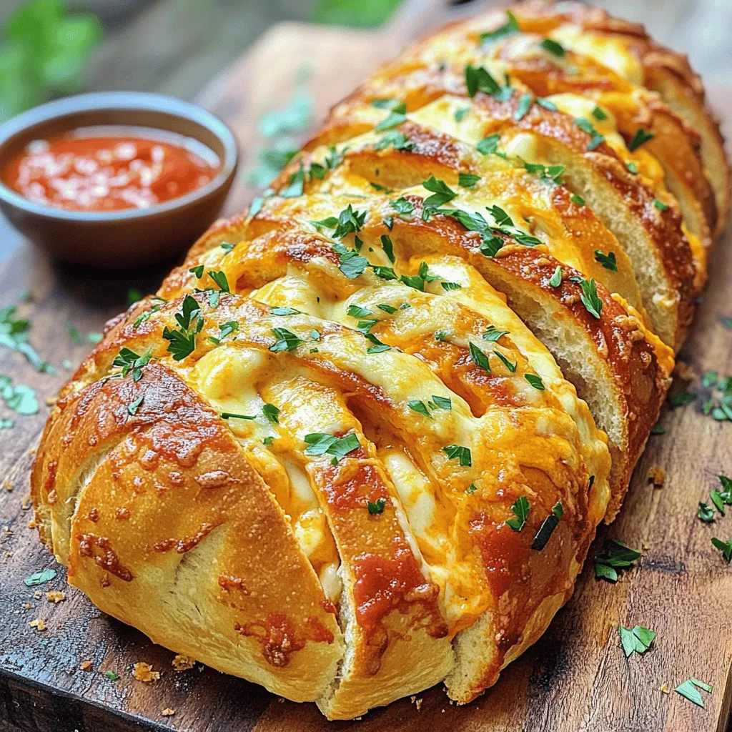 - 1 large loaf of sourdough bread - 1 cup shredded mozzarella cheese - 1 cup shredded cheddar cheese - 4 tablespoons unsalted butter, melted - 4 cloves garlic, minced - 2 tablespoons fresh parsley, finely chopped - ½ teaspoon salt - ½ teaspoon black pepper - Optional: ¼ teaspoon red pepper flakes You need a few key items to make cheesy pull-apart garlic bread. First, grab a large loaf of sourdough bread. The sourdough adds a nice tang that pairs well with cheese. Next, you will need shredded mozzarella and cheddar cheese. These cheeses melt nicely and create the gooey texture we love. For the garlic butter mixture, you will need melted unsalted butter. This helps the flavors blend. Fresh garlic, minced finely, gives a strong aroma. Add chopped parsley for a pop of color and freshness. A bit of salt and black pepper enhances the taste. If you like a little heat, sprinkle in some red pepper flakes. This mix of ingredients makes the bread flavorful and fun to eat. It’s simple yet tasty—perfect for any gathering! First, preheat your oven to 375°F (190°C). This step is key for a perfect bake. While the oven heats, mix your garlic butter. In a bowl, combine melted butter, minced garlic, chopped parsley, salt, and black pepper. If you like a bit of heat, add red pepper flakes. Stir until all is well blended. Next, take your large sourdough loaf. Place it on a large piece of aluminum foil. Use a sharp knife to make diagonal cuts across the top of the loaf. These cuts should form a crisscross pattern. Be careful! You don’t want to cut all the way through. Leave the base intact. Once that’s done, gently pull apart the sections. This creates pockets for filling. Now it’s time to stuff the bread! Use a pastry brush to spread half of the garlic butter mixture into the cuts. Make sure it seeps into the gaps well. Then, stuff the shredded mozzarella and cheddar cheese into the openings. Distribute the cheese evenly. Brush the rest of the garlic butter on top of the loaf. This adds flavor and helps create a nice crust. Wrap the bread in aluminum foil loosely. This will keep it moist while baking. Place it on a baking sheet to catch any drips. Bake the bread for about 15 minutes. After that, carefully remove the foil. Bake for another 10 to 15 minutes. Watch closely until the cheese melts and the top turns golden brown. Finally, take the bread out of the oven. Let it cool for a few minutes before serving. This helps the cheese set slightly. To get that perfect melt in your cheesy pull-apart garlic bread, always choose fresh cheese. Fresh mozzarella and cheddar melt better than pre-shredded options. They stretch and ooze, giving that lovely cheesy effect. Keep your eyes on the bread while it bakes. You want a golden crust, not burnt edges. The baking time is crucial. After 15 minutes, remove the foil to let the cheese bubble up. This is the moment for that golden crust to shine. Want to kick the flavor up a notch? Try adding spices like Italian seasoning or garlic powder to the butter mix. A pinch of oregano or thyme can make a big difference. Don't feel stuck with sourdough bread. You can use other types like ciabatta or baguette. Each bread brings its own unique taste, making your cheesy bread special every time. {{image_4}} You can switch up the cheese for new flavors. Try using parmesan or provolone. These cheeses add a sharp taste that pairs well with garlic. You can also mix in cream cheese for a smooth and creamy texture. Cream cheese melts well and gives the bread a rich taste. If you want a healthier option, go for whole grain bread. Whole grain adds fiber and nutrients, making your treat a bit better for you. You can also reduce the amount of butter and cheese. Just use half the butter and one type of cheese instead of two. This still gives you great flavor while cutting back on fat. To keep your cheesy pull-apart garlic bread fresh, I recommend these tips: - Refrigeration: Wrap leftovers in plastic wrap or aluminum foil. Store them in an airtight container. They will stay fresh for up to 3 days in the fridge. - Freezing: For longer storage, you can freeze the bread. Wrap it tightly in foil or plastic wrap. Place it in a freezer bag. It can last up to 3 months in the freezer. When you're ready to enjoy your leftovers, follow these methods to reheat without drying them out: - Oven Method: Preheat your oven to 350°F (175°C). Place the bread in foil to keep it moist. Bake for about 10-15 minutes. Check to see if it's warm all the way through. - Microwave Method: If you need a quick option, use the microwave. Place a slice on a microwave-safe plate. Cover it with a damp paper towel. Heat for about 20-30 seconds. Check to see if it's warm enough. If not, heat a few more seconds. These tips will help your cheesy pull-apart garlic bread taste fresh and delightful! Cheesy pull-apart bread stays fresh for about 2-3 days when stored properly. To keep it fresh, wrap it tightly in plastic wrap or foil. You can also store it in an airtight container. If it starts to dry out, you can warm it in the oven for a few minutes to bring back the soft texture. Yes, you can make this recipe ahead of time. Prepare the bread up to the stuffing step, then wrap it and keep it in the fridge. When you're ready to bake, just add a few extra minutes to the baking time. This lets the flavors meld together, making it even tastier. Cheesy pull-apart garlic bread pairs well with many dishes. Consider serving it with a fresh salad, a bowl of marinara sauce for dipping, or your favorite pasta. It also complements soups, especially tomato or minestrone. The warm, cheesy bread adds a fun twist to any meal! Cheesy pull-apart bread is easy to make and a crowd-pleaser. You learned about the main ingredients, seasoning mix, and step-by-step instructions. We also covered tips for perfect cheese melt and variations to try. Remember to store leftovers properly for the best taste later. Enjoy making this recipe! It’s a fun and tasty way to impress friends and family.