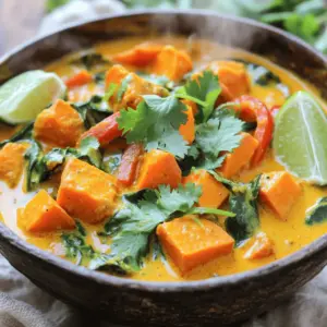 For this vegan sweet potato curry, you need a few key items: - 2 medium sweet potatoes, peeled and diced into 1-inch cubes - 1 can (14 oz) full-fat coconut milk - 1 cup of low-sodium vegetable broth - 1 tablespoon coconut oil - 1 medium onion, diced - 3 cloves garlic, minced - 1 inch fresh ginger, grated - 1 tablespoon curry powder (adjust to taste) - 1 teaspoon ground cumin - 1 teaspoon ground coriander - 1 red bell pepper, diced - 1 cup cooked or canned chickpeas, rinsed and drained - 2 cups fresh spinach, roughly chopped - Salt and pepper to taste - Fresh cilantro leaves for garnish - Lime wedges for serving You can mix it up with different veggies or proteins. Here are some fun options: - Add carrots or zucchini for extra color. - Use spinach, kale, or Swiss chard for greens. - Swap chickpeas with lentils or tofu for protein. Sweet potatoes are full of vitamins and minerals. They have: - High fiber, which helps digestion. - Vitamin A for healthy eyes and skin. - Antioxidants that fight free radicals. Coconut milk adds creaminess and healthy fats. The spices like ginger and garlic boost your immune system too. Eating this curry gives you a tasty meal packed with nutrition! To start, you need to peel and dice the sweet potatoes. Here’s how to do it: - Use a sharp vegetable peeler to remove the skin. - Make sure to peel all around the potato for a clean finish. - Rinse the sweet potatoes under cool water. - Cut each potato in half lengthwise. - Dice into 1-inch cubes for even cooking. This method helps the sweet potatoes cook evenly and absorb all the flavors in the curry. Now, let’s cook the curry step-by-step: 1. In a large pot, heat the coconut oil over medium heat until it melts. 2. Add the diced onion and sauté for about 5 minutes. Stir often until the onion is soft and clear. 3. Next, stir in the minced garlic and grated ginger. Cook for 1-2 minutes until you smell the delicious aroma. 4. Sprinkle in the curry powder, cumin, and coriander. Stir well to coat the onion mix. Cook for another minute to bring out the spice flavors. 5. Now, add the diced sweet potatoes and red bell pepper. Mix everything well in the pot. 6. Pour in the vegetable broth and coconut milk. Ensure all the ingredients are covered in liquid. 7. Increase the heat and bring the mix to a rolling boil. This gets the flavors moving. 8. Once boiling, reduce the heat to low. Cover the pot and let it simmer for 20-25 minutes. The sweet potatoes should be tender. 9. After the sweet potatoes are cooked, gently stir in the chickpeas and spinach. Cook for another 3-5 minutes until the spinach wilts. After cooking, it’s time for the final touches: - Taste your curry. Adjust the seasoning with salt and pepper to your liking. - Serve the curry warm in bowls. Garnish with fresh cilantro leaves for a bright touch. - Add lime wedges on the side for a refreshing squeeze. This dish is perfect with fluffy rice or quinoa. Enjoy your colorful and tasty vegan sweet potato curry! To boost the flavor of your vegan sweet potato curry, try adding some extra spices. Here are my top picks: - Turmeric: Adds a warm, earthy tone. - Cayenne pepper: For a spicy kick. - Cinnamon: Gives a hint of sweetness and warmth. - Fresh herbs: Basil or mint can brighten the dish. Feel free to experiment with these flavors. Each one can change the dish in fun ways! Sweet potatoes can be tricky. Here are some common mistakes to watch for: - Overcooking: If you cook them too long, they become mushy. Aim for a fork-tender texture. - Not seasoning enough: Always taste the curry. Adjust salt and pepper as needed. - Skipping the sauté step: Sautéing onions, garlic, and ginger first builds a rich base. Don’t skip it! These tips help create a curry that’s both tasty and satisfying. You can cook this curry in different ways. Here are a few options: - Slow Cooker: Follow the same steps but place everything in the slow cooker. Cook on low for 6-8 hours. - Instant Pot: Use the sauté function for the aromatics. Then add the rest and cook on high pressure for 10 minutes. - Stovetop: The recipe above uses this method. It's quick and keeps the flavors fresh. Choose the method that works best for you. Each one gives great results! {{image_4}} If you want to add protein to your vegan sweet potato curry, try tofu or tempeh. Both options work well. For tofu, press it to remove extra water, then cube it. Sauté it with onions for crispy edges. Tempeh can be sliced and added directly to the pot. You can also use legumes like lentils or black beans. Just make sure to rinse canned beans before adding. This boosts the protein and makes the dish more filling. Feel free to switch up the veggies in your curry. Carrots, peas, or zucchini can add color and flavor. Cauliflower or broccoli florets also work well, providing a nice texture. If you want a crunch, add snap peas or green beans at the end of cooking. The choice of vegetables can change the taste and nutrition of your dish, so experiment! To turn up the heat in your curry, add chili peppers or hot sauce. You can use fresh green chilies, diced, for a more intense flavor. If you prefer, sprinkle in some red pepper flakes while cooking. Adjust the spice level to your liking. Just remember, start small! You can always add more heat, but you can't take it out once it's in. Enjoy the extra kick! To keep your vegan sweet potato curry fresh, follow these easy steps: - Let the curry cool to room temperature. - Transfer it to an airtight container. - Store it in the fridge for up to four days. - For longer storage, freeze it in freezer-safe bags or containers. - Remember to label and date your containers. When you’re ready to enjoy your curry again, use these methods: - For the microwave, place the curry in a bowl. - Heat on medium for two to three minutes, stirring halfway through. - On the stovetop, warm it in a pot over low heat. - Stir often to prevent sticking and keep the flavor strong. - You can add a splash of coconut milk or broth for extra moisture. The shelf life of your vegan sweet potato curry varies: - In the fridge, it lasts about four days. - In the freezer, it can last up to three months. - If you notice any off smell or mold, discard it immediately. Storing and reheating properly helps maintain its delicious flavor and texture. Yes, you can make this curry ahead of time. Just cook the curry as the recipe states and let it cool. Store it in an airtight container in the fridge. It stays good for about three to four days. When you're ready to eat, just reheat it on the stove or in the microwave. The flavors will deepen, making it even tastier the next day. Yes, sweet potato curry is very healthy. Sweet potatoes are packed with vitamins A and C. They help your vision and boost your immune system. Coconut milk adds healthy fats, while chickpeas provide protein and fiber. The spices, like curry powder and cumin, have anti-inflammatory properties. Overall, this dish is balanced and nourishing. You can serve the curry with several delicious sides. Fluffy quinoa or rice pairs well. It helps soak up the rich sauce. Warm naan bread is another great option for dipping. For a fresh touch, add a simple salad or some roasted vegetables on the side. Enjoy your meal with lime wedges to squeeze on top for extra flavor. In this blog post, we explored how to create a delicious vegan sweet potato curry. We covered essential ingredients, cooking steps, and ways to enhance flavor. You learned tips to avoid common mistakes and various options for customization. Sweet potato curry is not just tasty but also packed with nutrition. I hope you feel inspired to make this dish your own. Now, gather your ingredients, and enjoy cooking a meal that nourishes your body and warms your soul.