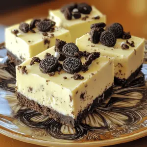 To make these tasty bars, you need: - 24 Oreo cookies, finely crushed - 4 tablespoons unsalted butter, melted - 16 oz cream cheese, brought to room temperature - 1 cup powdered sugar, sifted - 1 teaspoon pure vanilla extract - 1 cup heavy whipping cream, chilled - 12 Oreo cookies, roughly chopped for the filling - Additional Oreo cookies, crushed, for garnish These ingredients create a rich, creamy treat that everyone will love. You can add extra flair with these optional items: - Mini Oreo cookies for garnish - Chocolate shavings for a fancy touch - Whipped cream for added creaminess These additions can elevate the look and taste of your cheesecake bars. If you need alternatives, consider these options: - Use gluten-free cookies for a gluten-free version. - Swap cream cheese with Greek yogurt for a lighter option. - Try coconut cream instead of heavy whipping cream for a dairy-free version. These substitutions allow you to customize your bars to fit your dietary needs while still keeping them delicious. To start, gather your ingredients. You need 24 Oreo cookies and 4 tablespoons of melted unsalted butter. In a medium bowl, crush the Oreo cookies finely. You want them to look like sand. Next, mix the crushed cookies with the melted butter. Stir well until it combines. The mixture should feel damp. Press this mixture firmly into the bottom of a 9x9 inch baking dish. Make sure it is even and compact. Place the dish in the fridge to chill while you make the filling. Now, take 16 ounces of cream cheese and let it sit at room temperature. In a large mixing bowl, beat the cream cheese with an electric mixer. Whip until it’s light and fluffy. This will take about 2-3 minutes. Gradually add 1 cup of sifted powdered sugar and 1 teaspoon of pure vanilla extract. Keep mixing until the filling is smooth and creamy. Make sure there are no lumps left in the mixture. In a separate bowl, pour 1 cup of chilled heavy whipping cream. Use a handheld mixer to whip it until you see stiff peaks. This should only take about 3-4 minutes. Once it’s ready, gently fold the whipped cream into the cream cheese mixture. Use a spatula and be careful not to deflate the whipped cream too much. This step makes the filling light and airy. Next, take 12 roughly chopped Oreo cookies. Add these to the cream cheese and whipped cream mixture. Gently fold them in with a spatula. You want to see the Oreo pieces spread throughout the filling but not crushed. This adds texture and flavor to the cheesecake bars. Now it’s time to combine everything. Pour the creamy cheesecake filling over the chilled crust in your baking dish. Use a spatula to spread it evenly. Make sure it’s smooth on top. Cover the baking dish tightly with plastic wrap. Refrigerate for at least 4 hours, or overnight if you can wait. Once it’s set, slice into bars. For serving, sprinkle the tops with crushed Oreo cookies for extra crunch. Enjoy your delicious no-bake Oreo cheesecake bars! To make the best crust, use fresh Oreo cookies. Crush them finely for a smooth base. Mix the crushed cookies with melted butter until it looks like wet sand. Press it tightly into your baking dish. This helps it hold together well. Refrigerate the crust for at least 30 minutes. This makes it firm and ready for the filling. For a creamy filling, start with room temperature cream cheese. This helps it blend smoothly. Use an electric mixer to whip the cream cheese until fluffy. Gradually add sifted powdered sugar and vanilla extract. Mix until it is smooth with no lumps. When whipping the heavy cream, stop when stiff peaks form. Fold it gently into the cream cheese mix. This keeps the filling light and airy. Cut the cheesecake into neat squares for serving. For a nice touch, place each square on a decorative plate. You can garnish with mini Oreo cookies or chocolate shavings. This adds a tasty and pretty detail. Consider serving with fresh berries or a drizzle of chocolate sauce for extra flair. {{image_4}} You can easily change the flavor of your Oreo cheesecake bars. For mint lovers, add 1 teaspoon of mint extract to the cream cheese mix. This gives a fresh taste that pairs well with Oreos. If you like peanut butter, mix in 1/2 cup of creamy peanut butter. This adds richness and a nutty flavor that is hard to resist. Toppings can take your cheesecake bars to the next level. Consider adding a layer of chocolate ganache on top. Just melt 1 cup of chocolate chips with 1/2 cup of heavy cream. Pour it over the cheesecake layer before chilling. You can also sprinkle crushed nuts, or drizzle caramel sauce for added texture and taste. Making these bars gluten-free is simple! Use gluten-free Oreo cookies for the crust and filling. For a dairy-free version, swap the cream cheese with a dairy-free cream cheese alternative. Also, use coconut cream instead of heavy cream. These swaps let everyone enjoy this treat without worry. To keep your No-Bake Oreo Cheesecake Bars fresh, you need to store them right. First, let the bars chill completely in the fridge. Once they are firm, cover them tightly with plastic wrap or foil. This will help prevent them from drying out and absorbing other smells in the fridge. If you have a container with a lid, that works great too! If you want to save some for later, freezing is a great option. Cut the cheesecake bars into squares, but do not add toppings yet. Place each square on a baking sheet lined with parchment paper. Freeze them for about two hours until firm. Then, transfer the squares to a freezer-safe container or a heavy-duty freezer bag. Make sure to label them with the date. They will stay good for up to three months in the freezer. When ready to eat, let them thaw in the fridge overnight. These cheesecake bars can last in the fridge for about five to seven days. After that, they may start to lose their taste and texture. If you freeze them, remember to enjoy them within three months for the best flavor. Always check for any signs of spoilage before eating. Enjoy your delicious treats! These cheesecake bars need to set for at least 4 hours. For the best taste, chill them overnight. This allows the filling to firm up and makes cutting easier. Yes, you can use other cookies. Try chocolate sandwich cookies or graham crackers. Just make sure they are finely crushed, so they hold together well. To cut the bars, use a sharp knife. Dip the knife in hot water and wipe it dry before each cut. This keeps the edges clean and neat. Absolutely! You can make them a day or two in advance. Just keep them covered in the fridge until you are ready to serve. This makes them great for parties or gatherings. You now know how to make No-Bake Oreo Cheesecake Bars from start to finish. We covered all the necessary ingredients, plus some fun variations. You learned tips for the best crust and creamy filling. I shared how to store them and answered common questions. These bars are not just easy to make; they are tasty and fun. Enjoy making them for any occasion. You’ll impress family and friends with your dessert skills!