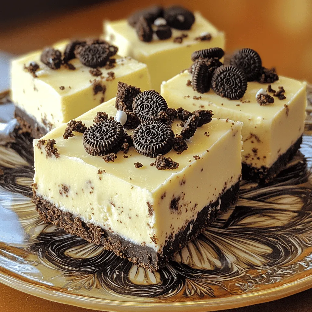 To make these tasty bars, you need: - 24 Oreo cookies, finely crushed - 4 tablespoons unsalted butter, melted - 16 oz cream cheese, brought to room temperature - 1 cup powdered sugar, sifted - 1 teaspoon pure vanilla extract - 1 cup heavy whipping cream, chilled - 12 Oreo cookies, roughly chopped for the filling - Additional Oreo cookies, crushed, for garnish These ingredients create a rich, creamy treat that everyone will love. You can add extra flair with these optional items: - Mini Oreo cookies for garnish - Chocolate shavings for a fancy touch - Whipped cream for added creaminess These additions can elevate the look and taste of your cheesecake bars. If you need alternatives, consider these options: - Use gluten-free cookies for a gluten-free version. - Swap cream cheese with Greek yogurt for a lighter option. - Try coconut cream instead of heavy whipping cream for a dairy-free version. These substitutions allow you to customize your bars to fit your dietary needs while still keeping them delicious. To start, gather your ingredients. You need 24 Oreo cookies and 4 tablespoons of melted unsalted butter. In a medium bowl, crush the Oreo cookies finely. You want them to look like sand. Next, mix the crushed cookies with the melted butter. Stir well until it combines. The mixture should feel damp. Press this mixture firmly into the bottom of a 9x9 inch baking dish. Make sure it is even and compact. Place the dish in the fridge to chill while you make the filling. Now, take 16 ounces of cream cheese and let it sit at room temperature. In a large mixing bowl, beat the cream cheese with an electric mixer. Whip until it’s light and fluffy. This will take about 2-3 minutes. Gradually add 1 cup of sifted powdered sugar and 1 teaspoon of pure vanilla extract. Keep mixing until the filling is smooth and creamy. Make sure there are no lumps left in the mixture. In a separate bowl, pour 1 cup of chilled heavy whipping cream. Use a handheld mixer to whip it until you see stiff peaks. This should only take about 3-4 minutes. Once it’s ready, gently fold the whipped cream into the cream cheese mixture. Use a spatula and be careful not to deflate the whipped cream too much. This step makes the filling light and airy. Next, take 12 roughly chopped Oreo cookies. Add these to the cream cheese and whipped cream mixture. Gently fold them in with a spatula. You want to see the Oreo pieces spread throughout the filling but not crushed. This adds texture and flavor to the cheesecake bars. Now it’s time to combine everything. Pour the creamy cheesecake filling over the chilled crust in your baking dish. Use a spatula to spread it evenly. Make sure it’s smooth on top. Cover the baking dish tightly with plastic wrap. Refrigerate for at least 4 hours, or overnight if you can wait. Once it’s set, slice into bars. For serving, sprinkle the tops with crushed Oreo cookies for extra crunch. Enjoy your delicious no-bake Oreo cheesecake bars! To make the best crust, use fresh Oreo cookies. Crush them finely for a smooth base. Mix the crushed cookies with melted butter until it looks like wet sand. Press it tightly into your baking dish. This helps it hold together well. Refrigerate the crust for at least 30 minutes. This makes it firm and ready for the filling. For a creamy filling, start with room temperature cream cheese. This helps it blend smoothly. Use an electric mixer to whip the cream cheese until fluffy. Gradually add sifted powdered sugar and vanilla extract. Mix until it is smooth with no lumps. When whipping the heavy cream, stop when stiff peaks form. Fold it gently into the cream cheese mix. This keeps the filling light and airy. Cut the cheesecake into neat squares for serving. For a nice touch, place each square on a decorative plate. You can garnish with mini Oreo cookies or chocolate shavings. This adds a tasty and pretty detail. Consider serving with fresh berries or a drizzle of chocolate sauce for extra flair. {{image_4}} You can easily change the flavor of your Oreo cheesecake bars. For mint lovers, add 1 teaspoon of mint extract to the cream cheese mix. This gives a fresh taste that pairs well with Oreos. If you like peanut butter, mix in 1/2 cup of creamy peanut butter. This adds richness and a nutty flavor that is hard to resist. Toppings can take your cheesecake bars to the next level. Consider adding a layer of chocolate ganache on top. Just melt 1 cup of chocolate chips with 1/2 cup of heavy cream. Pour it over the cheesecake layer before chilling. You can also sprinkle crushed nuts, or drizzle caramel sauce for added texture and taste. Making these bars gluten-free is simple! Use gluten-free Oreo cookies for the crust and filling. For a dairy-free version, swap the cream cheese with a dairy-free cream cheese alternative. Also, use coconut cream instead of heavy cream. These swaps let everyone enjoy this treat without worry. To keep your No-Bake Oreo Cheesecake Bars fresh, you need to store them right. First, let the bars chill completely in the fridge. Once they are firm, cover them tightly with plastic wrap or foil. This will help prevent them from drying out and absorbing other smells in the fridge. If you have a container with a lid, that works great too! If you want to save some for later, freezing is a great option. Cut the cheesecake bars into squares, but do not add toppings yet. Place each square on a baking sheet lined with parchment paper. Freeze them for about two hours until firm. Then, transfer the squares to a freezer-safe container or a heavy-duty freezer bag. Make sure to label them with the date. They will stay good for up to three months in the freezer. When ready to eat, let them thaw in the fridge overnight. These cheesecake bars can last in the fridge for about five to seven days. After that, they may start to lose their taste and texture. If you freeze them, remember to enjoy them within three months for the best flavor. Always check for any signs of spoilage before eating. Enjoy your delicious treats! These cheesecake bars need to set for at least 4 hours. For the best taste, chill them overnight. This allows the filling to firm up and makes cutting easier. Yes, you can use other cookies. Try chocolate sandwich cookies or graham crackers. Just make sure they are finely crushed, so they hold together well. To cut the bars, use a sharp knife. Dip the knife in hot water and wipe it dry before each cut. This keeps the edges clean and neat. Absolutely! You can make them a day or two in advance. Just keep them covered in the fridge until you are ready to serve. This makes them great for parties or gatherings. You now know how to make No-Bake Oreo Cheesecake Bars from start to finish. We covered all the necessary ingredients, plus some fun variations. You learned tips for the best crust and creamy filling. I shared how to store them and answered common questions. These bars are not just easy to make; they are tasty and fun. Enjoy making them for any occasion. You’ll impress family and friends with your dessert skills!