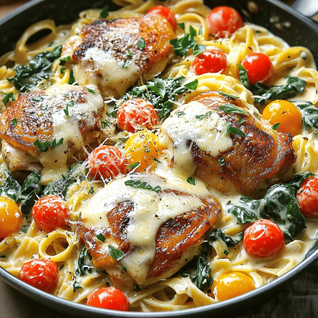 - 4 boneless, skinless chicken thighs - 1 cup heavy cream - 1 cup cherry tomatoes, halved - 2 tablespoons olive oil - 1 teaspoon Italian seasoning - ½ cup grated Parmesan cheese - 8 ounces farfalle - 8 ounces penne - Other options include rotini or spaghetti In this recipe, the main stars are the chicken, cream, and cherry tomatoes. Each ingredient adds a special touch. The chicken thighs stay juicy and tender, giving you a satisfying bite. Heavy cream makes the sauce smooth and rich, while the cherry tomatoes bring a pop of sweetness. For seasoning, olive oil adds flavor and helps cook the chicken perfectly. Italian seasoning, a blend of herbs, gives that classic taste we love. Lastly, Parmesan cheese adds a savory finish, making the dish feel gourmet. When it comes to pasta, I suggest farfalle or penne. They hold the sauce well and make each bite delightful. You can also use other types like rotini or spaghetti if you prefer. Each choice will work, but I love how farfalle looks on the plate! This mix of ingredients will create a creamy, tasty meal that warms the heart. Don't be afraid to play around with the pasta or add more veggies if you like. Cooking should be fun and fit your taste! To start, heat 2 tablespoons of olive oil in a large pot over medium heat. Season 4 boneless, skinless chicken thighs with salt, pepper, and 1 teaspoon of paprika. Once the oil shimmers, add the chicken. Sear for about 5-6 minutes on each side. This gives your chicken a nice golden brown crust. For the best crust, do not crowd the pot. If needed, cook in batches. Once done, remove the chicken and set it aside on a plate. In the same pot, add 3 minced garlic cloves. Sauté for about 30 seconds. You want the garlic fragrant but not browned. Next, toss in 1 cup of halved cherry tomatoes. Cook for around 2 minutes, stirring occasionally. You’ll see the tomatoes begin to soften and burst. Once the tomatoes burst, add 1 cup of fresh spinach leaves. Stir continuously until the spinach wilts down, which should take about 1 minute. Now, pour in 1 cup of heavy cream and 1 cup of chicken broth. Stir well to combine. Reduce the heat to low for a gentle simmer. Sprinkle in 1 teaspoon of Italian seasoning and add ½ cup of grated Parmesan cheese. Stir everything until the cheese melts into the sauce. This will help thicken it nicely. Carefully add 8 ounces of uncooked pasta to the pot, along with the seared chicken thighs. Mix well, ensuring the pasta is fully immersed in the creamy sauce. Cover the pot and let it simmer on low heat for about 15-20 minutes. This allows the pasta to cook until al dente and the chicken to reach a safe internal temperature of 165°F (75°C). Stir occasionally to keep the pasta from sticking. To make your One Pot Creamy Tuscan Chicken even better, consider adding some spices. A pinch of red pepper flakes adds heat. You might also try some dried thyme or rosemary. Fresh ingredients are key here. Always use fresh garlic and spinach for the best taste. Fresh cherry tomatoes also burst with flavor, making your dish pop. Cook your chicken to a safe internal temperature of 165°F (75°C). Use a meat thermometer to check. This ensures your chicken is juicy and safe to eat. When cooking pasta, aim for al dente. This means it should be firm but not hard. Cook it for about 2 minutes less than the package suggests for perfect texture. For a lovely presentation, serve the creamy Tuscan chicken pasta in shallow bowls. This helps showcase the beautiful colors. Garnish with extra grated Parmesan and a sprinkle of fresh basil or parsley. You can also add a slice of crusty bread on the side. It’s perfect for dipping in the creamy sauce. {{image_4}} You can switch up the protein in this dish. Use shrimp instead of chicken for a lighter option. Cook the shrimp for just a few minutes until they turn pink. You can also try turkey thighs for a leaner meat. If you want a plant-based meal, use chickpeas. They add protein and a nice texture. For a dairy-free version, try coconut milk or almond milk. These options still give a creamy feel without dairy. If you want to cut down on calories, use low-fat cream or Greek yogurt. Just mix it in slowly to keep the sauce smooth. Feel free to add more veggies. Seasonal vegetables like zucchini or asparagus work well. You can also toss in mushrooms or bell peppers for extra flavor. They add color and nutrients to the dish. Cooking them with the garlic enhances their taste. To store your creamy Tuscan chicken, cool it down first. Place leftovers in an airtight container. Make sure to use it within three days for the best taste and safety. Label the container with the date to keep track. When reheating, use the stove or microwave. For the stove, add a splash of chicken broth to prevent drying out. Stir often until hot. In the microwave, cover the dish and heat in short bursts. This helps keep the sauce smooth. You can also sprinkle fresh herbs to boost the flavor. To freeze the dish, let it cool completely. Use a freezer-safe container and fill it, leaving some space for expansion. It can last up to three months in the freezer. When ready to eat, thaw it overnight in the fridge. Reheat it on the stove, adding cream or broth to restore the creamy texture. Yes, you can make this recipe ahead of time. To meal prep, cook the dish and let it cool. Store it in an airtight container in the fridge for up to three days. When ready to eat, just reheat it on low heat. Stir it well to blend flavors. If the sauce thickens, add a splash of chicken broth to loosen it. If you don’t have chicken thighs, you can use chicken breasts. They will work well, too. Just remember to adjust the cooking time. You can also use turkey cutlets or even shrimp. Both are tasty alternatives that will soak up the creamy sauce. Yes, you can make this dish gluten-free! Choose gluten-free pasta, like rice or quinoa pasta. These options cook similarly to regular pasta. Just make sure to check the cooking time on the package. You can also use zucchini noodles for a low-carb version. Absolutely! If you want to switch up the cream, you can use half-and-half for a lighter dish. For a dairy-free option, try coconut cream or cashew cream. Both will add a nice richness while keeping the dish creamy. This blog post outlines easy steps to create a tasty chicken pasta dish. You learned about key ingredients like chicken thighs, heavy cream, and cherry tomatoes. I shared tips for cooking, enhancing flavor, and even storing leftovers. Plus, I offered fun variations to suit your taste. In the end, cooking should be fun and flexible. Experiment with flavors and ingredients. Enjoy your delicious meal and share it with others!