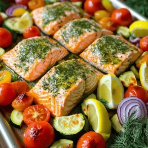 For this tasty dish, you need: - 4 salmon fillets (about 6 oz each) - 1 cup cherry tomatoes, halved - 1 medium zucchini, sliced into half-moons - 1 bell pepper (red or yellow), sliced into thin strips - 1 medium red onion, cut into wedges - 3 tablespoons extra-virgin olive oil - 2 tablespoons freshly squeezed lemon juice - 2 cloves garlic, finely minced - 1 tablespoon fresh dill, chopped - 1 tablespoon fresh parsley, chopped - 1 teaspoon dried oregano - Salt and pepper, to taste - Lemon wedges (for serving) These main ingredients create a colorful and healthy meal. The salmon provides protein, while the veggies add fiber and nutrients. For the best flavor, I suggest these fresh herbs and seasonings: - Fresh dill: It adds a bright, herby taste. - Fresh parsley: This herb gives a fresh and mild touch. - Dried oregano: This spice brings a warm, earthy flavor. Mixing these herbs with olive oil and lemon juice forms a great base for your salmon and veggies. It makes the dish lively and fresh. You can switch up the veggies based on what you like or have. Here are some good choices: - Asparagus: This adds a nice crunch and flavor. - Carrots: These can add sweetness and color. - Broccoli: This is a healthy option that roasts well. Feel free to mix and match your favorite vegetables. This dish is flexible and allows for creativity! First, set your oven to 400°F (200°C). This temperature gives the salmon and veggies a perfect cook. Line a large baking sheet with parchment paper. This makes cleanup easy. In a small bowl, whisk together three tablespoons of extra-virgin olive oil. Add two tablespoons of fresh lemon juice. Next, mix in two cloves of finely minced garlic. Then, add one tablespoon each of chopped dill and parsley. Toss in one teaspoon of dried oregano, along with salt and pepper to taste. This mix gives your dish a bright flavor. Place four salmon fillets in the center of the baking sheet. Use a basting brush to coat each fillet with the herb mix. Make sure you cover all sides for great taste. Next, arrange cherry tomatoes, sliced zucchini, bell pepper strips, and onion wedges around the salmon. Drizzle any leftover herb mix over the veggies. Toss them gently to coat. Now, slide the baking sheet into the oven. Bake for 15-20 minutes. The salmon is done when it turns opaque and flakes easily with a fork. The veggies should be tender and slightly caramelized. After baking, let it cool for a minute. You can serve it with fresh lemon wedges for extra flavor. To cook salmon well, start with fresh fillets. Look for bright, moist flesh with no strong odor. When you season, use salt and pepper. This adds taste before baking. Coat the salmon with the herb mixture for extra flavor. Bake at 400°F. Check for doneness after 15 minutes. The fish should turn opaque and flake easily. If it’s still translucent, give it a few more minutes. To boost veggie flavor, pick ripe and fresh produce. Cherry tomatoes burst with sweetness when roasted. Slice zucchini into half-moons; they cook evenly and absorb flavors well. Bell peppers add crunch and color. Toss all veggies in the herb oil mixture. This method coats them in flavor. Bake until they are tender with slight browning. For a punch, squeeze fresh lemon juice over the veggies before serving. Cleaning up after cooking can feel daunting. To make it easier, line your baking sheet with parchment paper. This prevents sticking and makes cleanup a breeze. Once you finish cooking, let the sheet cool for a few minutes. Then, wipe it down with a damp cloth. If there are stubborn bits, soak the pan in warm soapy water. It will loosen any stuck food, making cleanup quick and easy. {{image_4}} You can swap salmon for other proteins. Try chicken, shrimp, or tofu. Each option brings its own taste. Chicken thighs work well, keeping juicy and tender. Shrimp cooks fast and adds a sweet flavor. Tofu is a great plant-based choice. Use firm tofu for best results. Just make sure to adjust cooking times. Chicken may take longer, while shrimp cooks quicker. Change up the veggies based on the season. In spring, use asparagus and snap peas. Summer is perfect for fresh corn and bell peppers. Fall brings squash and Brussels sprouts. Winter offers root vegetables like carrots and parsnips. This keeps your dish fresh and exciting. Using seasonal produce can enhance flavors and nutrition. Try different marinades to switch up flavors. A teriyaki sauce gives a sweet, savory twist. Using a spicy harissa can add heat and depth. For a Mediterranean flair, mix yogurt with garlic and herbs. These options can make the same dish feel new. Experiment with what you have on hand for unique tastes. To store leftover salmon and veggies, place them in an airtight container. Make sure to let them cool first. This helps keep the food fresh. Store the container in your fridge. It should last up to three days. If you have a lot of leftovers, you can store them in separate containers for easy use. To reheat your salmon and veggies, use the oven for the best taste. Preheat your oven to 350°F (175°C). Place the food on a baking sheet. Cover it with foil to keep moisture in. Heat for about 10-15 minutes or until warm. You can also use a microwave. Just heat in short bursts, checking often to avoid overcooking. Freezing is a great way to save meals. First, ensure the salmon and veggies are cool. Then, wrap them tightly in plastic wrap. Place them in a freezer-safe bag or container. Label it with the date. Frozen salmon and veggies can last up to three months. To eat, thaw them overnight in the fridge. Reheat as described above. Yes, you can use frozen salmon. Just remember to thaw it first. Place the salmon in the fridge overnight for best results. If you’re short on time, you can use a microwave on the defrost setting. Once thawed, pat the salmon dry with paper towels. This helps the seasoning stick better and improves the texture. Sheet Pan Herb Salmon goes well with many sides. Here are some great options: - Quinoa or rice: These grains soak up flavors well. - Garlic bread: A crunchy side that complements the meal. - Mixed greens salad: Fresh greens add a nice crunch. - Roasted potatoes: Crispy potatoes balance the soft fish and veggies. You can mix and match based on your taste. To check if the salmon is done, look for a few signs: - Color: The salmon should turn opaque. - Texture: It should flake easily with a fork. - Temperature: The internal temperature should reach 145°F (63°C). If you see these signs, your salmon is ready to enjoy! In this post, we covered how to make delicious Sheet Pan Herb Salmon. We discussed key ingredients, step-by-step instructions, and helpful cooking tips. You learned how to cook the salmon perfectly and enhance your veggies' flavor. Don't forget the storage tips for leftovers and variations to keep things exciting. Trying new herbs and vegetables can bring joy to your meals. Enjoy your cooking journey and the wonderful flavors you'll create!