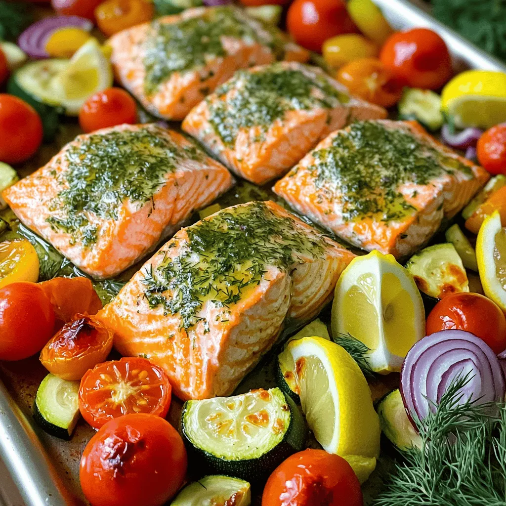 For this tasty dish, you need: - 4 salmon fillets (about 6 oz each) - 1 cup cherry tomatoes, halved - 1 medium zucchini, sliced into half-moons - 1 bell pepper (red or yellow), sliced into thin strips - 1 medium red onion, cut into wedges - 3 tablespoons extra-virgin olive oil - 2 tablespoons freshly squeezed lemon juice - 2 cloves garlic, finely minced - 1 tablespoon fresh dill, chopped - 1 tablespoon fresh parsley, chopped - 1 teaspoon dried oregano - Salt and pepper, to taste - Lemon wedges (for serving) These main ingredients create a colorful and healthy meal. The salmon provides protein, while the veggies add fiber and nutrients. For the best flavor, I suggest these fresh herbs and seasonings: - Fresh dill: It adds a bright, herby taste. - Fresh parsley: This herb gives a fresh and mild touch. - Dried oregano: This spice brings a warm, earthy flavor. Mixing these herbs with olive oil and lemon juice forms a great base for your salmon and veggies. It makes the dish lively and fresh. You can switch up the veggies based on what you like or have. Here are some good choices: - Asparagus: This adds a nice crunch and flavor. - Carrots: These can add sweetness and color. - Broccoli: This is a healthy option that roasts well. Feel free to mix and match your favorite vegetables. This dish is flexible and allows for creativity! First, set your oven to 400°F (200°C). This temperature gives the salmon and veggies a perfect cook. Line a large baking sheet with parchment paper. This makes cleanup easy. In a small bowl, whisk together three tablespoons of extra-virgin olive oil. Add two tablespoons of fresh lemon juice. Next, mix in two cloves of finely minced garlic. Then, add one tablespoon each of chopped dill and parsley. Toss in one teaspoon of dried oregano, along with salt and pepper to taste. This mix gives your dish a bright flavor. Place four salmon fillets in the center of the baking sheet. Use a basting brush to coat each fillet with the herb mix. Make sure you cover all sides for great taste. Next, arrange cherry tomatoes, sliced zucchini, bell pepper strips, and onion wedges around the salmon. Drizzle any leftover herb mix over the veggies. Toss them gently to coat. Now, slide the baking sheet into the oven. Bake for 15-20 minutes. The salmon is done when it turns opaque and flakes easily with a fork. The veggies should be tender and slightly caramelized. After baking, let it cool for a minute. You can serve it with fresh lemon wedges for extra flavor. To cook salmon well, start with fresh fillets. Look for bright, moist flesh with no strong odor. When you season, use salt and pepper. This adds taste before baking. Coat the salmon with the herb mixture for extra flavor. Bake at 400°F. Check for doneness after 15 minutes. The fish should turn opaque and flake easily. If it’s still translucent, give it a few more minutes. To boost veggie flavor, pick ripe and fresh produce. Cherry tomatoes burst with sweetness when roasted. Slice zucchini into half-moons; they cook evenly and absorb flavors well. Bell peppers add crunch and color. Toss all veggies in the herb oil mixture. This method coats them in flavor. Bake until they are tender with slight browning. For a punch, squeeze fresh lemon juice over the veggies before serving. Cleaning up after cooking can feel daunting. To make it easier, line your baking sheet with parchment paper. This prevents sticking and makes cleanup a breeze. Once you finish cooking, let the sheet cool for a few minutes. Then, wipe it down with a damp cloth. If there are stubborn bits, soak the pan in warm soapy water. It will loosen any stuck food, making cleanup quick and easy. {{image_4}} You can swap salmon for other proteins. Try chicken, shrimp, or tofu. Each option brings its own taste. Chicken thighs work well, keeping juicy and tender. Shrimp cooks fast and adds a sweet flavor. Tofu is a great plant-based choice. Use firm tofu for best results. Just make sure to adjust cooking times. Chicken may take longer, while shrimp cooks quicker. Change up the veggies based on the season. In spring, use asparagus and snap peas. Summer is perfect for fresh corn and bell peppers. Fall brings squash and Brussels sprouts. Winter offers root vegetables like carrots and parsnips. This keeps your dish fresh and exciting. Using seasonal produce can enhance flavors and nutrition. Try different marinades to switch up flavors. A teriyaki sauce gives a sweet, savory twist. Using a spicy harissa can add heat and depth. For a Mediterranean flair, mix yogurt with garlic and herbs. These options can make the same dish feel new. Experiment with what you have on hand for unique tastes. To store leftover salmon and veggies, place them in an airtight container. Make sure to let them cool first. This helps keep the food fresh. Store the container in your fridge. It should last up to three days. If you have a lot of leftovers, you can store them in separate containers for easy use. To reheat your salmon and veggies, use the oven for the best taste. Preheat your oven to 350°F (175°C). Place the food on a baking sheet. Cover it with foil to keep moisture in. Heat for about 10-15 minutes or until warm. You can also use a microwave. Just heat in short bursts, checking often to avoid overcooking. Freezing is a great way to save meals. First, ensure the salmon and veggies are cool. Then, wrap them tightly in plastic wrap. Place them in a freezer-safe bag or container. Label it with the date. Frozen salmon and veggies can last up to three months. To eat, thaw them overnight in the fridge. Reheat as described above. Yes, you can use frozen salmon. Just remember to thaw it first. Place the salmon in the fridge overnight for best results. If you’re short on time, you can use a microwave on the defrost setting. Once thawed, pat the salmon dry with paper towels. This helps the seasoning stick better and improves the texture. Sheet Pan Herb Salmon goes well with many sides. Here are some great options: - Quinoa or rice: These grains soak up flavors well. - Garlic bread: A crunchy side that complements the meal. - Mixed greens salad: Fresh greens add a nice crunch. - Roasted potatoes: Crispy potatoes balance the soft fish and veggies. You can mix and match based on your taste. To check if the salmon is done, look for a few signs: - Color: The salmon should turn opaque. - Texture: It should flake easily with a fork. - Temperature: The internal temperature should reach 145°F (63°C). If you see these signs, your salmon is ready to enjoy! In this post, we covered how to make delicious Sheet Pan Herb Salmon. We discussed key ingredients, step-by-step instructions, and helpful cooking tips. You learned how to cook the salmon perfectly and enhance your veggies' flavor. Don't forget the storage tips for leftovers and variations to keep things exciting. Trying new herbs and vegetables can bring joy to your meals. Enjoy your cooking journey and the wonderful flavors you'll create!