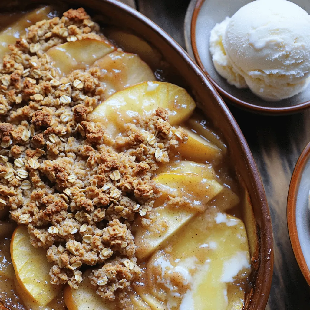 - 4 medium apples, peeled, cored, and thinly sliced - 1 tablespoon fresh lemon juice - 1 teaspoon ground cinnamon - 1/2 teaspoon ground nutmeg - 1/2 cup packed brown sugar, divided - 1 cup rolled oats - 1 cup all-purpose flour - 1/2 cup unsalted butter, cold and cut into small cubes - 1/2 cup chopped pecans or walnuts (optional for extra crunch) - Pinch of salt - Vanilla ice cream - Freshly whipped cream - Garnishes like cinnamon and nuts The main ingredients give this treat its rich taste. Start with apples. I prefer tart apples like Granny Smith. They balance well with the sweet topping. The lemon juice keeps the apples fresh and bright. You’ll want the cinnamon and nutmeg for warmth. They add a cozy feel. The optional ingredients make the crisp even better. Rolled oats give a hearty texture. The all-purpose flour helps bind the topping. Cold butter is key; it helps create that crumbly topping we love. Chopped nuts add a nice crunch, but they are not a must. Serving this dish is fun. I love it warm with a scoop of vanilla ice cream. The cold ice cream melts into the warm crisp. It creates a delightful contrast. Freshly whipped cream is another great option. For a little extra flair, add a sprinkle of cinnamon or some nuts on top. This dish is not just a dessert; it's a warm hug in a bowl. First, preheat your oven to 350°F (175°C). This step is key for even baking. Next, prepare your 9x13 inch baking dish. Lightly grease it with butter or cooking spray. This will help the crisp come out easily. In a large bowl, combine 4 medium apples. Peel, core, and slice them thin. Add 1 tablespoon of fresh lemon juice to the apples. This helps keep them fresh and bright. Now, sprinkle in 1 teaspoon of ground cinnamon, 1/2 teaspoon of ground nutmeg, and 1/4 cup of brown sugar. Toss the apples gently until they are fully coated. Transfer this sweet mixture to your greased baking dish. Spread it out evenly. In another bowl, mix 1 cup of rolled oats, 1 cup of all-purpose flour, and the remaining 1/4 cup of brown sugar. If you like extra crunch, add 1/2 cup of chopped pecans or walnuts. Don’t forget a pinch of salt for flavor. Stir everything together until well mixed. Now, take 1/2 cup of cold unsalted butter, cut into small cubes. Add this to your oat mixture. Use a pastry cutter or your fingers to blend until it’s crumbly. You want small lumps about the size of peas. Once the topping is ready, sprinkle it evenly over the apple mixture in your baking dish. Make sure to cover the apples completely. Place your baking dish in the preheated oven. Bake for 30-35 minutes. Check for doneness by looking for a golden brown topping. The apples should be bubbling, filling your kitchen with a sweet aroma. When done, remove it from the oven and let it cool for a few minutes before serving. Enjoy the warm, cozy flavors of your oatmeal streusel apple crisp! For a great apple crisp, choose the right apples. I suggest using Granny Smith or Honeycrisp. These apples provide a nice balance of tartness and sweetness. They also hold up well when baked. Using lemon juice is key. It adds brightness and helps the apples keep their color. Just one tablespoon is enough to enhance the flavor. Toss it with the apples before mixing in the spices. For the topping, make it crumbly. You can use a mix of oats and flour. If you want extra crunch, add chopped pecans or walnuts. This gives your crisp a satisfying texture. Avoid mushy apples by slicing them thinly. This helps them cook evenly and keeps them firm. Mixing them with sugar and spices before baking also helps them hold their shape. Serve your oatmeal streusel apple crisp warm for the best taste. I like to dish it out in individual bowls. Top each serving with a scoop of vanilla ice cream or a dollop of whipped cream. You can also sprinkle a bit of cinnamon on top for added flavor. Chopped nuts make a nice garnish, too. These simple touches make your dessert look and taste even better. {{image_4}} To elevate the taste of your oatmeal streusel apple crisp, consider adding spices. A dash of allspice or ginger can bring warmth. You might also enjoy a hint of vanilla extract for a sweet twist. If you want to use alternative sweeteners, try maple syrup or honey instead of brown sugar. They add a unique flavor and can make the dish healthier. For gluten-free options, simply replace all-purpose flour with almond flour or a gluten-free blend. This swap keeps the taste while catering to dietary needs. If you need nut-free adjustments, skip the pecans or walnuts. You can use seeds like pumpkin or sunflower seeds for crunch without the nuts. During fall, mix in pears or cranberries with your apples for a festive touch. In summer, try peaches or berries for a refreshing crisp. For holiday-inspired recipes, add spices like nutmeg and cloves. You can also layer in some dried fruits, such as raisins or cranberries, for a burst of flavor. To store your leftover oatmeal streusel apple crisp, use an airtight container. Glass or plastic containers work well. Make sure to cool the crisp completely before sealing it. This helps prevent moisture buildup. Place the container in the fridge. It will keep fresh for up to four days. You can freeze apple crisp for longer storage. First, let it cool completely. Then, wrap it tightly in plastic wrap or aluminum foil. Place it in a freezer-safe bag or container. Label it with the date. It can last up to three months in the freezer. When you’re ready to eat it, thaw it in the fridge overnight. Reheat in the oven at 350°F until warm. Apple crisp is best enjoyed fresh. However, it lasts for a few days in the fridge. After four days, check for signs of spoilage. Look for any off smells or unusual textures. If you see any mold, it’s best to toss it. Always trust your senses when it comes to food safety. I love using a mix of sweet and tart apples. Good choices include: - Granny Smith: Tart and firm, great for baking. - Honeycrisp: Sweet with a nice crunch. - Fuji: Juicy and sweet, adds great flavor. Using different apple types gives your crisp depth. Each bite can surprise you with a new taste. Yes, you can prepare this dish ahead. Here are some tips: - Slice your apples and toss them with lemon juice. This keeps them fresh. - Mix the streusel topping and store it in the fridge. - Combine everything just before baking. This keeps it crisp. Making it ahead saves time and lets the flavors blend. Check for a few key signs: - The topping should be golden brown. - The apples should be bubbling. - A fork should easily pierce the apples. These signs show your crisp is ready to enjoy! Absolutely! If you want to swap oats, try these options: - Almond flour: Adds a nutty flavor. - Crushed nuts: For crunch and richness. - Coconut flakes: Brings a tropical twist. These substitutes change the texture but still taste great! This blog post covered the key ingredients and steps to make a delicious apple crisp. We explored both main and optional ingredients for added flavor and texture. You also learned tips to achieve the perfect crisp and variations to suit your taste. Whether storing leftovers or making adjustments for dietary needs, you now have the tools to succeed. Enjoy the warmth of homemade apple crisp with your favorite toppings. It’s a treat that never fails to delight!