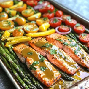 - 4 salmon fillets (approximately 6 oz each) - 2 tablespoons pure maple syrup - 2 tablespoons Dijon mustard - 1 bunch of asparagus, trimmed at the ends - 1 red or yellow bell pepper, sliced into thin strips - 1 cup cherry tomatoes, halved - 1 red onion, sliced into wedges - 2 tablespoons olive oil (plus more for drizzling) - 1 teaspoon garlic powder - 1 teaspoon smoked paprika - Salt and freshly ground pepper to taste - Fresh parsley, finely chopped (for garnish, optional) Using these simple ingredients makes this dish easy and tasty. The salmon fillets are rich and flavorful. Maple syrup adds a sweet touch. Dijon mustard gives a nice tang that balances the sweetness. The veggies bring color and crunch to the meal. Asparagus is bright and tender. Bell peppers add sweetness and a pop of color. Cherry tomatoes burst with flavor. Red onion gives a slight sharpness to the mix. Seasoning is key. Olive oil helps everything cook well. Garlic powder adds depth. Smoked paprika gives a warm, smoky flavor, making this dish special. Fresh parsley on top adds a fresh look and taste. This sheet pan meal is perfect for any night. You get healthy protein and veggies all in one dish. Plus, cleanup is a breeze! First, you need to preheat the oven to 400°F (200°C). This step is key for getting a nice roast on the salmon and veggies. While the oven heats up, let’s mix the maple mustard glaze. In a small bowl, combine: - 2 tablespoons pure maple syrup - 2 tablespoons Dijon mustard - 2 tablespoons olive oil - 1 teaspoon garlic powder - 1 teaspoon smoked paprika - Salt and freshly ground pepper to taste Whisk everything together until you have a smooth mixture. Now, grab a large sheet pan. Spread the vegetables on it in a single layer. Use: - 1 bunch of asparagus, trimmed - 1 red or yellow bell pepper, sliced into strips - 1 cup cherry tomatoes, halved - 1 red onion, sliced into wedges Drizzle some olive oil over the veggies. Sprinkle with salt and pepper. Toss them lightly to coat all the pieces. Next, it’s time to place the salmon. Make some space in the center of the veggies and lay down 4 salmon fillets skin-side down. Now, take your maple mustard glaze. Coat the top of each salmon fillet generously. Let some glaze drip onto the veggies as well. Finally, put the sheet pan in the preheated oven. Roast for about 15-20 minutes. You know it’s done when the salmon looks opaque and flakes easily with a fork. The veggies should be tender and slightly caramelized. Once finished, take the pan out of the oven. Let it rest for a few minutes. This step helps the juices settle. If you like, sprinkle some fresh parsley on top for a nice touch before serving. Enjoy your delicious meal! How do you check for doneness? To check if your salmon is done, use a fork. Gently poke the thickest part. If it flakes easily, it’s ready. The salmon should look opaque and slightly moist. Why is resting important before serving? Resting allows the juices to settle. If you slice right away, the juices run out. Let it sit for about 5 minutes after cooking. This helps keep your salmon juicy and tasty. What spices and seasonings work well? You can add a pinch of cayenne for heat. Fresh dill or thyme also pairs well. Try adding lemon zest for brightness. These flavors make your dish pop. What should I pair with this meal? A light salad goes great with this dish. Consider a simple green salad with lemon vinaigrette. You can also serve it with rice or quinoa for a heartier meal. How can I serve it for appeal? Serve directly on the sheet pan for a rustic look. Or, transfer it to a large platter. Make sure the veggies surround the salmon. This adds color and height to your dish. Why is color important in food presentation? Color makes food visually appealing. Bright veggies like red bell peppers and cherry tomatoes attract the eye. A colorful plate also signals freshness and health. Aim for a mix of greens, reds, and yellows for a vibrant meal. {{image_4}} You can switch up the veggies for your maple roasted salmon. Here are a few tasty options: - Broccoli or green beans: Both add a nice crunch and color to your dish. - Zucchini or squash: These cook quickly and soak up flavors well. Feel free to mix and match. You can use what you have on hand! If you want to change the flavor of the salmon, try these marinades: - Teriyaki glaze variation: This adds a sweet and savory taste. Just swap the maple syrup with teriyaki sauce. - Lemon herb alternative: Use lemon juice with fresh herbs like dill or parsley. This gives a bright and fresh flavor. Experimenting with marinades can take your dish to the next level! Making this dish fit your diet is easy. Here are a few tips: - Gluten-free options: Check your Dijon mustard and maple syrup for gluten. Most brands are safe, but it’s good to be sure. - Low-carb modifications: Skip the maple syrup. Use a sugar substitute like stevia or erythritol. This keeps the dish low in carbs while still being tasty. These adjustments let everyone enjoy this meal while sticking to their dietary needs! To store leftovers safely, let the salmon and veggies cool first. Place them in airtight containers. This keeps them fresh and prevents any strong odors in your fridge. Use glass or BPA-free plastic containers for the best results. To reheat without drying out, use the oven. Preheat it to 350°F (175°C). Place the salmon and veggies on a baking sheet. Cover with foil to keep moisture in. Heat for about 10-15 minutes, or until warm. You can also use a microwave. Put the food on a microwave-safe plate. Cover it with a damp paper towel. Heat it in short bursts of 1 minute, checking often. This method is quick but may dry out the fish if overcooked. For freezing, let the cooked salmon and veggies cool completely. Wrap them tightly in plastic wrap or foil. Then, place them in a freezer-safe bag. Label the bag with the date. Cooked salmon can last up to 3 months in the freezer. When you're ready to eat, thaw in the fridge overnight. This helps maintain texture and flavor. Avoid thawing in the microwave, as it can cook parts of the fish unevenly. Salmon usually takes 15 to 20 minutes to cook at 400°F. The fish should look opaque and flake easily with a fork. This time can vary based on the thickness of the fillet. If your salmon is thicker, it may need a bit more time. Keep an eye on it to avoid overcooking. Yes, you can use frozen salmon. To prepare it, thaw the salmon in the fridge overnight. If you are in a hurry, you can also run it under cold water for about an hour. Once thawed, pat it dry and follow the recipe as usual. This way, you still get great flavor and texture. If you don’t have maple syrup, honey works well. You can also use agave nectar or brown sugar mixed with a little water. Just remember, these sweeteners might change the taste a bit. Adjust the amount to your liking, as some are sweeter than others. Yes, this recipe is healthy. Salmon is rich in omega-3 fatty acids, which are great for your heart. The veggies add vitamins and fiber, making it a balanced meal. Olive oil is a healthy fat that helps with nutrient absorption. Overall, this dish is nutritious and delicious. This post covered a tasty recipe for maple roasted salmon. We discussed the main ingredients, perfect veggies, and how to season. I shared step-by-step instructions to make cooking easy. You also received tips for storage and reheating. In the end, this dish is simple and colorful. It’s great for meals any day. Plus, you can mix it up with different flavors or sides. Enjoy experimenting, and make it your own!