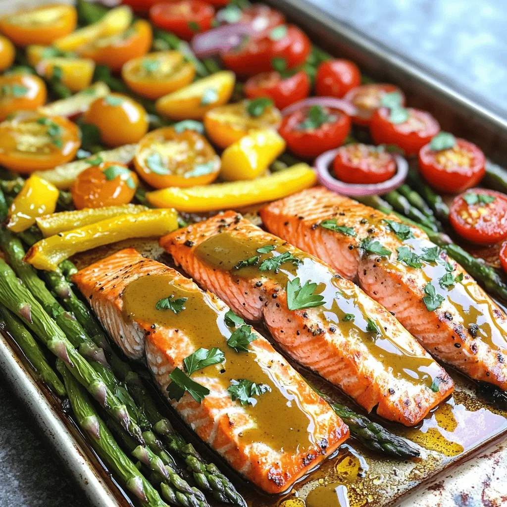 - 4 salmon fillets (approximately 6 oz each) - 2 tablespoons pure maple syrup - 2 tablespoons Dijon mustard - 1 bunch of asparagus, trimmed at the ends - 1 red or yellow bell pepper, sliced into thin strips - 1 cup cherry tomatoes, halved - 1 red onion, sliced into wedges - 2 tablespoons olive oil (plus more for drizzling) - 1 teaspoon garlic powder - 1 teaspoon smoked paprika - Salt and freshly ground pepper to taste - Fresh parsley, finely chopped (for garnish, optional) Using these simple ingredients makes this dish easy and tasty. The salmon fillets are rich and flavorful. Maple syrup adds a sweet touch. Dijon mustard gives a nice tang that balances the sweetness. The veggies bring color and crunch to the meal. Asparagus is bright and tender. Bell peppers add sweetness and a pop of color. Cherry tomatoes burst with flavor. Red onion gives a slight sharpness to the mix. Seasoning is key. Olive oil helps everything cook well. Garlic powder adds depth. Smoked paprika gives a warm, smoky flavor, making this dish special. Fresh parsley on top adds a fresh look and taste. This sheet pan meal is perfect for any night. You get healthy protein and veggies all in one dish. Plus, cleanup is a breeze! First, you need to preheat the oven to 400°F (200°C). This step is key for getting a nice roast on the salmon and veggies. While the oven heats up, let’s mix the maple mustard glaze. In a small bowl, combine: - 2 tablespoons pure maple syrup - 2 tablespoons Dijon mustard - 2 tablespoons olive oil - 1 teaspoon garlic powder - 1 teaspoon smoked paprika - Salt and freshly ground pepper to taste Whisk everything together until you have a smooth mixture. Now, grab a large sheet pan. Spread the vegetables on it in a single layer. Use: - 1 bunch of asparagus, trimmed - 1 red or yellow bell pepper, sliced into strips - 1 cup cherry tomatoes, halved - 1 red onion, sliced into wedges Drizzle some olive oil over the veggies. Sprinkle with salt and pepper. Toss them lightly to coat all the pieces. Next, it’s time to place the salmon. Make some space in the center of the veggies and lay down 4 salmon fillets skin-side down. Now, take your maple mustard glaze. Coat the top of each salmon fillet generously. Let some glaze drip onto the veggies as well. Finally, put the sheet pan in the preheated oven. Roast for about 15-20 minutes. You know it’s done when the salmon looks opaque and flakes easily with a fork. The veggies should be tender and slightly caramelized. Once finished, take the pan out of the oven. Let it rest for a few minutes. This step helps the juices settle. If you like, sprinkle some fresh parsley on top for a nice touch before serving. Enjoy your delicious meal! How do you check for doneness? To check if your salmon is done, use a fork. Gently poke the thickest part. If it flakes easily, it’s ready. The salmon should look opaque and slightly moist. Why is resting important before serving? Resting allows the juices to settle. If you slice right away, the juices run out. Let it sit for about 5 minutes after cooking. This helps keep your salmon juicy and tasty. What spices and seasonings work well? You can add a pinch of cayenne for heat. Fresh dill or thyme also pairs well. Try adding lemon zest for brightness. These flavors make your dish pop. What should I pair with this meal? A light salad goes great with this dish. Consider a simple green salad with lemon vinaigrette. You can also serve it with rice or quinoa for a heartier meal. How can I serve it for appeal? Serve directly on the sheet pan for a rustic look. Or, transfer it to a large platter. Make sure the veggies surround the salmon. This adds color and height to your dish. Why is color important in food presentation? Color makes food visually appealing. Bright veggies like red bell peppers and cherry tomatoes attract the eye. A colorful plate also signals freshness and health. Aim for a mix of greens, reds, and yellows for a vibrant meal. {{image_4}} You can switch up the veggies for your maple roasted salmon. Here are a few tasty options: - Broccoli or green beans: Both add a nice crunch and color to your dish. - Zucchini or squash: These cook quickly and soak up flavors well. Feel free to mix and match. You can use what you have on hand! If you want to change the flavor of the salmon, try these marinades: - Teriyaki glaze variation: This adds a sweet and savory taste. Just swap the maple syrup with teriyaki sauce. - Lemon herb alternative: Use lemon juice with fresh herbs like dill or parsley. This gives a bright and fresh flavor. Experimenting with marinades can take your dish to the next level! Making this dish fit your diet is easy. Here are a few tips: - Gluten-free options: Check your Dijon mustard and maple syrup for gluten. Most brands are safe, but it’s good to be sure. - Low-carb modifications: Skip the maple syrup. Use a sugar substitute like stevia or erythritol. This keeps the dish low in carbs while still being tasty. These adjustments let everyone enjoy this meal while sticking to their dietary needs! To store leftovers safely, let the salmon and veggies cool first. Place them in airtight containers. This keeps them fresh and prevents any strong odors in your fridge. Use glass or BPA-free plastic containers for the best results. To reheat without drying out, use the oven. Preheat it to 350°F (175°C). Place the salmon and veggies on a baking sheet. Cover with foil to keep moisture in. Heat for about 10-15 minutes, or until warm. You can also use a microwave. Put the food on a microwave-safe plate. Cover it with a damp paper towel. Heat it in short bursts of 1 minute, checking often. This method is quick but may dry out the fish if overcooked. For freezing, let the cooked salmon and veggies cool completely. Wrap them tightly in plastic wrap or foil. Then, place them in a freezer-safe bag. Label the bag with the date. Cooked salmon can last up to 3 months in the freezer. When you're ready to eat, thaw in the fridge overnight. This helps maintain texture and flavor. Avoid thawing in the microwave, as it can cook parts of the fish unevenly. Salmon usually takes 15 to 20 minutes to cook at 400°F. The fish should look opaque and flake easily with a fork. This time can vary based on the thickness of the fillet. If your salmon is thicker, it may need a bit more time. Keep an eye on it to avoid overcooking. Yes, you can use frozen salmon. To prepare it, thaw the salmon in the fridge overnight. If you are in a hurry, you can also run it under cold water for about an hour. Once thawed, pat it dry and follow the recipe as usual. This way, you still get great flavor and texture. If you don’t have maple syrup, honey works well. You can also use agave nectar or brown sugar mixed with a little water. Just remember, these sweeteners might change the taste a bit. Adjust the amount to your liking, as some are sweeter than others. Yes, this recipe is healthy. Salmon is rich in omega-3 fatty acids, which are great for your heart. The veggies add vitamins and fiber, making it a balanced meal. Olive oil is a healthy fat that helps with nutrient absorption. Overall, this dish is nutritious and delicious. This post covered a tasty recipe for maple roasted salmon. We discussed the main ingredients, perfect veggies, and how to season. I shared step-by-step instructions to make cooking easy. You also received tips for storage and reheating. In the end, this dish is simple and colorful. It’s great for meals any day. Plus, you can mix it up with different flavors or sides. Enjoy experimenting, and make it your own!