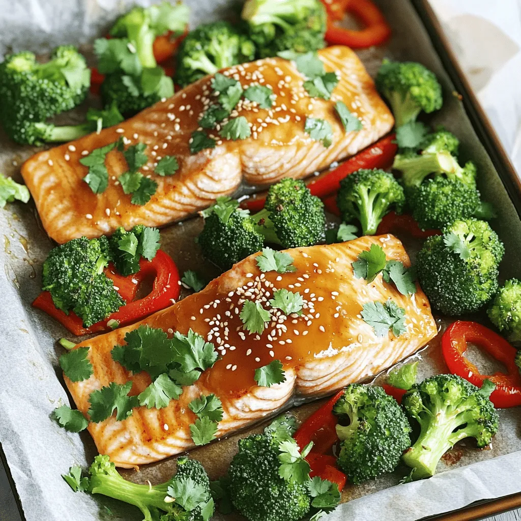 - 4 fresh salmon fillets - 1/4 cup honey - 3 tablespoons soy sauce (or tamari for a gluten-free option) First, let's start with the main ingredients. Salmon fillets are the star of this dish. They are rich in omega-3 fatty acids and taste great. You can find them fresh at your local market. Honey adds sweetness and helps create a sticky glaze. Soy sauce gives the dish a nice umami flavor. If you're gluten-free, tamari is a perfect substitute. - 3 garlic cloves, finely minced - 1 tablespoon fresh ginger, grated - 1 tablespoon extra virgin olive oil - 1 teaspoon sesame oil - Zest and juice of 1 lemon Now, we need flavor enhancers. Garlic and ginger are key here. They add a warm and spicy note. Olive oil helps to blend all the flavors, while sesame oil adds a nutty touch. Lemon zest and juice brighten the dish. They balance the sweetness of the honey and the saltiness of the soy sauce. - 2 cups bite-sized broccoli florets - 1 large red bell pepper, thinly sliced - 1 teaspoon sesame seeds (for garnish) - Fresh cilantro or chopped green onions (for garnish) For the vegetables, use broccoli florets. They add color and crunch. A red bell pepper adds sweetness and a pop of color. Garnish your dish with sesame seeds. They add a nice crunch. Fresh cilantro or green onions give a burst of freshness. These veggies make your meal not just tasty but also visually appealing. - Preheat your oven to 400°F (200°C). - Line a large baking sheet with parchment paper for easy cleanup. - In a small bowl, whisk together the honey, soy sauce, minced garlic, and grated ginger. - Add olive oil, sesame oil, lemon juice, and lemon zest. Mix until smooth. - Place the salmon fillets in the center of the baking sheet. - Lightly season them with salt and black pepper. - Arrange the broccoli and red bell pepper around the salmon. Make it colorful. - Place the baking sheet in the oven to roast for about 15-20 minutes. - Check the salmon. It should flake easily with a fork. The veggies should be tender but bright. - Once cooked, take the baking sheet out of the oven. - Sprinkle sesame seeds over the salmon and vegetables for a nice crunch. - Add fresh cilantro or green onions on top for color and flavor. To ensure your salmon is perfectly flaky, pay close attention to the cooking time. Bake the salmon for about 15 to 20 minutes at 400°F (200°C). Check it after 15 minutes. The salmon is done when it flakes easily with a fork. If you overcook it, the fish can become dry. For the vegetables, broccoli florets and sliced red bell pepper work well. They need the same cooking time as the salmon. Keep them around the fish so they soak up those tasty juices. This way, your veggies stay bright and crunchy. You can serve the salmon and veggies straight from the pan for a cozy vibe. This makes cleanup easy and keeps the flavors together. If you prefer a fancier look, plate the salmon and veggies individually. Drizzling the remaining honey garlic sauce over each portion adds an extra layer of flavor. This little touch makes your meal feel special. Plus, it looks beautiful on the plate! {{image_4}} You can change up the veggies in this dish. Instead of broccoli and red bell pepper, try zucchini or asparagus. Both add great color and taste. You can also use snap peas or carrots for a nice crunch. For sauces, you might want to switch out the honey garlic sauce. Teriyaki sauce gives a sweet and savory twist. You can also mix in some chili paste for a spicy kick! If you need a gluten-free option, use tamari instead of soy sauce. It tastes just as good and keeps the dish safe for those with gluten sensitivities. For low-carb diets, skip the honey. Use a sugar-free sweetener instead. You can also add more veggies, like cauliflower or spinach, to keep it filling without the carbs. To keep your leftovers fresh, place them in an airtight container. Store the salmon and veggies in the fridge for up to three days. If you want to keep them longer, freeze them. Wrap each portion tightly in plastic wrap or foil. Then, place them in a freezer-safe bag. This way, you can enjoy your meal later without losing flavor. When it's time to enjoy your leftovers, reheat them gently. The best method is to use an oven. Preheat your oven to 350°F (175°C). Place the salmon and veggies on a baking sheet. Cover them with foil to keep moisture in. Heat for about 10 to 15 minutes. This way, you avoid drying out the salmon, keeping it flaky and juicy. Can I use frozen salmon? Yes, you can use frozen salmon. Just make sure to thaw it first. Thaw it overnight in the fridge or use cold water for quick thawing. Cooking time may vary slightly. Always check for doneness to ensure it's safe to eat. How do I know when the salmon is done? Salmon is done when it flakes easily with a fork. It should be opaque and moist. Use a food thermometer for best results. The thickest part should reach 145°F (63°C) for safe consumption. What can I replace honey with? You can replace honey with maple syrup or agave nectar. Both will add sweetness. If you want a less sweet option, try brown sugar mixed with a bit of water. Can I use other types of fish? Yes, you can use other fish like trout or tilapia. These fish have similar cooking times. Just adjust the sauce to fit the flavor of the fish you choose. What sides go well with this dish? Serve this dish with rice, quinoa, or a fresh salad. Roasted sweet potatoes or green beans also pair well. These sides balance the meal and add more color. How to pair wines with honey garlic salmon? For wine, a light white like Sauvignon Blanc works well. If you prefer red, a light Pinot Noir can be nice too. Both wines will complement the flavors without overpowering them. This blog post covered how to make a tasty honey garlic salmon dish. We explored key ingredients like salmon, honey, and flavor enhancers such as garlic and ginger. I shared step-by-step instructions for roasting, along with tips for perfect texture and presentation. You can even customize the dish with different veggies or sauces. Storing leftovers properly keeps your meal fresh for later. With these insights, you can enjoy this dish in many ways, making it a genuine staple in your kitchen. Dive in and savor this simple yet delicious recipe!