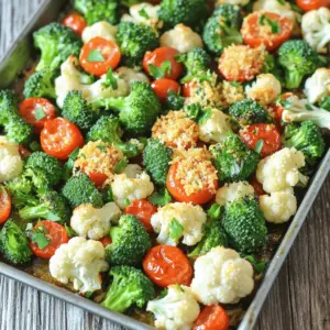 To make this dish, you need fresh vegetables that roast well. Here’s what you will need: - 2 cups fresh broccoli florets - 2 cups fresh cauliflower florets - 1 cup cherry tomatoes, halved - 1 bell pepper, diced (red or yellow adds sweetness) These veggies not only taste great but also look colorful on the plate. Broccoli and cauliflower add crunch. Cherry tomatoes bring juiciness, while bell peppers add a sweet touch. Next, let's talk about olive oil and seasonings. You will need: - 3 tablespoons extra virgin olive oil - 4 cloves garlic, minced finely - 1 teaspoon dried Italian seasoning blend (includes oregano, basil, and thyme) - Salt and freshly ground black pepper to taste The olive oil helps the veggies roast nicely. Garlic adds a strong flavor. The Italian seasoning blends well with all the veggies, making each bite tasty. Don’t forget the salt and pepper; they enhance the dish. Cheese adds a rich flavor to the roasted veggies. For this recipe, use: - ½ cup freshly grated Parmesan cheese - Fresh parsley, finely chopped for garnish Parmesan cheese melts beautifully and turns golden in the oven. It gives a savory touch to the mix. The parsley adds a fresh look and flavor as a garnish, making your dish even more appealing. Start by preheating your oven to 425°F (220°C). This heat will help the veggies cook well. To make cleanup easy, line a large baking sheet with parchment paper. This step saves time and effort later. In a big mixing bowl, add 2 cups of fresh broccoli florets, 2 cups of fresh cauliflower florets, 1 cup of halved cherry tomatoes, and 1 diced bell pepper. You can pick red or yellow bell peppers for a sweeter taste. Drizzle 3 tablespoons of extra virgin olive oil over the veggies. Add 4 cloves of minced garlic, 1 teaspoon of dried Italian seasoning, and salt and pepper to taste. Use your hands or a spatula to mix everything well. Make sure every piece is coated in oil and seasoning for the best flavor. Spread the seasoned veggies on the prepared baking sheet. Keep them in a single layer so they roast evenly. Place the baking sheet in your hot oven and roast for about 20 minutes. The veggies should become soft and slightly golden. After 20 minutes, take the sheet out and sprinkle ½ cup of freshly grated Parmesan cheese over them. Return the baking sheet to the oven and roast for another 5 to 10 minutes. You want the cheese to melt and turn golden brown. The veggies should be tender and a bit crispy around the edges. Once done, let them cool for a few minutes before serving. Use a spatula to transfer the veggies to a platter and add a sprinkle of finely chopped parsley for a lovely finish. To get the best roast, spread the veggies evenly on your pan. This helps them cook well. Use fresh vegetables for the best taste. Cut them into similar sizes for even cooking. Keep an eye on them as they roast. If they start to brown too quickly, lower the oven temperature slightly. Roasting at 425°F gives a great balance of crisp and tender. Garlic and cheese boost the flavor of roasted veggies. Use fresh minced garlic for a strong taste. Mix it well with vegetables before roasting. Parmesan cheese adds a salty, nutty flavor. Sprinkle it on right before the end of roasting. This way, it melts perfectly without burning. For a twist, try adding some lemon zest. It gives a bright flavor that pairs nicely with the garlic. Presentation makes a big difference. Transfer the veggies to a nice serving platter. Sprinkle fresh parsley on top for color. For extra flair, add lemon wedges on the side. Guests can squeeze them over the veggies, adding freshness. This small touch makes a big impact. Enjoy your colorful and tasty dish! {{image_4}} You can change up the veggies in this dish. Try using asparagus, zucchini, or carrots. These vegetables also roast well and bring different flavors. You can mix and match based on what you have at home. The key is to choose veggies that cook at similar times to keep them tender and tasty. Mixing in different herbs can give your veggies a new taste. You can try adding smoked paprika for a smoky flavor. Lemon zest can add brightness, while chili flakes can give a nice kick. Don’t be afraid to experiment! Just remember to keep the balance of flavors. If you want a vegan option, use nutritional yeast instead of Parmesan cheese. It provides a cheesy flavor without dairy. You can also try using vegan cheese shreds made from nuts or soy. Just sprinkle them on during the last few minutes of roasting for the best results. After making your sheet-pan garlic Parmesan roasted veggies, allow them to cool. Once cooled, place them in an airtight container. This keeps the veggies fresh. You can store them in the fridge for up to three days. For best taste, eat them within two days. To reheat your leftovers, use the oven for the best results. Preheat your oven to 350°F (175°C). Spread the veggies on a baking sheet. Heat them for about 10-15 minutes or until warm. This helps keep the veggies crispy. You can also use a microwave, but it may make them soggy. If you use the microwave, heat for 1-2 minutes. Freezing is a great way to save extra roasted veggies. Let them cool completely first. Then, place them in a freezer-safe bag or container. Remove as much air as possible. They can last up to three months in the freezer. To use them later, thaw in the fridge overnight. Reheat as mentioned above for the best taste. Yes, you can use frozen vegetables. However, fresh veggies give the best taste and texture. Frozen veggies may release more water while cooking. This can lead to sogginess. If you use frozen, roast them for less time. Keep an eye on them to avoid overcooking. To keep your veggies crisp, follow these steps: - Use a hot oven, about 425°F (220°C). - Spread the veggies in a single layer on the baking sheet. - Avoid crowding the pan. If you have too many veggies, roast them in batches. - Use enough olive oil to coat but not drown them. Too much oil can lead to sogginess. These roasted veggies go great with many dishes! Try them with: - Grilled chicken or fish for a healthy meal. - Quinoa or rice for a filling side. - Pasta dishes for added flavor and nutrients. - A fresh green salad for a light lunch. Mix and match to suit your taste! This post covered how to make tasty roasted veggies. We talked about fresh ingredients, steps to prepare them, and tips for a great roast. I shared ways to mix up the flavors and how to store leftovers. Remember, using fresh veggies and the right seasonings makes all the difference. Don't be afraid to try new vegetables and flavors. Enjoy your cooking journey and the delicious meals to come!