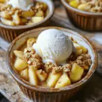 - 2 medium apples (Granny Smith or Honeycrisp) - 2 tablespoons brown sugar - 1/2 teaspoon ground cinnamon - 1/4 teaspoon freshly grated nutmeg - 1/2 cup rolled oats - 1/4 cup all-purpose flour - 1/4 cup cold unsalted butter - 2 tablespoons granulated sugar - Pinch of sea salt - 1 tablespoon fresh lemon juice - Optional toppings: vanilla ice cream or whipped cream To make apple crumble for two, you need a few key ingredients. The apples are the star here. I love using Granny Smith or Honeycrisp apples. They offer a nice blend of tartness and sweetness. Next, you will need brown sugar. This adds depth to the apples. Ground cinnamon and freshly grated nutmeg bring warmth and spice. They enhance the flavor of the apples. For the topping, rolled oats and all-purpose flour create a crunchy texture. The cold unsalted butter binds everything together. Granulated sugar adds a hint of sweetness. A pinch of sea salt balances the flavors. Lastly, fresh lemon juice brightens the dish. Optional toppings like vanilla ice cream or whipped cream can take it up a notch. They add creaminess and richness to the warm crumble. First, set your oven to 350°F (175°C). This helps the apple crumble bake evenly and turn golden brown. In a small bowl, mix the diced apples with two tablespoons of brown sugar. Add half a teaspoon of ground cinnamon and a quarter teaspoon of grated nutmeg. Pour in one tablespoon of fresh lemon juice. Stir gently until all the apples are coated. Let this mix sit for about 10 minutes. This step softens the apples and blends the flavors. In another bowl, whisk together half a cup of rolled oats, a quarter cup of all-purpose flour, and two tablespoons of granulated sugar. Add a pinch of sea salt to enhance the flavors. Cut in a quarter cup of cold unsalted butter, diced into small cubes. Use your fingers or a pastry cutter to mix until it looks like coarse crumbs. You want some lumps for a nice texture. Divide the apple mixture into two small ramekins. If you prefer, use a small baking dish. Spoon the crumble topping over the apples evenly. Place the ramekins on a baking sheet to catch any drips. Bake for 25 to 30 minutes. Look for a golden brown topping and bubbling apples. Let the crumble cool for one minute before serving. For a tasty touch, add a scoop of vanilla ice cream or a dollop of whipped cream on top. This adds a fun contrast of warm and cold. Enjoy each bite! Choose apples that bring flavor and texture. I love using Granny Smith or Honeycrisp apples. Granny Smith apples are tart and hold their shape well when baked. Honeycrisp apples add sweetness and a juicy crunch. Make sure the apples are firm and fresh. They should smell fruity and bright. Avoid apples with bruises or soft spots. To get the crumble just right, use cold butter. Cut it into small cubes before mixing. Your goal is to blend the butter with the dry ingredients until it looks like coarse crumbs. Some lumps are okay! This texture will give you a nice crunch when baked. Don’t overmix; keep that crumbly feel. Serve your apple crumble warm for the best flavor. I like to use small ramekins, which look cute and are easy to handle. Add a scoop of vanilla ice cream or a dollop of whipped cream on top. The cold cream contrasts nicely with the warm crumble. You can also sprinkle some extra cinnamon on top for a fun touch. Enjoy the blend of flavors! {{image_4}} You can boost your apple crumble with fun add-ins. Try adding a handful of raisins or dried cranberries. They give a nice chewy texture and a sweet touch. You can also mix in some chopped nuts, like walnuts or pecans. This adds crunch and a rich flavor. For a twist, sprinkle in a few chocolate chips. This can make the dessert even more special! If you need a gluten-free option, swap the all-purpose flour. Use a gluten-free flour blend instead. Make sure the oats are labeled gluten-free, too. This way, you can enjoy your apple crumble without worry. It will still taste great and keep its wonderful texture! You can change the sweetness by using different sweeteners. Instead of brown sugar, try maple syrup or honey. Both add a unique flavor. Just remember, if you use liquid sweeteners, reduce the lemon juice a bit. You can also use coconut sugar for a more caramel-like taste. These options can make your dessert healthier while still being tasty. To store leftover apple crumble, let it cool completely. Once cooled, cover it tightly with plastic wrap or foil. You can also use an airtight container. Keep the crumble in the fridge for up to three days. This will help keep the flavors fresh. Reheat your apple crumble in the oven for best results. Preheat the oven to 350°F (175°C). Remove the cover and place the crumble in the oven for about 10-15 minutes. This brings back the crispiness of the topping. If you want a quick option, use the microwave. Heat it in 20-second intervals until warm. You can freeze apple crumble for later enjoyment. After cooling, wrap it tightly in plastic wrap, then foil. Be sure to label it with the date. It will keep in the freezer for up to three months. To bake from frozen, just add extra time in the oven. Enjoy a warm dessert on a cozy night! Yes, you can skip the oats. Use more flour instead. This change will still give you a nice texture. Just replace the oats with an extra 1/2 cup of flour. It will be a bit softer but still tasty. To serve more people, simply double or triple the ingredients. For four servings, use: - 4 medium apples - 4 tablespoons brown sugar - 1 teaspoon ground cinnamon - 1/2 teaspoon freshly grated nutmeg - 1 cup rolled oats - 1/2 cup all-purpose flour - 1/2 cup cold unsalted butter - 4 tablespoons granulated sugar - Pinch of sea salt - 2 tablespoons fresh lemon juice This way, everyone can enjoy a warm dish! If you want to change the apples, use pears, peaches, or berries. They all work well. Just keep in mind that different fruits may change the taste. Make sure to adjust the sugar based on the fruit's sweetness. Apple crumble stays good for about 3 to 4 days in the fridge. Just cover it well to keep it fresh. When you're ready to enjoy it again, reheat in the oven for the best taste. This blog post covered how to make a tasty apple crumble. We discussed the key ingredients like apples, oats, and spices. I shared step-by-step instructions, plus tips for the best results. You learned about fun variations and how to store leftovers. Apple crumble is easy and fun to make. You can enjoy it warm or cold. With endless topping options, it can be a new family favorite. Enjoy your baking adventure!