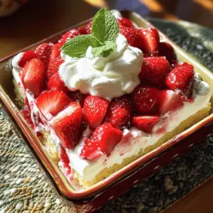 - 1 pound fresh strawberries, hulled and thinly sliced - 2 tablespoons granulated sugar - 1 cup heavy whipping cream - 2 tablespoons powdered sugar - 1 teaspoon pure vanilla extract - 12-15 shortbread cookies (you can use store-bought or homemade) - Fresh mint leaves, for garnish (optional) Each ingredient plays a key role in making this treat. Fresh strawberries give sweetness and brightness. The granulated sugar helps bring out their juices, creating a syrup. Heavy whipping cream is essential for the rich whipped cream layer. Powdered sugar sweetens the cream and helps it maintain structure. Vanilla extract adds depth to the flavor. Shortbread cookies provide a sweet, buttery base. Lastly, mint leaves add a fresh touch for garnish. For strawberries, I love using local, ripe ones for the best taste. Brands like Driscoll’s are reliable if you need store-bought. For heavy cream, look for brands like Land O’Lakes or Horizon Organic. They whip up nicely and taste great. Use any shortbread cookies you like, but Walker’s is a classic brand that works well. The right ingredients make all the difference in this dessert! 1. First, take your fresh strawberries. Hull and slice them thin. 2. In a medium bowl, mix the strawberries with granulated sugar. Toss them gently. 3. Let the strawberries sit for about 15 minutes. This helps them release juice. 4. While they macerate, prepare the whipped cream. In a separate bowl, add heavy whipping cream, powdered sugar, and vanilla extract. 5. Use a hand mixer to whip the cream. Whip until medium peaks form, about 3-5 minutes. 6. Grab a 9x9 inch baking dish. Start with one layer of shortbread cookies at the bottom. 7. Break cookies if needed, to fit snugly. 8. Spread a generous layer of whipped cream over the cookies. 9. Top with some of the macerated strawberries and their juice. 10. Repeat layering: cookies, whipped cream, strawberries. 11. Finish with a thick layer of whipped cream on top. 12. Cover with plastic wrap tightly. This keeps odors out. 13. Chill in the fridge for at least 4 hours, or overnight for best flavor. - Start with a flat layer of cookies for a stable base. - Use enough whipped cream to cover each layer fully. - Make sure to distribute strawberries evenly to avoid clumps. - Aim for a nice balance of cream and berries in every bite. - Don’t rush the layering; let each layer set before adding the next. - Serve the cake on a decorative platter for a nice look. - Drizzle some leftover strawberry juice around the cake for color. - Garnish with fresh mint leaves for a pop of green. - Cut into squares for easy serving. - Pair it with a scoop of vanilla ice cream for extra delight! To make great whipped cream, use cold heavy cream. Cold cream whips faster and holds shape better. Add powdered sugar and vanilla to the cream. This adds sweetness and flavor. Whip the mixture on medium speed. Watch closely and stop when it forms medium peaks. If you whip too long, the cream can turn grainy. This will ruin the smooth texture. Macerating strawberries is simple but key for flavor. Start with fresh strawberries. Hull and slice them thin. Then, sprinkle granulated sugar over the strawberries. Toss them gently to coat. Let them sit for about 15 minutes. This time allows the sugar to draw out juices. You will get a sweet syrup that adds moisture and flavor to your cake. Many people rush the layering process. Don't skip the time to macerate strawberries. It’s crucial for flavor. Another mistake is not using enough whipped cream. A thick layer is key for creaminess. Also, be sure to cover the dish tightly. This keeps odors out while it chills. Finally, don't rush the chilling time. Letting it sit overnight makes a big difference in taste and texture. {{image_4}} You can switch out strawberries for many other fruits. Try blueberries, raspberries, or peaches. Each fruit gives a unique taste. For example, peaches add a sweet, juicy bite. Blueberries bring a burst of tartness. Raspberries add a lovely tart flavor that brightens the cake. If you need gluten-free, use gluten-free cookies. Look for brands that offer tasty shortbread alternatives. For a dairy-free option, swap heavy cream with coconut cream. Just chill a can of coconut milk overnight, then whip it. This gives a rich, creamy texture without dairy. You can make fun themed versions of this cake. For a chocolate twist, use chocolate cookies instead of shortbread. Layer in chocolate pudding with the whipped cream. For a lemon flavor, mix fresh lemon juice and zest into the whipped cream. This gives a bright, zesty taste that’s refreshing. Each variation makes the cake unique and exciting! To keep your Strawberry Shortcake Icebox Cake fresh, wrap it tightly. Use plastic wrap or aluminum foil. This helps seal in moisture and flavor. Store it in the fridge. Keep it in an airtight container if you have one. The icebox cake stays fresh for about 3 to 4 days in the fridge. After that, the cookies may get soggy. For the best flavor and texture, enjoy it within the first couple of days. If you notice any off smells or changes in texture, it's best to toss it out. You can freeze leftover icebox cake, but it’s a bit tricky. Cut it into individual squares for easy serving later. Wrap each piece in plastic wrap, then place them in a freezer-safe bag. This keeps them safe from freezer burn. Thaw the pieces in the fridge before serving. Enjoy them within 2 months for the best taste! Yes, you can use frozen strawberries. Just thaw them first. Drain any extra juice. They may be softer but still taste great. Frozen berries work well if fresh ones aren't in season. The cake needs to chill for at least 4 hours. However, I recommend chilling it overnight. This helps the flavors blend and the cookies soften. A longer chill gives a better texture and taste. You can use coconut cream or Greek yogurt as a substitute. Coconut cream gives a nice flavor, while Greek yogurt is a healthier option. Both will change the texture slightly but still taste delicious. To make this cake ahead of time, prepare it a day before. Follow all the steps and chill overnight. This allows the cake to set properly. You’ll have a tasty treat ready for your guests! In this blog post, we explored making a Strawberry Shortcake Icebox Cake. We covered the essential ingredients, their roles, and recommended brands for great results. I shared step-by-step instructions for preparation and serving, along with tips for perfect layers. You learned common mistakes to avoid and fun variations to try. We also discussed storage tips to keep your cake fresh. Now, you can enjoy this easy and tasty dessert. Experiment with flavors and impress your family and friends!