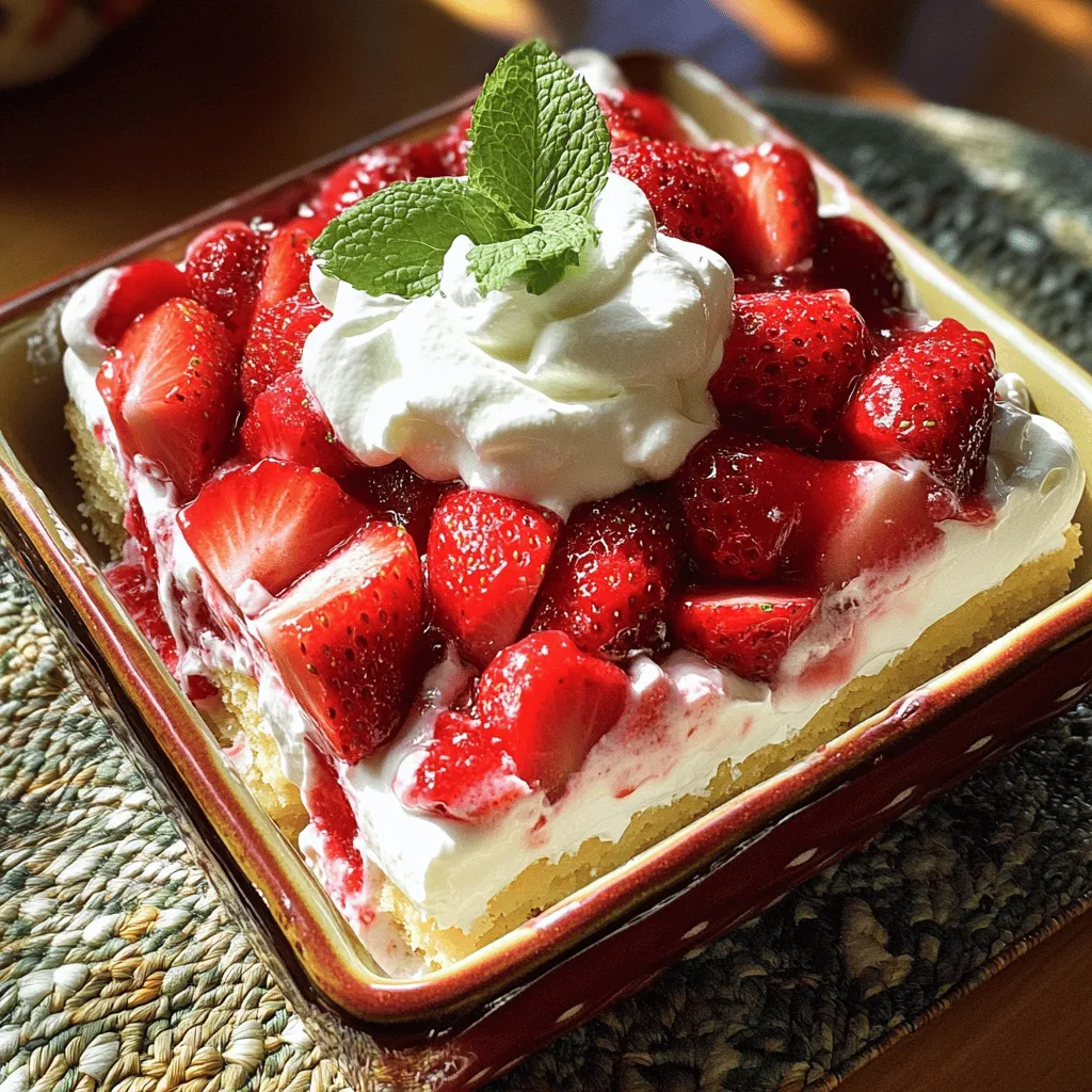 - 1 pound fresh strawberries, hulled and thinly sliced - 2 tablespoons granulated sugar - 1 cup heavy whipping cream - 2 tablespoons powdered sugar - 1 teaspoon pure vanilla extract - 12-15 shortbread cookies (you can use store-bought or homemade) - Fresh mint leaves, for garnish (optional) Each ingredient plays a key role in making this treat. Fresh strawberries give sweetness and brightness. The granulated sugar helps bring out their juices, creating a syrup. Heavy whipping cream is essential for the rich whipped cream layer. Powdered sugar sweetens the cream and helps it maintain structure. Vanilla extract adds depth to the flavor. Shortbread cookies provide a sweet, buttery base. Lastly, mint leaves add a fresh touch for garnish. For strawberries, I love using local, ripe ones for the best taste. Brands like Driscoll’s are reliable if you need store-bought. For heavy cream, look for brands like Land O’Lakes or Horizon Organic. They whip up nicely and taste great. Use any shortbread cookies you like, but Walker’s is a classic brand that works well. The right ingredients make all the difference in this dessert! 1. First, take your fresh strawberries. Hull and slice them thin. 2. In a medium bowl, mix the strawberries with granulated sugar. Toss them gently. 3. Let the strawberries sit for about 15 minutes. This helps them release juice. 4. While they macerate, prepare the whipped cream. In a separate bowl, add heavy whipping cream, powdered sugar, and vanilla extract. 5. Use a hand mixer to whip the cream. Whip until medium peaks form, about 3-5 minutes. 6. Grab a 9x9 inch baking dish. Start with one layer of shortbread cookies at the bottom. 7. Break cookies if needed, to fit snugly. 8. Spread a generous layer of whipped cream over the cookies. 9. Top with some of the macerated strawberries and their juice. 10. Repeat layering: cookies, whipped cream, strawberries. 11. Finish with a thick layer of whipped cream on top. 12. Cover with plastic wrap tightly. This keeps odors out. 13. Chill in the fridge for at least 4 hours, or overnight for best flavor. - Start with a flat layer of cookies for a stable base. - Use enough whipped cream to cover each layer fully. - Make sure to distribute strawberries evenly to avoid clumps. - Aim for a nice balance of cream and berries in every bite. - Don’t rush the layering; let each layer set before adding the next. - Serve the cake on a decorative platter for a nice look. - Drizzle some leftover strawberry juice around the cake for color. - Garnish with fresh mint leaves for a pop of green. - Cut into squares for easy serving. - Pair it with a scoop of vanilla ice cream for extra delight! To make great whipped cream, use cold heavy cream. Cold cream whips faster and holds shape better. Add powdered sugar and vanilla to the cream. This adds sweetness and flavor. Whip the mixture on medium speed. Watch closely and stop when it forms medium peaks. If you whip too long, the cream can turn grainy. This will ruin the smooth texture. Macerating strawberries is simple but key for flavor. Start with fresh strawberries. Hull and slice them thin. Then, sprinkle granulated sugar over the strawberries. Toss them gently to coat. Let them sit for about 15 minutes. This time allows the sugar to draw out juices. You will get a sweet syrup that adds moisture and flavor to your cake. Many people rush the layering process. Don't skip the time to macerate strawberries. It’s crucial for flavor. Another mistake is not using enough whipped cream. A thick layer is key for creaminess. Also, be sure to cover the dish tightly. This keeps odors out while it chills. Finally, don't rush the chilling time. Letting it sit overnight makes a big difference in taste and texture. {{image_4}} You can switch out strawberries for many other fruits. Try blueberries, raspberries, or peaches. Each fruit gives a unique taste. For example, peaches add a sweet, juicy bite. Blueberries bring a burst of tartness. Raspberries add a lovely tart flavor that brightens the cake. If you need gluten-free, use gluten-free cookies. Look for brands that offer tasty shortbread alternatives. For a dairy-free option, swap heavy cream with coconut cream. Just chill a can of coconut milk overnight, then whip it. This gives a rich, creamy texture without dairy. You can make fun themed versions of this cake. For a chocolate twist, use chocolate cookies instead of shortbread. Layer in chocolate pudding with the whipped cream. For a lemon flavor, mix fresh lemon juice and zest into the whipped cream. This gives a bright, zesty taste that’s refreshing. Each variation makes the cake unique and exciting! To keep your Strawberry Shortcake Icebox Cake fresh, wrap it tightly. Use plastic wrap or aluminum foil. This helps seal in moisture and flavor. Store it in the fridge. Keep it in an airtight container if you have one. The icebox cake stays fresh for about 3 to 4 days in the fridge. After that, the cookies may get soggy. For the best flavor and texture, enjoy it within the first couple of days. If you notice any off smells or changes in texture, it's best to toss it out. You can freeze leftover icebox cake, but it’s a bit tricky. Cut it into individual squares for easy serving later. Wrap each piece in plastic wrap, then place them in a freezer-safe bag. This keeps them safe from freezer burn. Thaw the pieces in the fridge before serving. Enjoy them within 2 months for the best taste! Yes, you can use frozen strawberries. Just thaw them first. Drain any extra juice. They may be softer but still taste great. Frozen berries work well if fresh ones aren't in season. The cake needs to chill for at least 4 hours. However, I recommend chilling it overnight. This helps the flavors blend and the cookies soften. A longer chill gives a better texture and taste. You can use coconut cream or Greek yogurt as a substitute. Coconut cream gives a nice flavor, while Greek yogurt is a healthier option. Both will change the texture slightly but still taste delicious. To make this cake ahead of time, prepare it a day before. Follow all the steps and chill overnight. This allows the cake to set properly. You’ll have a tasty treat ready for your guests! In this blog post, we explored making a Strawberry Shortcake Icebox Cake. We covered the essential ingredients, their roles, and recommended brands for great results. I shared step-by-step instructions for preparation and serving, along with tips for perfect layers. You learned common mistakes to avoid and fun variations to try. We also discussed storage tips to keep your cake fresh. Now, you can enjoy this easy and tasty dessert. Experiment with flavors and impress your family and friends!