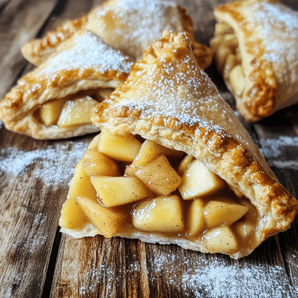To make Air Fryer Apple Hand Pies, you need simple, fresh ingredients. Here’s what you will need: - Fresh apples (2 medium) - Lemon juice (1 tablespoon) - Brown sugar (1/3 cup) - Ground spices (cinnamon and nutmeg) - Cornstarch (1 tablespoon) - Pie crusts (store-bought or homemade) - Egg (for egg wash) - Optional toppings (powdered sugar) Using fresh apples makes a big difference in flavor. I like to choose sweet and tart varieties. Honeycrisp or Granny Smith work great! The lemon juice brightens the taste and keeps the apples from browning. Brown sugar adds a rich sweetness that pairs well with the spices. Cinnamon and nutmeg bring warmth and depth. Cornstarch thickens the filling, so it doesn’t seep out. You can use store-bought pie crusts to save time or make your own for a personal touch. Don’t forget the egg wash! It gives the hand pies a nice golden color. A sprinkle of powdered sugar on top makes for a lovely finish. With these ingredients, your hand pies will be simple, delicious, and perfect for sharing! 1. In a medium bowl, mix the diced apples with lemon juice, brown sugar, cinnamon, nutmeg, and cornstarch. Stir gently so all the apples get coated. 2. Let this mixture rest for about 10 minutes. This helps the sugar pull out the apple juices, making the filling tastier. 1. On a lightly floured surface, roll out the pie crusts. Aim for them to be a bit thinner than usual. 2. Use a round cutter or a large glass to cut circles about 5 inches wide. You should get 6 to 8 circles from each crust. 1. Take one dough circle and place about 2 tablespoons of the apple filling in the center. Don’t overfill, as it makes sealing hard. 2. Brush the edges of the dough with melted butter. This helps seal the pie. 3. Fold the dough over the filling, making a half-moon shape. Press the edges firmly, then crimp them with a fork or pinch them for a nice look. 1. Preheat your air fryer to 350°F (175°C) for about 5 minutes. This gets it ready to cook the pies evenly. 2. Brush the tops of each hand pie with the beaten egg. This gives them a lovely golden color as they cook. 3. Place the hand pies in the air fryer basket in a single layer. Leave space between them for air to flow. Cook in batches if your fryer is small. 4. Cook for 10-12 minutes, flipping them halfway through. They should puff up and turn golden brown. 1. Once they are done, carefully remove the hand pies from the air fryer using a spatula. 2. Let them cool for a few minutes on a wire rack. This helps the crust set. 3. For an extra sweet touch, dust them with powdered sugar before serving. Enjoy your warm hand pies! To make perfect hand pies, start by avoiding overfilling. Adding too much filling makes sealing tough. Stick to about 2 tablespoons of filling per pie. This helps keep the edges together. Next, ensure proper sealing. Brush the edges with melted butter before folding. This acts like glue. Press the edges firmly, then crimp using a fork. This adds a nice touch and helps keep the filling inside. For the best results, set your air fryer to 350°F (175°C). Preheat it for about 5 minutes. This helps the dough cook evenly and become crisp. Most air fryers cook well at this temperature. If your air fryer model varies, adjust the cooking time. Some may need a few extra minutes. Watch closely until they become puffed and golden brown. Flip them halfway for even cooking. Serving your hand pies can be fun! You can arrange them on a nice plate. Dust with powdered sugar for an attractive finish. This adds sweetness and looks great. Try adding a scoop of ice cream or a dollop of whipped cream on the side. This adds a creamy element to the crispy pie. You can also sprinkle cinnamon on top for extra flavor. {{image_4}} You can use other fruits for your hand pies. Pears work great and add a sweet touch. Peaches also make a tasty filling. Just swap out the apples for your chosen fruit. For a fun twist, combine spices like ginger or cardamom with the fruit. This adds depth and warms up the flavor. If you want to make these hand pies healthier, you can reduce the sugar. Use half the amount of brown sugar for less sweetness. You can also try whole wheat pie crusts. They add more fiber and nutrients. Whole wheat crusts have a nice nutty flavor too. You don’t have to use an air fryer. You can bake the hand pies in the oven. Preheat your oven to 375°F (190°C) and bake for 20-25 minutes. They will still be golden and delicious. You could also fry them in oil. This gives a crispy texture, but be careful with the oil temperature. Either way, you get a tasty treat! To keep your air fryer apple hand pies fresh, store them properly. First, let them cool completely. Then, place the hand pies in an airtight container. They will last in the fridge for about three days. To keep them tasting fresh, try to eat them quickly. If you want to store them for longer, freezing is a great option. Wrap each hand pie tightly in plastic wrap. Then, place them in a freezer-safe bag or container. They can stay in the freezer for up to three months. When you're ready to eat, just thaw them in the fridge overnight. When it’s time to enjoy your hand pies again, you have two good options: the microwave or the air fryer. The microwave is quick but may make the crust soft. If you want a crispy crust, use the air fryer. Preheat it to 350°F (175°C) and heat the hand pies for about 5 minutes. This method keeps the crust crunchy and warm. Remember to check the hand pies after reheating. You want them hot inside but not overcooked. Enjoy these tasty treats at their best! Yes, you can prepare the filling ahead. Mix the apples, lemon juice, brown sugar, cinnamon, nutmeg, and cornstarch. Store this mix in the fridge for up to a day. When you're ready, roll out the pie crust, fill, and cook the pies. This saves time when you want a quick treat. For baking, I recommend using Granny Smith or Honeycrisp apples. Granny Smith gives a tart flavor. Honeycrisp adds sweetness and crunch. You can mix both for a great taste. Avoid soft apples, as they can turn mushy. Yes, you can. Many brands offer gluten-free pie crusts. Check labels for safe options. You can also make your own using almond or coconut flour. This lets everyone enjoy these tasty pies without worry. Look for a golden brown color on the crust. The edges should be crisp, and the filling should bubble slightly. You can also check by gently pressing the pie; it should feel firm. Enjoy the warm, flaky texture! Now you know how to make delicious air fryer apple hand pies. We covered the ingredients, step-by-step instructions, and tips for perfect pies. You can even try variations with different fruits or healthier options. Store your hand pies the right way to keep them fresh, and remember the reheating tips to preserve that crispiness. These hand pies are fun to make and a treat to enjoy. Try your own flavors and creative twists. Get ready to share your tasty results!