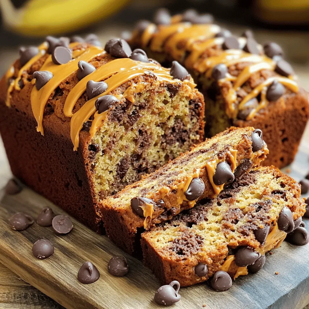 - 3 ripe bananas, thoroughly mashed - 1/2 cup creamy peanut butter - 1/3 cup coconut oil, melted (or unsalted butter for a richer flavor) - 1/2 cup packed brown sugar - 2 large eggs, at room temperature - 1 teaspoon pure vanilla extract - 1 teaspoon baking soda - 1/4 teaspoon fine sea salt - 1 1/2 cups all-purpose flour - 1/2 cup semi-sweet or dark chocolate chips - Optional: 1/4 cup finely chopped walnuts or pecans - Mixing bowls - Measuring cups and spoons - Whisk and spatula - 9x5 inch loaf pan - Parchment paper (optional) - Toothpick for testing Gathering the right ingredients is key to making this delicious peanut butter chocolate chip banana bread. You want your bananas to be very ripe. This ripeness gives your bread its natural sweetness and moisture. The creamy peanut butter adds richness. You can use coconut oil or unsalted butter for a nice touch. Brown sugar will give a deep flavor, while eggs hold everything together and add fluffiness. Make sure you have measuring cups and spoons ready. You will need mixing bowls for wet and dry ingredients. A whisk will help mix well, and a spatula will help scrape the bowl clean. The loaf pan should be 9x5 inches for the best bake. Parchment paper is optional, but it makes removal easier. You will also need a toothpick to check if your bread is done. Having all these ingredients and tools ready will make your baking experience smooth and fun! - Preheat the oven to 350°F (175°C). - Prepare a 9x5 inch loaf pan by greasing it lightly or using parchment paper. - In a large bowl, combine 3 ripe bananas, mashed well, with 1/2 cup of creamy peanut butter. - Add in 1/3 cup of melted coconut oil, 1/2 cup of brown sugar, 2 large eggs, and 1 teaspoon of pure vanilla extract. Mix until smooth and creamy. - In a separate bowl, whisk together 1 teaspoon of baking soda, 1/4 teaspoon of fine sea salt, and 1 1/2 cups of all-purpose flour. - Gently mix the dry ingredients into the wet ingredients, stirring just until blended. - Fold in 1/2 cup of chocolate chips. If you like, add 1/4 cup of finely chopped walnuts or pecans. - Pour the batter into your prepared loaf pan, smoothing the top with a spatula. - Place the loaf pan in your preheated oven. Bake for 60-70 minutes. - Check if it is done by inserting a toothpick into the center. It should come out clean with a few moist crumbs. - After baking, let the banana bread cool in the pan for about 10 minutes. - Carefully transfer the loaf to a wire rack to cool completely before slicing. - Choosing the right bananas: Use ripe bananas for the best flavor. Look for bananas with brown spots. They should feel soft when you squeeze them gently. - Overmixing vs. gently combining: Mix your batter just enough to combine wet and dry ingredients. Overmixing can make the bread tough. Aim for a few lumps in the batter. - Tips for achieving moist banana bread: Add coconut oil for moisture. Avoid overbaking, as this can dry out the bread. A toothpick should come out with a few moist crumbs. - Drizzle with peanut butter: After slicing, drizzle warm banana bread with extra peanut butter. This adds richness and flavor. - Add extra chocolate chips on top: Before baking, sprinkle a few extra chocolate chips on top. This creates a sweet, melty topping. - Pairing suggestions: Enjoy banana bread with a cold glass of milk. The creaminess of the milk balances the bread's sweetness perfectly. {{image_4}} You can switch up the nut butter. Almond butter also works well. Sunflower seed butter gives a nice twist too. For nuts, consider walnuts or pecans. They add a great crunch. You can even try hazelnuts for a unique flavor. Spices can elevate your banana bread. A pinch of cinnamon or nutmeg adds warmth. You can also use flavored chocolate chips. Try peanut butter chips or caramel chips for fun. These small changes can make a big impact. Want a gluten-free option? Use almond flour or coconut flour instead of regular flour. This keeps the bread light and tasty. If you need a vegan version, substitute eggs with flax eggs. Simply mix one tablespoon of flaxseed meal with three tablespoons of water. Let it sit for five minutes. This will work great in your banana bread. You can store your peanut butter chocolate chip banana bread at room temperature. Wrap it well in plastic wrap or foil to keep it fresh. A cool, dry place works best. If you live in a humid area, store it in the fridge. The cold helps prevent mold. Just wrap it tightly to avoid drying out. To freeze banana bread, let it cool completely first. Wrap it tightly in plastic wrap, then in aluminum foil. This keeps out air and moisture. You can also use a freezer-safe bag. For thawing, take the bread out and leave it on the counter. It usually takes a few hours to thaw. You can also speed it up by using a microwave. At room temperature, banana bread stays fresh for about 3 to 4 days. If you put it in the fridge, it can last about a week. In the freezer, banana bread can last up to 3 months. Just remember to label it with the date you froze it for easy tracking. The best bananas for banana bread are very ripe. Look for bananas with brown spots. These spots mean the bananas are sweet. They will give your bread great flavor. The mushy texture also helps mix well. Yes, you can use frozen bananas! Just thaw them first. Once thawed, drain any extra liquid. Mash them well before adding to the mix. This will keep your bread moist and tasty. If your banana bread is too dense, check a few things. First, did you overmix the batter? Mixing too much can cause it to be heavy. Also, make sure your baking soda is fresh. Old baking soda can affect the rise. You can easily swap some ingredients. Use almond butter instead of peanut butter if needed. You can also replace brown sugar with coconut sugar. For a dairy-free option, try using applesauce instead of eggs. To check if your banana bread is done, use a toothpick. Insert it in the center of the loaf. If it comes out clean or with a few crumbs, it is ready. The top should be golden brown too. In this post, I shared how to make delicious banana bread. We talked about the main ingredients and the tools you'll need. I also gave you clear steps to mix, bake, and cool your bread. Don't forget the tips for perfecting the recipe and ideas for variations. Banana bread is easy and fun to make. You can adjust it to fit your taste. Enjoy baking and sharing your tasty creation!