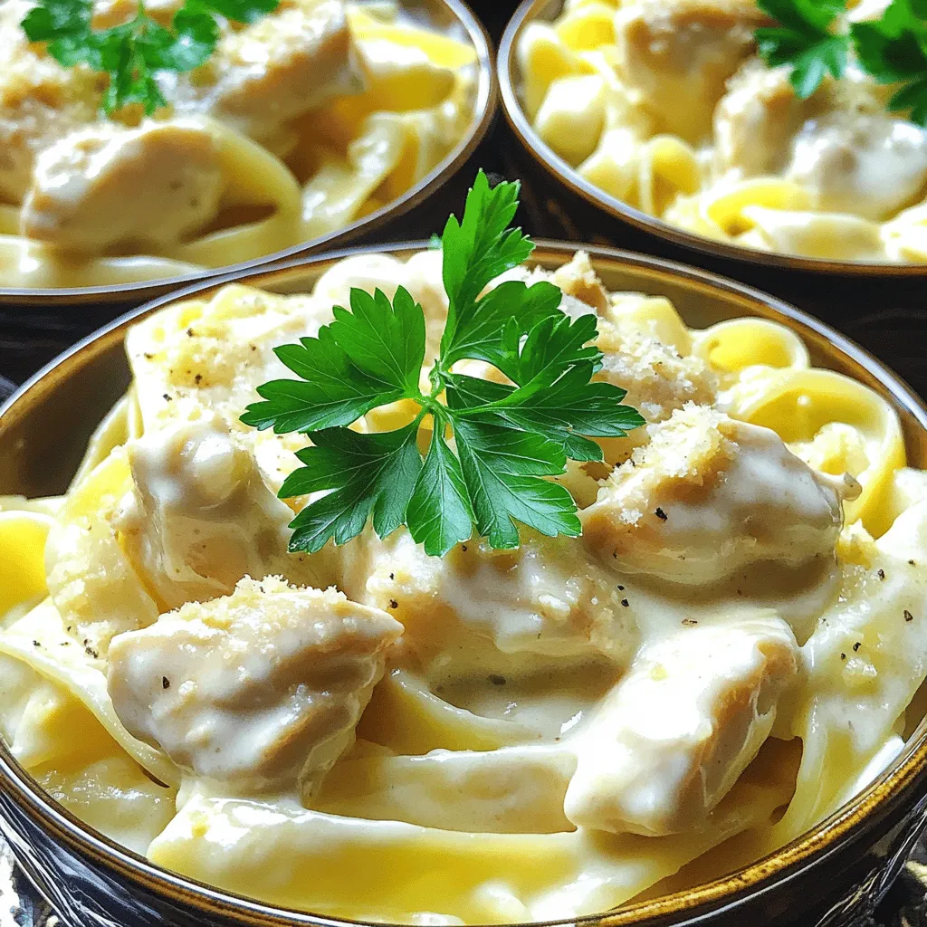 - 1 lb diced boneless, skinless chicken breasts - 2 tablespoons olive oil - 3 cloves minced garlic - 1 teaspoon Italian seasoning - Salt and freshly cracked black pepper, to taste - 2 cups low-sodium chicken broth - 12 oz fettuccine pasta - 1 cup heavy cream - 1 cup freshly grated Parmesan cheese - Fresh parsley, finely chopped (for garnish) - Additional seasonings (like crushed red pepper or herbs) - Alternative pasta types - Low-fat cream substitutions The main ingredients form the heart of this creamy dish. Diced chicken adds protein and flavor. Olive oil brings richness. Minced garlic gives a nice aroma. Italian seasoning adds a touch of warmth. Chicken broth makes the pasta cook well and adds depth. Fettuccine pasta is classic for Alfredo. It captures the sauce perfectly. Heavy cream makes it smooth and rich. Parmesan cheese brings a salty, savory kick. Fresh parsley on top adds color and freshness. You can play around with optional ingredients. Add crushed red pepper for a spicy touch. Try different pasta types, like whole wheat or gluten-free. If you want a lighter dish, use low-fat cream. Each change can give you a new twist on this classic. Start by selecting the 'Sauté' mode on your Instant Pot. Pour in 2 tablespoons of olive oil and let it heat until it shimmers. This step is key. The hot oil helps to brown the chicken well, adding rich flavor. Next, add 1 pound of diced boneless, skinless chicken breasts to the pot. Season the chicken with salt, freshly cracked black pepper, and 1 teaspoon of Italian seasoning. Sauté the chicken for about 5-7 minutes. Stir it occasionally until it's golden brown and almost cooked through. This will ensure your chicken is flavorful. Then, add 3 cloves of finely minced garlic. Sauté for one more minute. This step allows the garlic to become fragrant without burning. After that, carefully pour in 2 cups of low-sodium chicken broth. Scrape any browned bits from the pot. This action adds more flavor to your dish. Now, take 12 ounces of fettuccine pasta and break it in half. Add it to the pot. Make sure the pasta is fully submerged in the broth. This ensures even cooking and a creamy sauce later. Close the lid firmly. Set the pressure release valve to 'Sealing'. Choose 'Manual' or 'Pressure Cook' and set the timer to 5 minutes at high pressure. This step cooks the pasta perfectly while keeping the chicken tender. When cooking is complete, carefully perform a quick release of pressure. Turn the valve to 'Venting'. Use a cloth to protect your hand from steam. Open the lid and stir in 1 cup of heavy cream and 1 cup of freshly grated Parmesan cheese. Mix until the sauce is smooth and creamy. If the sauce is too thick, add a splash of chicken broth to reach your favorite consistency. Finally, taste and adjust seasoning with salt and pepper. To avoid overcooking chicken in the Instant Pot, use these tips: - Cut uniform pieces: Dice chicken into bite-sized pieces. This helps it cook evenly. - Check doneness: Use a meat thermometer. Chicken should reach 165°F for safe eating. - Quick release: After cooking, quickly release the pressure. This helps keep chicken moist. To get the perfect creaminess in your sauce, try these methods: - Start with heavy cream: Heavy cream gives a rich, smooth texture. - Gradually add broth: If the sauce is too thick, add chicken broth slowly. Stir well after each addition. - Use freshly grated cheese: Fresh Parmesan melts better and improves the sauce's texture. For a beautiful serving, follow these tips: - Warm your bowls: Ladle the Alfredo into warm bowls to keep it hot. - Add fresh parsley: Sprinkle chopped parsley on top for a pop of color. - Extra cheese: Dust with more Parmesan cheese for an elegant touch. - Serve with garlic bread: A side of garlic bread adds a lovely crunch. {{image_4}} You can switch up the main protein in this dish. Try using shrimp, sausage, or tofu. Each will bring a unique taste and texture. - Shrimp: Cook them for just a few minutes until they turn pink. They add a sweet, briny flavor. - Sausage: Use Italian sausage for a hearty option. Make sure to brown it well for rich taste. - Tofu: A great vegan option! Press and cube firm tofu. Sauté it until golden for better flavor. If you want to make this dish lighter, there are easy swaps. Use low-calorie cream or plant-based milk. - Low-calorie cream: Find a lighter cream made for cooking. This cuts fat while keeping creaminess. - Vegan options: Use cashew cream or coconut milk for a rich, dairy-free alternative. Adding veggies or spices can boost the taste of your Alfredo. Here are some fun ideas: - Vegetables: Toss in spinach, broccoli, or bell peppers. They add color and nutrients. - Spices: Try crushed red pepper or fresh basil for extra zing. These simple additions can really elevate the dish. Feel free to mix and match these ideas to create your perfect Chicken Alfredo! To keep your Chicken Alfredo fresh, use airtight containers. Glass or plastic containers work well. Fill them up, leaving a little space at the top. This helps the sauce stay creamy and tasty. Label the containers with the date to track freshness. For the best results, reheat your Chicken Alfredo on the stove. Use a medium heat setting. Stir often to prevent sticking. You can also use the microwave. Heat in short bursts, stirring between each burst. This helps keep the sauce from getting too hot and splitting. To freeze Chicken Alfredo, let it cool completely first. Then, portion it into freezer-safe bags or containers. Remove as much air as possible to avoid freezer burn. When ready to eat, defrost in the fridge overnight. Reheat on the stove with a splash of chicken broth to restore creaminess. Yes, you can use whole wheat or gluten-free pasta. Whole wheat adds a nutty flavor, while gluten-free pasta is great for those with dietary needs. If you choose gluten-free pasta, reduce the cooking time by 1-2 minutes to avoid mushiness. Always check the package for specific cooking times. You can store Instant Pot Chicken Alfredo in the fridge for up to 3 days. For longer storage, freeze it for up to 3 months. Make sure to use airtight containers. Label them with the date for easy tracking. If your sauce is too thick, simply add more chicken broth. Start with a small splash and stir until you reach your desired creaminess. You can also add a bit of milk or cream if you want to keep it rich. Yes, you can make this recipe on the stovetop. First, cook the chicken in a large pot. Add garlic, broth, and pasta. Cook until the pasta is tender. Lastly, stir in cream and cheese, just like in the Instant Pot method. This will give you a similar creamy goodness! This blog showed you how to make Chicken Alfredo in an Instant Pot. We covered key ingredients, from chicken to cream, and optional choices to suit your taste. You learned step-by-step instructions for cooking, plus tips to ensure success. We also explored variations to change up flavors and discussed proper storage. Remember, cooking is fun! Keep experimenting with your recipes, and enjoy the delicious meals you create.