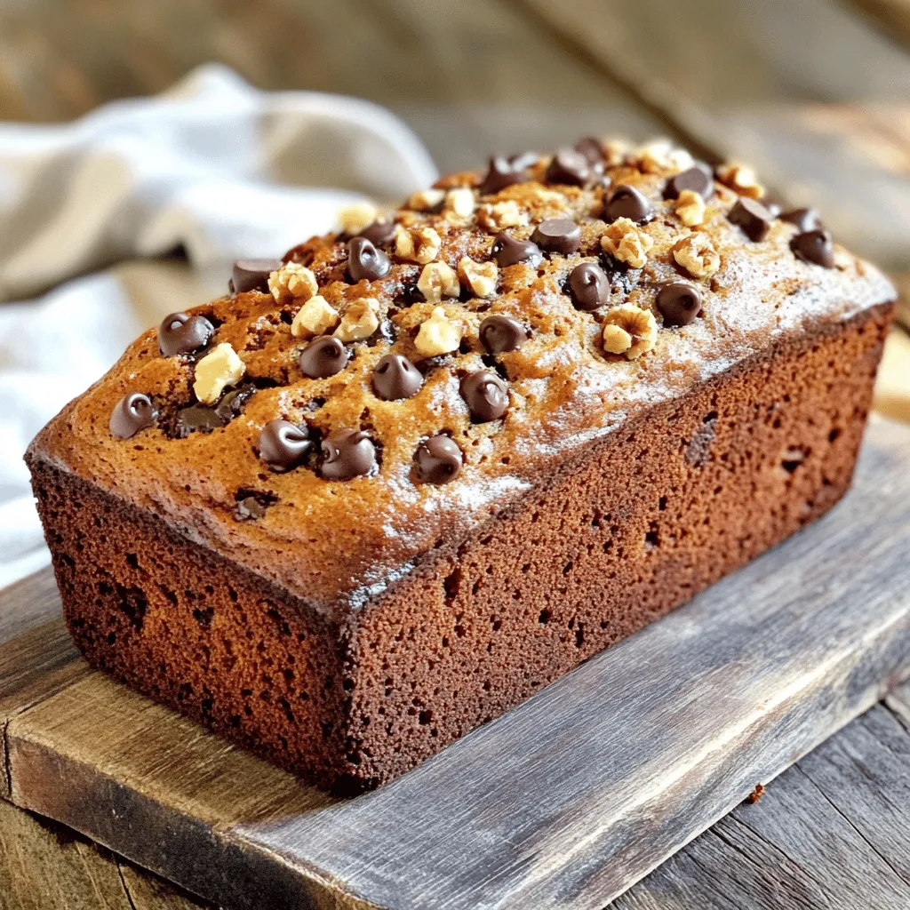 To make this super moist chocolate chip banana bread, you need a few simple ingredients. Here’s what you will need: - 3 ripe bananas, well-mashed - 1/3 cup coconut oil, melted - 1/2 cup packed brown sugar - 1 large egg, beaten until frothy - 1 teaspoon pure vanilla extract - 1 teaspoon baking soda - A pinch of salt - 1 cup all-purpose flour - 1/2 cup chocolate chips (you can choose dark or milk chocolate based on preference) - 1/2 cup chopped walnuts (optional for added crunch) These ingredients play a big role in the texture and taste of the bread. Using ripe bananas is key. They give the bread its natural sweetness and moisture. Coconut oil makes it rich and adds a slight coconut flavor. Brown sugar adds depth and a hint of caramel taste. The egg acts as a binder, helping the bread rise. Vanilla extract gives a lovely aroma. Baking soda makes the bread fluffy. The pinch of salt enhances all the flavors. All-purpose flour provides structure. Chocolate chips bring that delightful sweetness and gooeyness. If you like some crunch, add walnuts. They complement the soft bread so well. Gather these ingredients before you start. This will help you stay organized and make the process smooth. Enjoy the fun of mixing and baking! 1. Preheat your oven to 350°F (175°C). This step warms up your oven for baking. 2. Grease a 9x5 inch loaf pan well. This keeps your bread from sticking. 3. In a large bowl, mash 3 ripe bananas. Add 1/3 cup of melted coconut oil. Mix them until smooth. 1. Next, add 1/2 cup of brown sugar. Then add 1 large beaten egg and 1 teaspoon of pure vanilla extract. Stir until it looks even and well mixed. 2. Now, sprinkle in 1 teaspoon of baking soda and a pinch of salt. Fold these dry ingredients into the wet mixture gently. 3. Gradually add 1 cup of all-purpose flour. Mix just until combined; don’t overdo it or your bread may be tough. 1. Carefully fold in 1/2 cup of chocolate chips. If you want more crunch, add 1/2 cup of chopped walnuts too. 2. Pour the batter into your greased loaf pan. Use a spatula to smooth the top. 3. Place the pan in the oven and bake for 60-65 minutes. Check with a toothpick; it should come out clean when done. To make the best banana bread, you need to mix well. This helps avoid dense bread. Start by mashing your ripe bananas thoroughly. The more ripe they are, the more moisture they add. Ripe bananas are sweet and soft. They blend well into the batter. Using coconut oil also helps keep the bread moist. Melt it before mixing to get a smooth texture. This oil gives a light flavor that pairs well with bananas. When slicing your banana bread, use a sharp knife. This helps create clean, even slices. Serve it warm for a cozy treat. You can also serve it at room temperature. Consider spreading some butter or cream cheese on top for extra flavor. The creaminess balances the sweetness of the bread. You can even add a light sprinkle of cinnamon for a twist. One common mistake is overmixing the batter. Mix just until all the flour is combined. Overmixing can make your bread tough. Another mistake is slicing too soon. Let the bread cool in the pan for about 10 minutes. Then, move it to a wire rack to cool completely. This helps it set and makes slicing easier. {{image_4}} You can easily make your banana bread more exciting. Adding spices like cinnamon or nutmeg gives it warmth and depth. Just a teaspoon of cinnamon can transform the flavor. If you want something richer, try using dark chocolate chips instead of milk chocolate. The bold chocolate taste pairs well with bananas and adds a gourmet touch. If you want a healthier banana bread, consider using whole wheat flour. It adds fiber and nutrients without changing the taste much. You can also replace sugar with honey or maple syrup. These natural sweeteners add flavor and keep your bread moist. Just use a bit less than the sugar amount to keep the balance right. Seasonal ingredients can make your banana bread special. In the fall, add chopped cranberries or pumpkin for a festive twist. They add color and a fun taste. You can also mix in nuts, like walnuts, for crunch. It gives your bread a nice texture and makes every bite interesting. To keep your banana bread fresh for a week, wrap it tightly in plastic wrap. Store it in a cool, dry place. You can also place it in an airtight container. This helps keep the bread moist and soft. If you want, you can slice it before storing. This makes it easy to grab a slice later. If you want to save banana bread for longer, freezing is the way to go. First, let the bread cool completely. Then, wrap it in plastic wrap, followed by aluminum foil. This double layer protects it from freezer burn. You can freeze banana bread for up to three months. To thaw, take it out and leave it at room temperature for a few hours. You can also warm it in the oven at 350°F for about 10 minutes. Check for signs to know when banana bread has gone bad. Look for mold on the surface. If the bread feels dry or hard, it’s past its prime. A sour smell is another sign. If you notice any of these, it’s best to toss it out. Enjoy your banana bread while it’s fresh! To make banana bread more moist, use very ripe bananas. The riper the bananas, the more natural sugars they have. This adds sweetness and moisture. You can also add a bit more coconut oil or replace some flour with yogurt. Both options help keep the bread soft. Yes, you can use frozen bananas! First, thaw them at room temp or in the microwave. Once thawed, mash them well. The texture will be fine for the bread. Just make sure to drain any extra liquid before mixing them into your batter. If you don't have coconut oil, you can use unsalted butter or vegetable oil. Both will work well in this recipe. Melt the butter first, just like the coconut oil. This keeps the texture smooth and consistent. To check if your banana bread is done, insert a toothpick in the center. If it comes out clean, the bread is ready. Another sign is a golden-brown crust. You can also gently press the top; it should spring back. This banana bread recipe is simple and satisfying. You learned about essential ingredients, step-by-step instructions, and tips to avoid common mistakes. Variations can make your bread unique, while storage tips keep it fresh longer. Remember to use ripe bananas for the best flavor and moisture. Happy baking! Enjoy your delicious banana bread in many ways, and share it with friends and family. It’s easy to make, and everyone will love it!