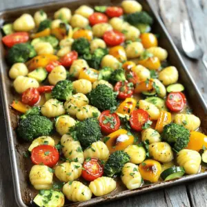 - 1 pound gnocchi (store-bought or homemade) - 2 cups fresh broccoli florets - 1 cup cherry tomatoes, halved - 1 bell pepper, sliced (any color) - 1 medium zucchini, sliced into half-moons - 4 tablespoons unsalted butter - 5 cloves garlic, minced - 1 teaspoon dried oregano - 1 teaspoon dried thyme - Salt and freshly ground black pepper to taste - 1/4 cup grated Parmesan cheese (optional) - Fresh parsley, finely chopped (for garnish) Gathering the right ingredients is key to making this dish shine. You can choose store-bought gnocchi or make your own. If you pick fresh veggies, they will add color and taste. For the veggies, I love using bright broccoli florets, juicy cherry tomatoes, and crunchy bell peppers. Zucchini adds a nice texture as well. You can mix and match your favorite vegetables to suit your taste. The garlic butter sauce is what truly makes this dish special. The unsalted butter melts beautifully and blends with minced garlic for rich flavor. Dried oregano and thyme add a lovely herb touch. Don’t forget to season with salt and fresh black pepper. If you want an extra kick of flavor, sprinkle Parmesan cheese on top. Fresh parsley is perfect for garnish. It adds color and a fresh taste that makes your meal pop. - Preheat oven to 425°F (220°C). This helps the gnocchi and veggies cook well. - In a large mixing bowl, combine 1 pound of gnocchi, 2 cups of fresh broccoli florets, 1 cup of halved cherry tomatoes, 1 sliced bell pepper, and 1 medium zucchini sliced into half-moons. Make sure all the veggies mix well with the gnocchi. - In a small saucepan over medium heat, melt 4 tablespoons of unsalted butter until it’s fully liquified. - Add 5 cloves of minced garlic to the melted butter. Cook for 2-3 minutes, stirring often. You want the garlic to smell great but not turn brown. - Stir in 1 teaspoon of dried oregano, 1 teaspoon of dried thyme, and salt and freshly ground black pepper to taste. Mix everything until it’s well combined. - Carefully pour the garlic butter mixture over the gnocchi and veggies in the bowl. Use a spatula or wooden spoon to toss everything. Make sure all the ingredients are coated in the buttery goodness. - Spread the coated gnocchi and veggies evenly on a large sheet pan. A single layer helps them roast instead of steam. - Place the sheet pan in the preheated oven and bake for 20-25 minutes. Halfway through, give everything a gentle stir for even cooking and browning. - If you want, sprinkle 1/4 cup of grated Parmesan cheese over the top before the final bake. Return the pan to the oven for 5 more minutes. This melts the cheese and adds great flavor. - Once done, take the pan out of the oven. Finish with a generous sprinkle of chopped fresh parsley for a nice look and fresh taste. Serve warm and enjoy! For the best results, spread out the ingredients on your sheet pan. This step helps them roast evenly. If you pile them up, they may steam instead of becoming golden and crisp. To achieve that beautiful golden brown finish, keep an eye on the cooking time. When you see the edges turn brown, it's nearly done. A gentle stir halfway through ensures even roasting. You can easily customize this dish with different seasonings. Try adding a pinch of red pepper flakes for heat. Fresh herbs like rosemary or basil can also add a nice touch. For veggies, swap in asparagus, carrots, or even sweet potatoes. This recipe is flexible, so feel free to mix and match your favorites. To make ahead, prepare the dish but do not bake it. Cover the sheet pan and store it in the fridge for up to a day. When you're ready to eat, pop it in the oven straight from the fridge. To reheat leftovers, place them in the oven at 350°F (175°C) until warmed through. This method keeps the gnocchi and veggies nice and crispy. {{image_4}} You can make this dish fit your diet easily. - Gluten-free options for gnocchi: Look for gluten-free gnocchi made from cauliflower or sweet potatoes. These options give you the same taste without gluten. - Vegan alternatives for butter and cheese: Swap butter for olive oil or coconut oil. For cheese, use nutritional yeast or a vegan cheese blend. These swaps keep the flavor while making the dish plant-based. You can change this dish with the seasons. - Substituting vegetables based on seasonal availability: Use asparagus in spring, corn in summer, or butternut squash in fall. Each adds unique flavors and colors. - Incorporating different sauces or toppings: Try pesto in summer or a creamy sauce in winter. Drizzle balsamic reduction for added tang. These changes keep your meals exciting and fresh. After your meal, let the leftovers cool first. Then, place them in an airtight container. This helps keep the flavors fresh. You can store the dish in the fridge for up to three days. If you want to keep it longer, freezing is a great option. I recommend using glass containers. They are safe for the microwave and oven. Plus, they help you see what's inside. If you use plastic, make sure it is BPA-free. To freeze your dish, first let it cool to room temperature. Then, place it in a freezer-safe container. Make sure to leave some space at the top. This allows for expansion when it freezes. You can freeze it for up to three months. When you are ready to eat, take it out of the freezer. Thaw it in the fridge overnight for best results. If you're short on time, you can use the microwave. Set it to defrost. After thawing, reheat your dish in the oven or microwave until it's hot. If you want to freshen it up, add a little more garlic butter or cheese before serving. Enjoy your tasty meal again! Yes, you can use frozen gnocchi! They cook quickly and taste great. Just add them directly to the bowl with veggies. There’s no need to thaw them first. They will soak up the garlic butter and flavors as they bake. This makes it super easy for busy nights. If you double the recipe, the cooking time stays mostly the same. Bake for 20-25 minutes. However, check if it needs a few extra minutes. The key is to stir halfway through for even cooking. Just make sure not to overcrowd the pan. This helps everything roast well. You can add many veggies! Some great options are: - Carrots, sliced thin - Asparagus, cut into pieces - Cauliflower, in small florets - Spinach, added in the last few minutes Mix and match to find your favorite combo. Each veggie brings its own flavor to the dish! This blog post covered a healthy and tasty dish with gnocchi, vegetables, and garlic butter. You learned about the main ingredients, step-by-step instructions, and tips for perfecting your roast. Don’t forget the meal prep ideas and how to customize flavors for your taste. You can easily adapt this recipe for different diets and seasons. Explore the variations, and store extras for later. Enjoy the taste and health benefits of this simple meal!