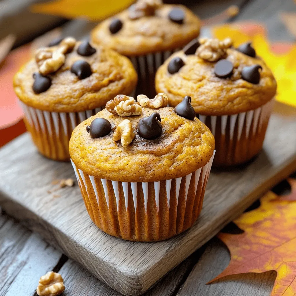 To make healthy pumpkin muffins, gather these key ingredients: - 1 cup canned pumpkin puree - 1/2 cup unsweetened applesauce - 1/4 cup honey or maple syrup - 1/2 cup Greek yogurt - 1 teaspoon vanilla extract - 2 cups whole wheat flour - 1 teaspoon baking soda - 1 teaspoon baking powder - 1 teaspoon ground cinnamon - 1/2 teaspoon ground nutmeg - 1/4 teaspoon ground ginger - 1/4 teaspoon salt - 1/2 cup walnuts or pecans (optional) - 1/4 cup dark chocolate chips (optional) These ingredients will create muffins that are moist, tasty, and healthy. Pumpkin is a star in these muffins. It is low in calories and high in fiber. One cup has about 50 calories and offers a good amount of vitamin A. This vitamin is great for your eyes and skin. Pumpkin also provides potassium, which helps with heart health. It has antioxidants that can fight free radicals in your body. Overall, using pumpkin adds nutrition and flavor to your muffins. If you want to switch things up, try different sweeteners or flours. Instead of honey or maple syrup, use agave syrup or coconut sugar. These can add a unique taste. For flour, almond flour or oat flour works well too. They can make the muffins gluten-free if needed. Just remember, if you change the flour, you may need to tweak other ingredients for the right texture. To start, preheat your oven to 350°F (175°C). While it warms up, get your muffin tin ready. You can either line it with paper liners or lightly grease each cup with cooking spray. In a large bowl, mix together the canned pumpkin puree, unsweetened applesauce, honey or maple syrup, Greek yogurt, and vanilla extract. Use a whisk or spatula to blend them until smooth. Next, grab another bowl for the dry ingredients. Combine the whole wheat flour, baking soda, baking powder, ground cinnamon, ground nutmeg, ground ginger, and salt. Whisk these dry items well, so they mix evenly. Now, it's time to combine. Gradually add the dry mix to the pumpkin mixture. Fold them gently together until just combined. Be careful not to overmix, as we want our muffins to stay tender. If you like, you can add in the chopped walnuts or pecans and dark chocolate chips for extra flavor. Mixing is key! Always fold gently. This keeps air in the batter, making your muffins light and fluffy. If you overmix, your muffins can turn out tough. Stop mixing as soon as no dry flour shows. This is a great time to get creative. You can add spices or nuts to change the flavor. Once your batter is ready, evenly fill each muffin cup about two-thirds full. This gives them room to rise without spilling over. Place the muffin tin in your preheated oven and bake for 18-22 minutes. To check if they are done, insert a toothpick in the center of a muffin. If it comes out clean, they are ready! Keep a close eye on them to avoid overbaking, which can make them dry. After baking, let them cool in the tin for 5 minutes before transferring to a wire rack. Enjoy the warm, cozy aroma filling your kitchen! To make moist pumpkin muffins, use Greek yogurt. It adds richness and moisture. Canned pumpkin puree also helps keep muffins soft. Don’t overmix your batter; it can make muffins tough. Gently fold the dry ingredients into the wet ones. This keeps air in the batter. Fill each muffin cup about two-thirds full for best results. One common mistake is overbaking. Keep an eye on your muffins in the oven. If a toothpick comes out clean, they are done. Another mistake is using too much flour. Make sure to spoon flour into your measuring cup, then level it off. Don’t forget to check the expiration dates on your baking soda and powder. Fresh ingredients make a big difference in your muffins. You can enhance the flavor of your pumpkin muffins easily. Add spices like ground ginger or nutmeg for more warmth. Chopped walnuts or pecans give a nice crunch, too. If you want a sweet treat, mix in dark chocolate chips. They melt and create a rich experience. You can also try adding a pinch of sea salt on top for a sweet and salty contrast. {{image_4}} You can easily make these muffins gluten-free. Swap whole wheat flour for a gluten-free blend. Look for a blend that has a mix of flours. This will help keep the right texture. For a vegan version, replace Greek yogurt with plant-based yogurt. Use maple syrup instead of honey for sweetness. These changes make the muffins delicious for everyone. Adding seasonal flavors can make these muffins even better. Toss in dried cranberries for a tart bite. You can also mix in chopped apples or pears for extra sweetness. Want more spice? Add a pinch of cloves or allspice. These small changes can give your muffins a unique twist each time. If you want to cut back on sugar, you can adjust the recipe. Reduce the honey or maple syrup to 2 tablespoons. You can replace it with mashed banana for natural sweetness. Another option is to use stevia or monk fruit sweetener. These options help keep the muffins tasty while lowering the sugar. To keep your pumpkin muffins fresh, store them in an airtight container. This method prevents them from drying out. You can keep them at room temperature for up to three days. If you want them to last longer, refrigeration is a good option. Just remember to bring them back to room temperature before eating. Freezing pumpkin muffins is easy and effective. Wrap each muffin tightly in plastic wrap. Place the wrapped muffins in a freezer bag. They can stay frozen for up to three months. When you’re ready to eat, thaw them at room temperature or microwave them for a quick warm-up. This keeps them soft and tasty. Freshly baked pumpkin muffins can last for about three days at room temperature. If refrigerated, they may last up to a week. For quality, always check for moisture or mold before eating. If you notice any changes in smell or texture, it's best to toss them out. Enjoy your muffins while they are still fresh for the best flavor! Yes, you can use fresh pumpkin! Start with a small pumpkin. Cook it by baking or steaming until soft. Once cool, scoop out the flesh and mash it until smooth. Use this fresh pumpkin puree in the same amount as canned. It adds a lovely flavor and is fun to make! To check if your muffins are done, use a toothpick. Insert it into the center of a muffin. If it comes out clean, your muffins are ready. They should also feel springy to the touch. If they are still wet, bake for a few more minutes. Keep an eye on them! You can use plain yogurt or sour cream instead of Greek yogurt. These options work well and keep the muffins moist. You can also try applesauce for a dairy-free option, but it may change the texture a bit. Adjust the recipe to suit your taste! Healthy pumpkin muffins are simple to make and full of flavor. We explored key ingredients, like pumpkin’s nutrition and sweetener options. Step-by-step, you can mix and bake them perfectly. I shared tips for moisture and common mistakes to avoid. If you want variety, gluten-free and vegan choices are easy. Storing these muffins is straightforward, ensuring freshness. In the end, you gain delicious muffins that fit your diet and taste. Enjoy baking and sharing these little delights with others!