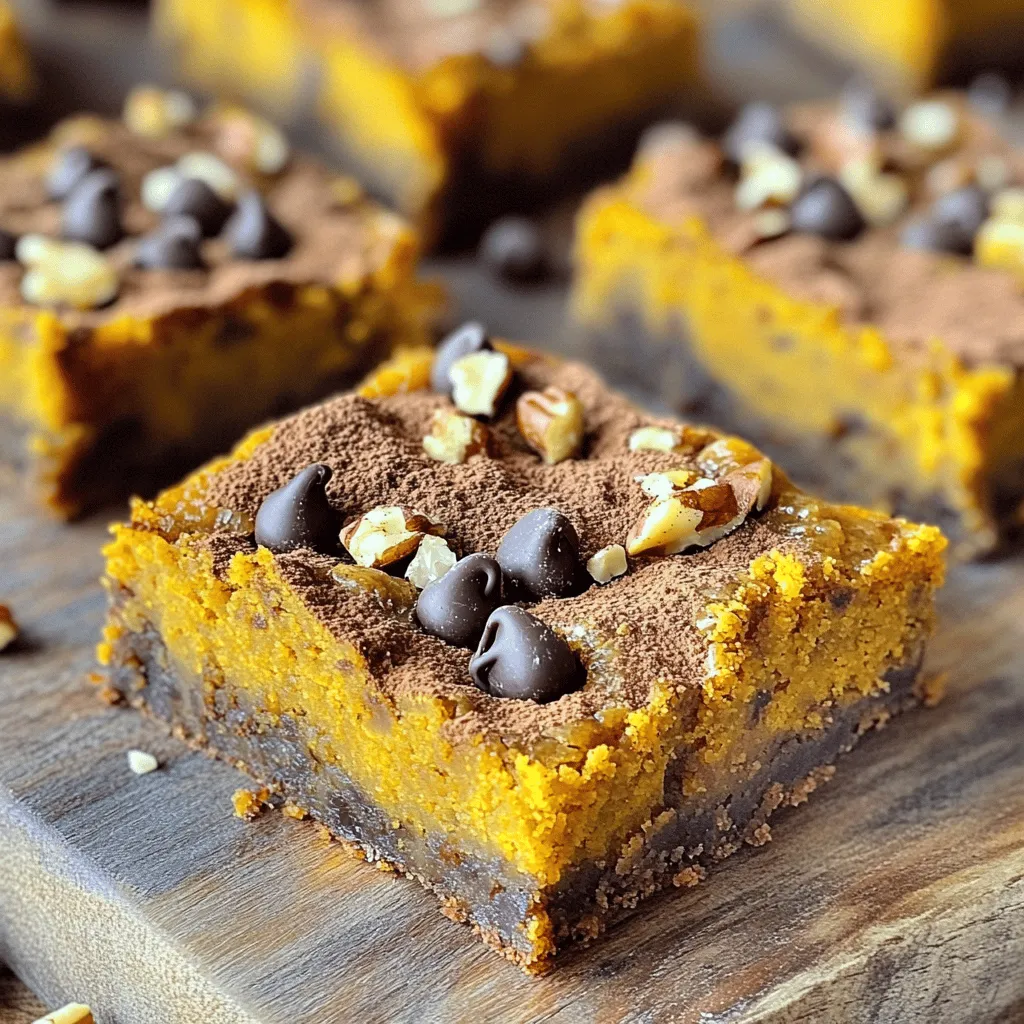 To make these tasty brown butter pumpkin blondies, gather the following items: - 1 cup unsalted butter - 1 cup packed brown sugar - 1/2 cup granulated sugar - 1 cup canned pumpkin puree - 2 large eggs - 1 teaspoon vanilla extract - 2 cups all-purpose flour - 1 teaspoon baking powder - 1 teaspoon baking soda - 1 teaspoon ground cinnamon - 1/2 teaspoon ground nutmeg - 1/4 teaspoon ground ginger - 1/4 teaspoon salt - 1 cup chocolate chips (optional) - 1/2 cup walnuts or pecans, chopped (optional) You can make your blondies even better with some fun add-ins. Try these: - Chocolate chips add a sweet touch. - Chopped nuts like walnuts or pecans give a nice crunch. - Dried cranberries or raisins add a chewy bite. These extras can enhance the flavor and texture of your blondies. If you need to swap ingredients, here are some ideas: - Use coconut oil instead of unsalted butter for a dairy-free option. - Swap in light brown sugar for granulated sugar to keep it sweet. - For a gluten-free version, try almond flour or a gluten-free flour blend. These substitutions can help you adapt the recipe for your needs. Start by preheating your oven to 350°F (175°C). This step is key for even baking. Next, prepare a 9x13 inch baking pan. Line it with parchment paper. Let some paper hang over the sides. This will help you lift the blondies out later. In a medium saucepan, melt 1 cup of unsalted butter over medium heat. Keep an eye on it. Swirl the pan often. Cook until the butter turns golden brown. You’ll know it’s ready when it smells nutty, which takes about 5-7 minutes. Remove the pan from heat and let the butter cool for a bit. In a large mixing bowl, add the cooled brown butter. Then, mix in 1 cup of packed brown sugar and 1/2 cup of granulated sugar. Whisk until it’s smooth. Next, add 1 cup of canned pumpkin puree, 2 large eggs, and 1 teaspoon of vanilla extract. Mix until everything is well blended and smooth. In a separate bowl, whisk together 2 cups of all-purpose flour, 1 teaspoon of baking powder, 1 teaspoon of baking soda, 1 teaspoon of ground cinnamon, 1/2 teaspoon of ground nutmeg, 1/4 teaspoon of ground ginger, and 1/4 teaspoon of salt. Make sure all the dry ingredients are mixed well. Now, gently fold the dry mixture into the wet mixture. Stir carefully until just combined. Be careful not to overmix; this can make your blondies too dense. If you want, add in 1 cup of chocolate chips and 1/2 cup of chopped walnuts or pecans. Fold them in evenly. Pour the batter into your prepared baking pan. Spread it out evenly. Place the pan in the oven and bake for 25-30 minutes. Check for doneness by inserting a toothpick. It should come out with a few moist crumbs, but no wet batter. Once done, let the blondies cool in the pan for 15 minutes. Use the parchment paper to lift them out. Transfer to a wire rack to cool completely before cutting into squares. To get the best texture in your blondies, measure the flour carefully. Use a spoon to fluff the flour, then scoop it into your measuring cup. Avoid packing the flour tightly. This ensures your blondies stay light and soft. Mix the batter gently after adding the dry ingredients. Stir just until you see no more flour. Overmixing can make the blondies tough. Remember, a few lumps are okay. They will bake out. You can boost the flavor of your blondies easily. Add a pinch of salt to enhance sweetness. Try mixing in spices like cardamom or cloves for a twist. If you love nuts, walnuts or pecans add a nice crunch. Chocolate chips bring a rich taste too. {{image_4}} If you want to make these blondies nut-free, simply leave out the walnuts or pecans. You can still enjoy the rich flavor and texture. The blondies remain soft and delicious without nuts. They will still have a lovely taste, thanks to the brown butter and pumpkin. To make these blondies gluten-free, use a gluten-free flour blend. Many brands offer great substitutes that work well in baking. Just replace the all-purpose flour with your chosen blend in equal amounts. This option keeps the blondies tasty and moist. Want to kick up the flavor? You can add spices or extracts. Try a teaspoon of pumpkin spice for extra warmth. A splash of maple extract can also add a nice twist. If you love vanilla, add a little more vanilla extract for an aromatic boost. These small changes can make your blondies unique and fun! Store your blondies in an airtight container. This keeps them fresh for up to a week. If you want to keep them longer, try wrapping them tightly in plastic wrap first. This helps prevent them from drying out. You can freeze blondies for up to three months. First, let them cool completely. Then, cut them into squares. Wrap each square in plastic wrap. Place the wrapped squares in a freezer-safe bag or container. Label the bag with the date, so you know when to use them. To enjoy your blondies warm, preheat the oven to 350°F (175°C). Place the blondies on a baking sheet. Heat them for about 10 minutes. You can also use the microwave. Heat a single square for about 15-20 seconds. This makes them soft and gooey again. Enjoy! Yes, you can use fresh pumpkin. Just cook and puree it first. Make sure it’s smooth. Fresh pumpkin can taste better but is more work. Canned pumpkin is easy and ready to use. Check the blondies after 25 minutes. Insert a toothpick in the center. If it comes out with a few moist crumbs, they are done. If there's wet batter, bake a bit longer. Avoid overbaking, or they may dry out. Absolutely! You can add nuts, dried fruit, or even toffee bits. Walnuts or pecans are great options. Just remember to mix them in gently. This adds fun textures and flavors to your blondies. Use a sharp knife for clean cuts. Let the blondies cool for 15 minutes in the pan. Lift them out using the parchment paper. Then, place on a cutting board. Cut into squares or rectangles as you like. We covered the key ingredients, steps, and tips to make perfect blondies. You learned about optional add-ins, substitutions, and creative variations. Storing and reheating ensure your treats stay fresh and tasty. Remember, the right technique leads to great results. I hope you feel confident to bake these delicious blondies. Enjoy every bite and feel free to explore your ideas!