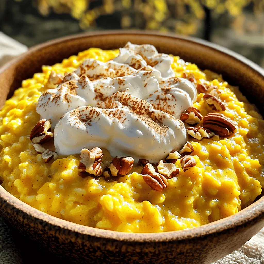 - 1 cup Arborio rice - 4 cups whole milk - 1 cup pumpkin puree - 1/3 cup brown sugar - 1 teaspoon pumpkin pie spice - 1 teaspoon vanilla extract - 1/4 teaspoon salt The main ingredients for pumpkin spice rice pudding create a creamy, rich dessert. Arborio rice is key because it absorbs liquid well. Whole milk adds creaminess and richness to the dish. Pumpkin puree gives it that classic fall flavor and beautiful color. Brown sugar offers a deep sweetness that pairs well with pumpkin. Pumpkin pie spice adds warmth with cinnamon, nutmeg, and ginger. Vanilla extract rounds out the flavors, while salt enhances the sweetness. - 1/2 cup raisins - 1/4 cup chopped pecans - Whipped cream for serving Optional ingredients can elevate your pudding. Raisins add a chewy texture and natural sweetness. Chopped pecans add crunch and a nutty flavor. Whipped cream is a delightful topping. It makes the dessert feel extra special and indulgent. Feel free to mix in your favorite add-ins. Each ingredient brings a new layer to the dish, making it a fun personal creation. Start by gathering all your ingredients. In a medium saucepan, combine the following: - 1 cup Arborio rice - 4 cups whole milk - 1 cup pumpkin puree - 1/3 cup brown sugar - 1 teaspoon pumpkin pie spice - 1/4 teaspoon salt Stir these ingredients well to mix them evenly. This will help the rice cook nicely and absorb all the great flavors. Next, place the saucepan over medium heat. Bring the mixture to a gentle boil. Stir it often to stop the rice from sticking to the bottom. Once it starts to boil, reduce the heat to low. Let it simmer uncovered for 25-30 minutes. Keep stirring occasionally. The rice should soften, and the pudding will thicken. Check the texture to see if it meets your liking. After the rice is tender, gently stir in: - 1 teaspoon vanilla extract - 1/2 cup raisins (optional) Cook for another 5 minutes to blend the flavors together. Once done, take the saucepan off the heat. Let the pudding cool slightly before serving. Remember, it will thicken more as it cools. Serve it warm or chilled. If you want, add chopped pecans on top for a nice crunch. You can also add whipped cream if you like a creamy finish. Enjoy your pumpkin spice rice pudding! To get the right pudding texture, start with Arborio rice. This rice helps create a creamy base. Cook it over medium heat until it starts to boil. Then, reduce the heat and let it simmer. Stir it often to stop it from sticking. You want to watch the rice closely. It should be soft and the pudding thick. Aim for about 25 to 30 minutes of cooking time. If you want a creamier finish, you can add a splash more milk at the end. This will adjust the texture to your liking. To boost the flavor, think about adding more spices. A pinch of nutmeg or a dash of cinnamon can add warmth. If you like it sweeter, try maple syrup or honey instead of brown sugar. You can also mix in chopped apples or pears for extra taste. For a unique twist, add a splash of bourbon or rum. This will give your pudding a fun kick. Just be careful not to overdo it. Serve your pumpkin spice rice pudding in fun bowls. A sprinkle of cinnamon on top makes it look fancy. Chop some pecans and add them for a crunchy finish. If you like, top it with whipped cream. You can serve it warm for a cozy treat or chill it for a refreshing dessert. Either way, your guests will love the warm, inviting flavors of this dish. {{image_4}} If you need a dairy-free version, you can easily swap the milk and cream. Use almond milk, coconut milk, or oat milk instead. These alternatives keep the creamy texture and add a unique flavor. Just remember, choose unsweetened versions to control the sweetness. You can customize this pumpkin spice rice pudding with different flavors. Try adding a pinch of nutmeg or a dash of ginger for extra warmth. You could also mix in some chocolate chips for a sweet twist. Want a richer taste? Use maple syrup instead of brown sugar. Transforming this pudding into other desserts is fun and easy. Serve it as a parfait by layering with whipped cream and granola. You can also bake it in a pie crust for a pumpkin pudding pie. For a fun treat, scoop it into a cone for a unique rice pudding sundae! To keep your pumpkin spice rice pudding fresh, store it in an airtight container. Let it cool first. After it cools, cover the container tightly. This will stop air from getting in and keep it tasty. You can store the pudding in the fridge for up to 5 days. If you want to keep your pudding for longer, freezing is a great option. Pour the cooled pudding into freezer-safe containers. Leave some space at the top since it may expand. Seal the containers tightly to avoid freezer burn. When you want to eat it, thaw it in the fridge overnight. Reheat on medium heat, stirring gently until warm. In the fridge, your pumpkin spice rice pudding lasts about 5 days. If you freeze it, it can last for up to 2 months. Just remember to label the containers with the date. This way, you can enjoy your creamy comfort food at a later time. Yes, you can use other types of rice. Short-grain rice works well, too. Jasmine or basmati rice can give a different texture and flavor. However, Arborio rice is best for creaminess. If you choose a different rice, adjust the cooking time. Some rice types may take longer to soften. Making this recipe vegan is simple. Replace whole milk with almond milk or coconut milk. Use maple syrup instead of brown sugar. Ensure your pumpkin puree has no added dairy. You can skip the whipped cream or use a vegan version. This way, you keep the creamy texture without any animal products. Yes, you can make this rice pudding ahead of time. Cook it, then cool it completely. Store it in the fridge in an airtight container. It will stay fresh for about three days. When ready to serve, reheat gently on the stove. Add a splash of milk if it seems too thick. Enjoy it warm or cold! This blog post guided you through making pumpkin spice rice pudding. We covered the main and optional ingredients, step-by-step cooking, and tips for the best results. You learned about variations, storage methods, and answered common questions. Remember to experiment with flavors and serving styles to make it yours. Enjoy the creamy texture and festive taste of pumpkin pie in every bite. This dish is not just food; it’s a warm hug in a bowl!