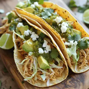 - 1 lb boneless, skinless chicken breasts - 1 cup salsa verde (store-bought or homemade) - Spices and seasonings: ground cumin, garlic powder, onion powder, salt, and pepper To make these tacos, start with the chicken. I use boneless, skinless chicken breasts. This cut cooks evenly and shreds well. The salsa verde brings a bright, tangy flavor. You can buy it or make your own. For spices, I use ground cumin, garlic powder, and onion powder. These add warmth and depth. Don’t forget salt and pepper to taste. They help bring out the flavors in the chicken and salsa. - 8 small corn tortillas - 1 cup shredded cabbage - 1/2 cup crumbled queso fresco - 1/4 cup fresh cilantro - 1 ripe avocado - Lime wedges for serving Now for the taco assembly. I love using small corn tortillas for a classic taste. They hold the filling well and have a nice texture. Shredded cabbage adds crunch. Queso fresco gives a creamy touch, and cilantro adds freshness. Don’t skip the avocado! It adds creaminess and balances the flavors. Squeeze fresh lime juice on top for a zesty kick. Assemble your tacos with these ingredients for a delicious meal. How do I season the chicken? Start by placing the chicken breasts in your cooker. Sprinkle ground cumin, garlic powder, onion powder, salt, and pepper over the chicken. Make sure to coat every piece well for full flavor. Slow Cooker or Instant Pot? For the slow cooker, cover it and set it on low for 6-8 hours or high for 3-4 hours. For the Instant Pot, secure the lid and cook on high pressure for 15 minutes. Let the pressure release naturally for 10 minutes before venting the rest. How do I shred the chicken after cooking? Once cooking is done, use two forks to shred the chicken in the cooker. Mix the shredded meat with the salsa verde sauce until it is evenly combined. This will keep your chicken moist and flavorful. How do I heat the corn tortillas? Warm the small corn tortillas in a skillet over medium heat. Heat each tortilla for about 30 seconds on each side. This will make them pliable and slightly toasted. How do I assemble the tacos step-by-step? Place a generous portion of pulled chicken in the center of each warmed tortilla. Next, add a handful of shredded cabbage. Then, sprinkle crumbled queso fresco on top. Finish with fresh cilantro and a few slices of ripe avocado. Each taco should look tasty and inviting. What are some presentation tips for serving tacos? Arrange the tacos on a colorful platter. Garnish with extra cilantro and lime wedges for a fun look. You can also add a bowl of salsa verde on the side for those who want extra spice. What are the best practices for serving with lime and extra salsa? Serve lime wedges alongside each taco. This allows everyone to squeeze fresh lime juice on their tacos. The juice adds a bright flavor that enhances each bite. Enjoy! How to achieve perfectly shredded chicken: To get that perfect, tender shred, cook the chicken well. Whether you use a slow cooker or an Instant Pot, it’s key to let the chicken soak in the salsa verde. After cooking, use two forks to pull apart the meat. Mix it well with the sauce for rich flavor. Recommendations for enhancing flavor with spices: Spices can take your chicken to the next level. I like to use ground cumin, garlic powder, and onion powder. These add depth and warmth. Feel free to adjust the amounts based on your taste. A little salt and pepper also help bring out the flavors. Tips on layering ingredients for the best taste: Start with the pulled chicken on the tortilla. This helps the chicken soak into the tortilla. Next, add shredded cabbage for crunch. Then sprinkle queso fresco for a creamy touch. Top it off with fresh cilantro and avocado slices. Each layer adds a burst of taste. Alternatives for making tacos visually appealing: To make your tacos pop, use colorful plates. Arrange the tacos in a circle. Add extra cilantro and lime wedges around them. You can even serve a small bowl of salsa verde on the side. This not only looks nice but lets everyone customize their tacos. {{image_4}} You can switch up the protein in these tacos. Try using pork, beef, or even tofu. This gives you many flavor options. Each protein brings its own taste. For tortillas, corn is most common, but flour works too. Flour tortillas are softer and can hold more filling. Corn tortillas have that classic taco crunch. Choose what you like best! Want to add more flavor? Consider toppings like pickled onions or jalapeños. These add a nice zing to your tacos. Pickled onions offer sweetness, while jalapeños add heat. If you want to make your own salsa verde, it's easy! Blend tomatillos, lime juice, garlic, and cilantro. This fresh salsa will elevate your dish. Plus, you control the spice level! To keep your pulled chicken fresh, store it in an airtight container. Place it in the fridge. It will stay good for about three to four days. Always let the chicken cool before sealing it. This helps prevent moisture buildup. For the tacos, it’s best to store the ingredients separately. Keep the tortillas and toppings in their own containers. This keeps the tortillas from getting soggy. Store the shredded cabbage, queso fresco, cilantro, and avocado in separate bags or containers. To reheat the chicken, place it in a saucepan over medium heat. Add a splash of salsa verde to keep it moist. Stir until it is heated through, which should take about five to seven minutes. For the tortillas, heat a skillet on medium heat. Place one tortilla in the pan for about 30 seconds on each side. This warms them up without losing their texture. If you have a large batch, you can wrap them in foil and warm them in the oven. This keeps them soft and ready for your delicious tacos! What is salsa verde and how is it different from regular salsa? Salsa verde is a green sauce made from tomatillos or green tomatoes. It has a tangy flavor and is often spicier than regular salsa, which usually uses red tomatoes. Salsa verde brightens up dishes with its fresh taste. You can use it in many recipes, including these tacos. Can I make Salsa Verde Pulled Chicken Tacos ahead of time? Yes, you can make these tacos ahead. Cook the chicken and store it in the fridge. You can warm it up when ready to serve. Prepare the toppings and tortillas just before serving for the best taste. What sides pair well with pulled chicken tacos? Pulled chicken tacos go well with many sides. Try black beans, Mexican rice, or a fresh salad. You can also serve tortilla chips with guacamole or salsa for a fun crunch. How long does it take to cook the chicken in a slow cooker vs. an Instant Pot? In a slow cooker, the chicken takes 6-8 hours on low or 3-4 hours on high. In an Instant Pot, it cooks in just 15 minutes under high pressure. Both methods yield tender chicken, so choose what fits your schedule. Can I freeze the pulled chicken? If so, how? Yes, you can freeze the pulled chicken. Place it in an airtight container or freezer bag. Make sure to remove as much air as possible. It will keep well for up to three months. Thaw it in the fridge before reheating. This blog post walks you through making delicious Salsa Verde Pulled Chicken Tacos. You learned about the key ingredients, including chicken, salsa verde, and toppings. I shared steps for cooking chicken, warming tortillas, and assembling your tacos. You also found tips for enhancing flavor and storage details. These tacos are easy to make and enjoy. Feel free to add your favorite toppings. Try different proteins or tortillas to keep things fresh. Enjoy the process and share these tasty tacos with friends and family.