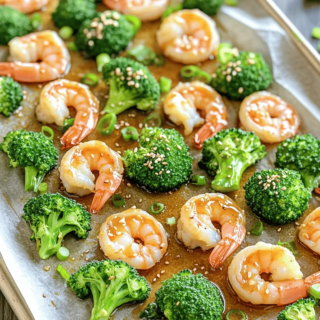 - 1 pound large shrimp, peeled and deveined - 2 cups broccoli florets - 1/4 cup honey - 3 tablespoons soy sauce (or tamari for gluten-free) - 2 tablespoons extra-virgin olive oil - 4 cloves garlic, minced finely - 1 teaspoon fresh ginger, grated - 1/2 teaspoon red pepper flakes (adjust to your spice preference) - Toasted sesame seeds - Chopped green onions For this sheet pan dish, I love using large shrimp. Their sweet taste pairs well with honey. Broccoli florets add color and crunch, making the meal more inviting. Honey brings a natural sweetness, while soy sauce adds depth. Extra-virgin olive oil helps the shrimp and broccoli cook evenly. Garlic and ginger bring a lovely aroma and flavor to the dish. Red pepper flakes add just enough heat to wake up your taste buds. To finish, toasted sesame seeds add a nice crunch. Chopped green onions brighten up the dish with a fresh taste. Each ingredient plays a key role in making this meal delicious and pleasing to the eye. First, preheat your oven to 400°F (200°C). This step is key for even cooking. Next, line a large baking sheet with parchment paper. This makes cleanup easy later. Now, it’s time to mix the marinade. In a medium bowl, combine these ingredients: - 1/4 cup honey - 3 tablespoons soy sauce (or tamari for gluten-free) - 2 tablespoons extra-virgin olive oil - 4 cloves garlic, minced - 1 teaspoon fresh ginger, grated - 1/2 teaspoon red pepper flakes Whisk these together until smooth. This marinade adds great flavor to the dish. In a separate bowl, add 1 pound of peeled and deveined shrimp. Pour half of your marinade over the shrimp. Toss gently to coat each piece. This step is important for flavor. Let the shrimp marinate for about 15 minutes. This helps the shrimp absorb all the tasty flavors. While the shrimp marinates, prepare the broccoli. Take 2 cups of broccoli florets and place them on the prepared baking sheet. Drizzle the remaining marinade over the broccoli. Then, season with salt and pepper to your liking. Toss the florets to coat them well. Once the shrimp has marinated, distribute it evenly over the broccoli on the baking sheet. Spread the shrimp out in a single layer for best cooking. Now, slide your baking sheet into the preheated oven. Roast everything for about 12-15 minutes. Keep an eye on the shrimp; it should turn pink and opaque. The broccoli should be tender but still slightly crisp. After roasting, carefully take the sheet pan out of the oven. Gently toss the shrimp and broccoli together. This mixes in the delicious sauce that formed while cooking. You’re now ready to serve this warm, garnished with toasted sesame seeds and chopped green onions for a fresh touch. Enjoy your meal! To get the most flavor in your shrimp, marinate them well. Mix the marinade first. Make sure the honey, soy sauce, olive oil, garlic, ginger, and red pepper flakes blend well. Pour half of this mix over your shrimp. Coat each piece evenly. The shrimp need about 15 minutes to soak up those tasty flavors. This short time makes a big difference! To ensure your shrimp cook just right, watch the time closely. They should turn pink and opaque. This usually takes about 12-15 minutes in the oven. If you overcook them, they can become tough. For the broccoli, keep an eye on its crispness. You want it tender but still slightly crunchy. This balance adds a nice texture to the dish. When serving, arrange the shrimp and broccoli neatly on a plate. Spread them out for a colorful look. For a pop of color, sprinkle toasted sesame seeds on top. Add chopped green onions as well. This not only looks good but also adds a fresh taste. Your dish will be beautiful and ready to impress! {{image_4}} You can swap shrimp for chicken or tofu. For chicken, use boneless breasts or thighs. Cut them into bite-sized pieces for even cooking. If you choose tofu, pick firm or extra-firm tofu. Cut it into cubes and press it to remove extra water. Cooking times vary by protein. Shrimp cooks fast, about 12-15 minutes. Chicken needs around 20-25 minutes at 400°F (200°C). Tofu can roast in about 15-20 minutes. Always check for doneness by looking for a golden color. Feel free to get creative with flavors. You can add spices like cumin, paprika, or chili powder. Fresh herbs like cilantro or basil also work well. For sauce changes, try teriyaki or sweet chili sauce. Each will give a new twist to the dish. Combine the flavors in the same way as the original recipe. Just mix them with the honey and soy sauce to create a new marinade. Always taste your mixture before adding it to the proteins or veggies. Other vegetables pair nicely with shrimp and broccoli. Carrots, bell peppers, or snap peas add color and crunch. Zucchini or asparagus are great, too. Just cut them into similar sizes for even cooking. Adjust cooking times based on the veggies you use. Harder veggies like carrots need more time, around 15-20 minutes. Softer vegetables like zucchini cook faster, around 10-12 minutes. Always keep an eye on them to avoid overcooking. To store leftovers, place them in an airtight container. Keep the container in the refrigerator. This dish stays fresh for up to three days. When you're ready to eat, simply reheat the shrimp and broccoli in a microwave. Make sure to cover the dish to keep moisture in. Heat for one to two minutes, then check if it's warm enough. Stir halfway for even heating. You can freeze leftovers if you want to save them for later. First, let the shrimp and broccoli cool completely. Then, transfer them to a freezer-safe container or bag. Remove as much air as possible to prevent freezer burn. This dish can last up to three months in the freezer. To thaw, move the container to the refrigerator the night before you plan to eat it. For quicker thawing, place the bag in cold water for about an hour. Once thawed, reheat the dish in a skillet on medium heat or in the microwave. Stir occasionally to heat evenly. Enjoy your meal without losing flavor! Yes, you can use frozen shrimp! Just follow these easy steps: - Thaw the shrimp: Place the frozen shrimp in a bowl of cold water for about 15-20 minutes. This method works well. - Pat dry: Once thawed, make sure to pat the shrimp dry with a paper towel. This helps the marinade stick better. - Marinate as usual: After drying, toss the shrimp in the marinade. Let them soak up those tasty flavors for about 15 minutes. Using frozen shrimp can save time and still yield a great dish. To make this dish gluten-free, you need to swap out the soy sauce. Here are some options: - Tamari: This is a popular gluten-free soy sauce. It has a similar taste and works perfectly in this recipe. - Coconut aminos: This substitute is made from coconut sap and is gluten-free. It has a slightly sweeter taste. - Homemade sauce: Mix equal parts of vinegar and broth with a pinch of salt as an alternative. These options will keep the dish flavorful while meeting gluten-free needs. This dish pairs well with various sides. Here are my top suggestions: - Steamed rice: White or brown rice complements the flavors nicely. - Quinoa: This is a healthy alternative that adds protein. - Noodles: Try serving with rice noodles or soba noodles for a twist. - Salad: A fresh green salad can balance the meal with crunch. Feel free to mix and match these sides to create your perfect meal! This blog post covered a delicious recipe for Sheet Pan Honey Garlic Shrimp and Broccoli. You learned about essential ingredients like shrimp, broccoli, and honey. We outlined steps to prepare, marinate, and cook the dish perfectly. I shared tips for great flavor, cooking, and presentation. There are also variations, storage info, and FAQs to help you succeed. Now, it's your turn to cook and enjoy this simple and tasty meal!