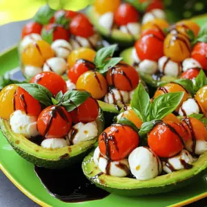To make Caprese stuffed avocados, you will need fresh and tasty ingredients. Here’s a list of what you need: - 2 ripe avocados - 1 cup cherry tomatoes, halved - 1 cup fresh mozzarella balls, halved - 1/4 cup fresh basil leaves, finely chopped - 2 tablespoons balsamic glaze - 2 tablespoons extra virgin olive oil - Sea salt and freshly ground black pepper to taste Each ingredient adds a special flavor. The ripe avocados are creamy and rich. Cherry tomatoes bring sweetness and color. Fresh mozzarella adds a lovely texture. Basil gives a fresh aroma. Balsamic glaze adds a tangy kick. Olive oil brings all the flavors together. Sea salt and pepper enhance every bite. When you gather these items, make sure they are fresh. Fresh ingredients make your dish taste better. This dish is not only simple but also satisfying. Enjoy the vibrant colors and fresh flavors as you prepare this delightful meal! - Start by slicing the avocados in half lengthwise. - Carefully remove the pits and scoop out a small portion of the flesh. This creates a well for the filling. Be gentle to avoid breaking the skin. - In a medium bowl, mix the halved cherry tomatoes, halved mozzarella balls, and finely chopped basil. - Drizzle the mixture with extra virgin olive oil and balsamic glaze. Add sea salt and freshly ground black pepper to taste. Toss gently until well combined. - Use a spoon to fill each avocado half with the Caprese mixture. Pack it lightly for a full look. - Arrange the stuffed avocados on a vibrant serving platter. Drizzle a bit more balsamic glaze over the top before serving for added flavor. To pick the best avocados, look for ones that feel firm but yield slightly to gentle pressure. A ripe avocado has a dark green or almost black skin. Avoid any with large dark spots or deep indentations. Once you buy them, store avocados at room temperature. If you want them to ripen faster, keep them in a paper bag. Once ripe, place them in the fridge to slow down the process. This way, you can enjoy fresh avocados longer. To make your Caprese stuffed avocados pop, consider using fresh herbs like chives or parsley. A sprinkle of crushed red pepper adds a nice kick. You can even add a squeeze of lemon juice for brightness. For a different twist, try adding pesto or a sprinkle of Italian seasoning. These small changes can elevate the dish and make it your own. These stuffed avocados pair well with a light salad or some crusty bread. You can serve them on a colorful platter for a fun presentation. Consider adding a side of roasted vegetables or a light soup. This combination will make a delightful meal that is both filling and fresh. {{image_4}} You can easily change some ingredients in this recipe for variety. Here are some options: - Cheeses: Try feta or goat cheese for a tangy twist. - Vegetables: Add diced cucumbers or bell peppers for extra crunch. - Dressings: Use a lemon vinaigrette instead of balsamic glaze for a zesty flavor. If you want to make this dish vegan, swap the mozzarella for vegan cheese or skip it altogether. You can also use avocado oil instead of olive oil for a different taste. For a dairy-free option, choose dairy-free mozzarella or simply enjoy the fresh veggies without cheese. Serving can change how the dish feels. Here are some fun ideas: - Platter Style: Arrange the stuffed avocados on a colorful platter with fresh basil scattered around. - Individual Portions: Place each stuffed half on small plates for a personal touch. - With Greens: Serve on a bed of mixed greens to add color and nutrition. These variations keep the dish fresh and exciting every time you make it! To keep your Caprese stuffed avocados fresh, store them in an airtight container. Place a piece of plastic wrap directly on the filling. This helps reduce air exposure. Store them in the fridge for up to one day. The longer they sit, the more the avocado will brown. I recommend enjoying these stuffed avocados cold. If you want to heat them, do it gently. Place the stuffed avocado on a plate. Use a microwave and heat for about 15-20 seconds. This warms the filling without cooking the avocado. I do not suggest freezing stuffed avocados. The texture of the avocado changes after freezing. If you want to prep ahead, store just the filling. You can freeze the Caprese mixture for up to three months. Thaw it in the fridge before using it to fill fresh avocados. You can use several tasty alternatives for mozzarella. Try using burrata for a creamier texture. Feta cheese adds a salty punch. Goat cheese offers a tangy flavor that pairs well with the other ingredients. If you want a dairy-free option, use vegan mozzarella. Each of these options keeps the dish fresh and delicious. Yes, you can prep some parts ahead! Chop the tomatoes and basil early. Mix them with the oil and glaze, then store in the fridge. However, fill the avocados just before serving. This keeps them fresh and prevents browning. After cutting, avocados last about 1 to 2 days in the fridge. To keep them fresh, sprinkle lemon juice on the cut side. Cover tightly with plastic wrap. This slows browning and keeps them tasty. These Caprese stuffed avocados are simple and tasty. You learned about the best ingredients and how to prepare them. We discussed tips to select ripe avocados and enhance flavors. I shared variations and storage info so you can enjoy the dish later. This recipe is flexible and can fit many diets. You can impress friends with a fresh dish that's fun to make. Enjoy experimenting with your own ideas to make it even better!