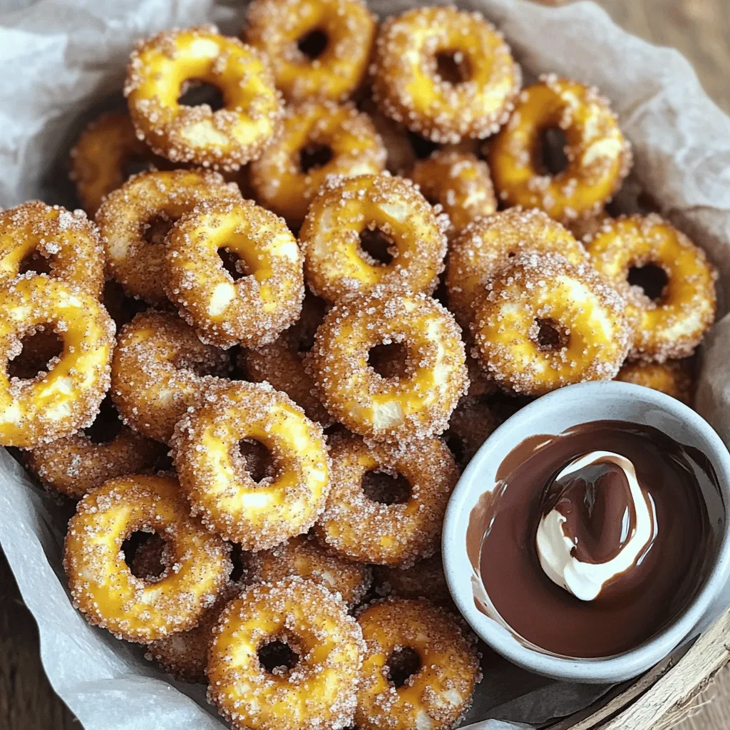 - 1 ½ cups warm water (between 110°F to 115°F) - 2 tablespoons granulated sugar - 1 packet (2 ¼ teaspoons) active dry yeast - 4 cups all-purpose flour - ½ cup baking soda - 1 large egg, beaten (for egg wash) - ½ cup unsalted butter, melted - 1 teaspoon salt - ¼ cup granulated sugar (for topping) - 1 tablespoon ground cinnamon When making cinnamon sugar pretzel bites, measuring your ingredients is key. Use a kitchen scale for precise flour measurements. Warm water helps activate yeast. Check the temperature with a kitchen thermometer to ensure it's right. Mixing the sugar and yeast in warm water creates bubbles after about five minutes. This shows your yeast is active. Knead the dough until smooth and elastic, about five minutes. This strengthens the dough. Let it rise in a warm spot, covered with a towel, until it doubles in size. If you want a different flavor, try using brown sugar instead of white sugar. For a dairy-free option, use coconut oil in place of unsalted butter. You can also swap all-purpose flour for whole wheat flour for a healthier bite. If you prefer a gluten-free option, use a gluten-free flour blend. Just make sure it's a 1:1 blend for the best results. To start, you need warm water. Use about 1 ½ cups. Check the temperature; it should be between 110°F and 115°F. This warmth wakes up the yeast. In a big bowl, mix the warm water with 2 tablespoons of granulated sugar. Then, sprinkle 1 packet of active dry yeast on top. Stir gently, then let it sit for about 5 minutes. You want it to get frothy and bubbly. This means the yeast is alive and ready to go. After your yeast is nice and frothy, it’s time to make the dough. Add the melted butter, salt, and 4 cups of all-purpose flour to the bowl. Mix until everything comes together into a soft dough. Next, put the dough on a lightly floured surface. Knead it for about 5 minutes. You want it to be smooth and elastic. When you finish, form the dough into a ball. Place it in a greased bowl and cover it with a clean kitchen towel. Let it rise in a warm spot for about 1 hour. It should double in size. Once your dough has risen, preheat your oven to 450°F. Line a baking sheet with parchment paper. This helps prevent sticking. Gently punch down the dough to remove excess air. Divide it into small pieces and roll each into a rope about 1 inch thick. Cut these ropes into 1-inch pieces. Now, boil 8 cups of water in a large pot. Carefully stir in ½ cup of baking soda. It will bubble, so watch out! Drop the pretzel bites into the boiling water in batches. Cook them for 30 seconds, then use a slotted spoon to take them out. Place them on your baking sheet. Brush the tops with a beaten egg for a nice golden color. In a small bowl, mix ¼ cup of granulated sugar with 1 tablespoon of ground cinnamon. Sprinkle this sweet mixture over the pretzel bites. Finally, bake the bites for 12-15 minutes. They should look golden brown and puffed. Once they're done, let them cool slightly before serving. Enjoy these warm, tasty treats! To achieve soft and chewy pretzel bites, the key is in the dough. Make sure your water is warm, not hot. The ideal range is between 110°F to 115°F. This temperature helps the yeast grow, making your bites fluffy. Knead the dough for about five minutes until it feels smooth. Let it rise in a warm place. This step is crucial, as it allows the dough to double in size. Avoid using cold water. This slows down yeast activation. Don’t skip the boiling step with baking soda. This gives pretzels their classic crust. Also, make sure you evenly coat the pretzel bites with the cinnamon sugar mix. If you miss spots, some bites will taste bland. You'll need a few kitchen tools to make this recipe easier: - Mixing bowl: For combining the dough ingredients. - Slotted spoon: For removing pretzel bites from boiling water. - Baking sheet: To hold the bites while they bake. - Parchment paper: To prevent sticking and make cleanup easy. - Kitchen towel: To cover the dough as it rises. Having the right tools makes baking more fun and less stressful! {{image_4}} You can change up the taste of your pretzel bites with fun flavor additions. Try mixing in chocolate chips for a sweet twist. You can also use cheese, like cheddar or mozzarella, for a savory snack. Just sprinkle the cheese on top before baking. This makes each bite a tasty surprise! If you need gluten-free pretzel bites, swap the all-purpose flour. Use a gluten-free flour blend instead. Look for a blend that works well for baking. This way, you can still enjoy these delicious bites. Just make sure to follow the same steps in the recipe. Toppings can change the whole vibe of your pretzel bites. Instead of cinnamon sugar, try garlic and parmesan for a savory treat. You can also use everything bagel seasoning for a crunchy, flavorful bite. Let your creativity shine with your favorite toppings! After you make your cinnamon sugar pretzel bites, let them cool. Once cooled, place them in an airtight container. You can keep them at room temperature for up to two days. If you want to keep them fresh longer, store them in the fridge. This helps maintain their soft texture. To reheat the pretzel bites, you can use an oven or a microwave. For the oven, preheat it to 350°F (175°C). Place the bites on a baking sheet and warm them for about 5-10 minutes. This will help them regain their softness. If you use a microwave, heat them for 10-15 seconds. Be careful not to overheat them, or they may become tough. You can freeze pretzel bites for later! Place them in a single layer on a baking sheet. Freeze them for about an hour until solid. Then, transfer them to a freezer-safe bag. They will stay good for up to three months. When you want to enjoy them, thaw in the fridge overnight and reheat as mentioned above. No, you should not use cold water. Warm water helps activate the yeast. It should be between 110°F to 115°F. This temperature allows the yeast to bubble and rise. If the water is cold, the yeast won't work well. Stick to warm water for the best results. You can tell the dough has risen enough when it has doubled in size. This takes about one hour in a warm place. You can also gently poke the dough; if it springs back slowly, it is ready. A well-risen dough will feel light and airy. You can dip your pretzel bites in many tasty options. A small bowl of melted chocolate is a sweet treat. Cream cheese dip adds a rich flavor. You can also try warm caramel sauce or a tangy mustard dip. Each dip adds a fun twist to your snack! You learned about making soft pretzel bites with this guide. We covered all the key steps, from choosing ingredients to baking delicious treats. I shared tips for perfecting your pretzels and avoiding common errors. You can also explore fun flavor variations and storage tips. Making these pretzel bites can be easy and fun. Get creative and enjoy them fresh or store them for later. Your pretzel-making adventure starts now!