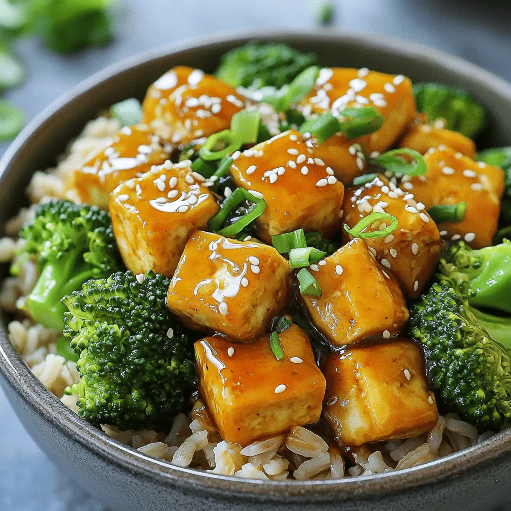 - 1 block (14 oz) firm tofu - ¼ cup honey or maple syrup - 3 tablespoons cornstarch - 1 cup broccoli florets - 3 tablespoons low-sodium soy sauce - 1 tablespoon rice vinegar In this recipe, the main stars are firm tofu and honey. Firm tofu gives the dish a hearty base. It absorbs flavors well and combines nicely with the sweet and tangy honey or maple syrup. You can choose maple syrup for a vegan option without losing flavor. Cornstarch is key for making tofu crispy. Without it, the tofu may not get that golden crunch we love. Broccoli adds color and nutrition. It pairs well with the sauce and tofu, making the dish balanced. Low-sodium soy sauce brings umami to the mix. It enhances the taste without too much salt. Rice vinegar adds a nice tang. Together, these seasonings create a sauce that coats the tofu and broccoli perfectly. To start, I press the tofu for at least 15 minutes. This step removes extra moisture. I place the tofu on a plate and add weight on top, like a can. After pressing, I cut the tofu into bite-sized cubes. A sharp knife helps make clean cuts. Next, I coat the tofu in cornstarch. I place the cubes in a mixing bowl and sprinkle cornstarch over them. I gently toss until each piece is evenly coated. This will help the tofu become crispy when cooked. Now, I heat vegetable oil in a large non-stick skillet over medium-high heat. When the oil is hot, I add the cornstarch-coated tofu cubes. I fry them for about 8-10 minutes. I turn them occasionally to cook all sides until they are golden brown. Once cooked, I remove the crispy tofu and set it aside on a plate. In the same skillet, I lower the heat to medium. I add minced garlic and ginger to the pan. I sauté them for 1-2 minutes until they smell great and soften. Then, I pour in honey (or maple syrup for a vegan option), soy sauce, rice vinegar, and sesame oil. I stir everything together and let it simmer for 2-3 minutes. This helps the sauce thicken a little. The sweet and savory mix is the star of the dish. To get crispy tofu, you must press it first. Pressing removes extra water, which helps the tofu crisp up. Use a clean towel or paper towel to wrap the tofu. Place a heavy object on top for about 15 minutes. After pressing, cut the tofu into bite-sized cubes. For frying, use a non-stick skillet. Heat the vegetable oil over medium-high heat. Add the cornstarch-coated tofu cubes to the hot oil. Fry them for 8-10 minutes. Turn the cubes often to cook all sides evenly. This method gives you golden, crunchy tofu. To make your dish even tastier, add spices or herbs. Garlic and ginger already boost flavor, but you can sprinkle in some red pepper flakes for heat. Fresh herbs like cilantro or basil also add a nice touch. You can adjust the sweetness of the sauce too. If you prefer a less sweet dish, use less honey or maple syrup. Taste the sauce as you cook, and tweak it to suit your liking. When it comes to thickening the sauce, let it simmer longer. The more it cooks, the thicker it gets. You can also add a bit more cornstarch mixed with water to achieve your desired consistency. For a vegan option, swap honey with maple syrup. This keeps the dish sweet and tasty without using animal products. You might also try agave nectar as another alternative. Each option brings a slightly different flavor to the sauce, so explore what you like best! {{image_4}} If you want a vegan option for honey, use maple syrup. It gives a sweet touch that works well in this dish. For broccoli, you can swap in other veggies like bell peppers or snap peas. These will add different colors and flavors to your bowl. You can easily boost protein in your dish. Add chickpeas or edamame. Both options mix well and add a nice texture. Just toss them in during the last few minutes of cooking for a warm addition. Instead of brown rice, try quinoa or cauliflower rice. Quinoa offers a nutty flavor and is packed with protein. Cauliflower rice is low in carbs and adds a light touch. Each option changes the dish while keeping it delicious. To keep your sticky honey garlic tofu bowls fresh, store them in an airtight container. It helps to let the dish cool completely before sealing. This way, the tofu stays crispy, and the flavors blend nicely. You can keep the leftovers in the fridge for up to three days. If you notice any excess moisture, you can drain it before reheating. To reheat, I suggest using a skillet over medium heat. This method keeps the tofu crispy. Add a splash of water to create steam, helping the broccoli warm up without becoming soggy. Stir gently until everything is hot. Avoid using a microwave, as it may make the tofu chewy and the broccoli limp. You can freeze the tofu bowls, but the texture may change. To freeze, place the cooled dish in a freezer-safe container. It can last up to two months in the freezer. When ready to eat, thaw it in the fridge overnight. Reheat in a skillet, as mentioned above, to restore some of that crispy goodness. Yes, you can make this recipe vegan. Just swap honey for maple syrup. Maple syrup gives a similar sweetness. It works well with the garlic and ginger flavors. This change keeps the dish plant-based and delicious. Cooked tofu lasts about 3 to 5 days in the fridge. Store it in an airtight container. Make sure it cools down first. This helps keep it fresh and tasty. Always check for any off smell before eating. Absolutely! You can use many other vegetables. Try bell peppers, snap peas, or carrots. These options add color and crunch. Just ensure they cook well with the sauce. This way, you can create your own tasty mix! This blog post covered how to make delicious tofu with honey garlic sauce. We discussed key ingredients, like tofu and honey, and went through simple steps to prepare the dish. I shared tips on achieving crispy tofu and flavor enhancements. You learned about variations and storage options to keep your meal fresh. By following these guidelines, you can create a tasty tofu dish at home. Enjoy your cooking journey, and remember to have fun experimenting with flavors and textures.