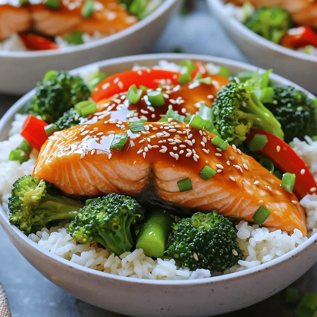 - 2 salmon fillets (about 6 oz each) - 1 cup cooked jasmine rice (preferably warm) - 1/4 cup teriyaki sauce (store-bought or homemade) - 1 tablespoon sesame oil - 1 cup broccoli florets (fresh or frozen) - 1/2 red bell pepper, thinly sliced - 1/4 cup green onions, finely chopped - 1 tablespoon sesame seeds (toasted) - Salt and pepper to taste Gathering the right ingredients is key to making a great dish. For this Minute Teriyaki Salmon Rice Bowl, I like using fresh produce. The salmon fillets should be about 6 ounces each. They give a nice, rich flavor while remaining tender. Cooked jasmine rice is a must. Warm rice acts as the perfect base for this bowl. Teriyaki sauce brings that sweet and savory taste. You can use store-bought sauce or try making your own for a deeper flavor. Sesame oil adds a lovely nutty aroma when heated. Broccoli florets and red bell pepper not only add color but also crunch. Green onions bring freshness, while toasted sesame seeds give a nice crunch. Don't forget to season with salt and pepper to enhance all the flavors. With these ingredients, you're ready to create a meal that is fresh, simple, and oh-so-delicious! Start by seasoning the salmon fillets with salt and pepper. This step is key. It enhances the natural flavors of the fish. Use freshly cracked pepper for the best taste. Make sure to cover both sides evenly. This simple seasoning gives the salmon a delicious base. To boost the flavor of the salmon even more, try adding garlic powder or a squeeze of lemon juice. These ingredients can make your dish sing. A little goes a long way, so use them wisely. In a large skillet, heat sesame oil over medium heat. Wait until the oil shimmers before adding anything. This shows the oil is hot enough. Then, toss in the broccoli florets and sliced red bell pepper. Stir them occasionally. You want to keep them crisp and colorful. Sauté the vegetables for about 5 minutes. They should be tender but not mushy. This keeps their nutrients intact and makes them look fresh. Once your veggies are sautéed, push them to one side of the skillet. Now, add the seasoned salmon fillets to the cleared space. Pour the teriyaki sauce over the salmon. This adds a sweet and savory flavor. Cook each fillet for 4-5 minutes on each side. Check for doneness by using a fork. If it flakes easily, it’s ready. This ensures your salmon is perfectly cooked and moist. Start assembling by placing 1/2 cup of warm jasmine rice in each bowl. This rice is soft and fragrant. Next, arrange the sautéed vegetables next to the rice. Finally, gently place a teriyaki salmon fillet on top. Drizzle any remaining teriyaki sauce from the skillet over the ingredients. This gives an extra burst of flavor. For the final touch, sprinkle with chopped green onions and toasted sesame seeds. This adds flavor, crunch, and a pop of color to your dish. To get flaky, tender salmon, follow these steps: - Start with fresh salmon. Look for bright color and no fishy smell. - Season the salmon well with salt and pepper. This enhances the fish's flavor. - Use medium heat when cooking. High heat can dry it out. - Cook for about 4-5 minutes on each side. The salmon should flake easily with a fork. Cooking salmon gently keeps it moist. Rest it for a few minutes after cooking. This lets the juices settle, making each bite better. To boost the taste of your dish, try these ideas: - Add minced garlic or ginger to the sesame oil. This gives a tasty kick. - Sprinkle red pepper flakes for some heat. A little goes a long way. - Use a splash of lime juice for a fresh twist. It brightens the flavors. - Experiment with different sauces. Soy sauce or hoisin can add depth. You can also add fresh herbs like cilantro or basil for a burst of flavor. To save time during busy days, consider these meal prep tips: - Cook jasmine rice in bulk. Store it in the fridge for quick use. - Chop veggies ahead of time. This cuts down on prep work. - Marinate salmon in teriyaki sauce overnight. This boosts flavor and saves time. - Freeze cooked salmon. It can be a quick meal option later. Plan your meals for the week. This way, you can enjoy a fresh teriyaki salmon rice bowl anytime! {{image_4}} If you want to change up the protein, you have great options. Chicken works well in this dish. Use boneless, skinless chicken thighs. Simply cut them into bite-sized pieces and cook them just like the salmon. Tofu is another fantastic choice. Firm tofu absorbs flavors well. Press it to remove extra water, then cube it and sauté until golden brown. For seafood lovers, shrimp is a tasty option. Use peeled and deveined shrimp, cooking them for about 2-3 minutes on each side. Each protein brings its own flavor and texture to the bowl. Feel free to play with your veggies! Seasonal produce can enhance your meal. Zucchini and snap peas add a fresh crunch. You can also swap in mushrooms for an earthy taste. Carrots, thinly sliced, can bring a nice sweetness. Just remember to cook veggies until tender but still crisp. This keeps them colorful and nutritious. Mixing different vegetables allows you to create a new flavor profile each time you make this dish. While teriyaki sauce is a classic choice, you can explore other flavors too. A homemade teriyaki can be simple. Just mix soy sauce, honey, garlic, and ginger. You can adjust these ingredients to taste. For a spicy kick, try sriracha or chili garlic sauce. Peanut sauce also pairs well with salmon. It adds a rich, creamy texture. Don’t hesitate to get creative with your sauces. Each one can change your meal from good to great! To keep your Minute Teriyaki Salmon Rice Bowls fresh, store leftovers in airtight containers. This helps avoid any unwanted smells or flavors. Place the salmon and veggies in separate containers from the rice. This keeps everything tasting great. If you want to freeze them, make sure the containers are freezer-safe. Label them with the date so you remember when you made them. When reheating, focus on keeping the salmon moist. You can use the microwave or the stove. If using the microwave, cover the bowl with a damp paper towel. This adds steam and helps the salmon stay juicy. For the stove, warm everything in a pan over low heat. Stir gently to avoid breaking the salmon apart. In the fridge, your leftover rice bowls last for about 2-3 days. If you freeze them, they can stay fresh for up to 2 months. Always check for any off smells or changes in color before eating. Enjoy your delicious meal at any time! You can tell salmon is cooked when it turns opaque. It should also flake easily with a fork. The inside should look light pink, not raw. If you have a food thermometer, the ideal internal temperature is 145°F. Check it at the thickest part of the fillet. Remember, it will continue to cook off the heat. Yes, you can prepare components in advance. Cook the rice and sauté the veggies ahead of time. Store them in separate containers in the fridge. You can also season and store the salmon fillets until you’re ready to cook. This way, you save time during busy days. There are many sides that pair well. Try a simple cucumber salad for crunch. Edamame also adds a nice touch. You can serve miso soup for warmth and flavor. A light seaweed salad complements the dish well, too. These sides enhance the meal and add variety. Yes, you can make this dish gluten-free. Use gluten-free teriyaki sauce instead of regular. Many brands offer this option. For rice, jasmine rice is naturally gluten-free. Just check the labels of your ingredients to be safe. This way, everyone can enjoy the meal without worry. This recipe shows how to make tasty teriyaki salmon bowls. We covered ingredients, cooking steps, and tips to ensure perfect salmon. You can swap proteins or veggies for your taste. Storing leftovers properly keeps them fresh. Overall, this dish is easy and fun to make. Try it out for a healthy meal option that your family will love!