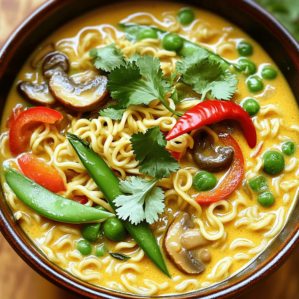 - 2 packs instant ramen noodles (discard the seasoning packets) - 1 can (400ml) full-fat coconut milk - 1 tablespoon red curry paste - 1 cup snow peas, trimmed - 1 red bell pepper, thinly sliced - 1 cup button mushrooms, sliced - 1 tablespoon soy sauce - 1 teaspoon fresh ginger, grated - 2 cloves garlic, minced - 1 tablespoon fresh lime juice The main ingredients create a rich base for your dish. Instant ramen noodles give you that quick and easy touch. The full-fat coconut milk adds creaminess and depth. Red curry paste brings a burst of flavor, making every bite exciting. For the vegetables, snow peas add a nice crunch. They keep their bright color and fresh taste. The red bell pepper adds sweetness and a lovely color contrast. Button mushrooms contribute an earthy flavor that balances the sweetness of the other veggies. In seasonings, soy sauce adds umami and saltiness. Fresh ginger and garlic give warmth and aroma. The fresh lime juice brightens the dish, cutting through the richness of the coconut milk. Each ingredient works together to make a bowl of ramen that is not only quick to prepare but also full of flavor and texture. Start by heating a splash of cooking oil in a large pot on medium heat. Once the oil is hot, add the minced garlic and grated ginger. Sauté them for about 1 minute. You want them to smell good and turn slightly golden. This step adds a strong flavor to the base of your dish. Next, stir in 1 tablespoon of red curry paste. Cook it for another minute. This helps the paste release its rich aroma and blend well with the garlic and ginger. Now, slowly pour in 400ml of full-fat coconut milk and 2 cups of vegetable broth. Use a whisk or spoon to mix everything together. It should all blend smoothly. Bring this mixture to a gentle simmer. Letting it simmer allows the flavors to meld beautifully. Add 1 cup of sliced button mushrooms, 1 thinly sliced red bell pepper, and 1 cup of snow peas to the pot. Let the veggies simmer for about 5 minutes. You want them tender but still crisp. This keeps the dish colorful and fresh. While the vegetables cook, prepare 2 packs of instant ramen noodles in boiling water. This usually takes 3 to 4 minutes. Once cooked, drain the noodles and set them aside. After the veggies are ready, mix in 1 tablespoon of soy sauce and 1 tablespoon of fresh lime juice into the curry broth. Taste it and adjust the seasoning if needed. Finally, gently add the cooked ramen noodles to the pot. Toss them well to coat in the curry broth. Serve the ramen in bowls, garnishing each with fresh chopped cilantro. For a kick of heat, add a few slices of fresh chili if you like. Enjoy your tasty dish! To make your Minute Coconut Curry Ramen pop, adjust the seasoning. A splash of soy sauce adds depth. A squeeze of fresh lime juice brightens the dish. You can taste as you go for the best balance. Fresh herbs can elevate your ramen. I love using cilantro. Its fresh flavor works well with curry. Timing is key for perfect noodles and veggies. Cook the ramen noodles just until soft. This usually takes about 3-4 minutes. Drain them and set aside. Add them to the broth at the end. For veggies, cook them in the broth for about 5 minutes. They should be tender yet crisp. Choose the right pot size. A large pot helps everything cook evenly. It also gives you room to stir without spills. Presentation matters! Use deep bowls for serving. It allows the colorful broth and veggies to shine. You can add a lime wedge on top for color and zest. This little touch makes a big difference. Don’t forget garnishes! Fresh cilantro or sliced chili adds visual appeal and flavor. {{image_4}} You can make your Minute Coconut Curry Ramen extra filling by adding protein. Tofu is a great choice for a plant-based option. It soaks up the rich curry flavor well. Just cut the tofu into cubes and sauté it with the garlic and ginger. If you prefer chicken, cut it into thin strips. Cook the chicken in the pot until it turns golden. This adds a nice texture to the dish. For seafood lovers, shrimp is an amazing addition. Just toss in raw shrimp into the broth. They cook fast and add a sweet taste to the ramen. Want more heat? You can use fresh chili for a spicy kick. Slice fresh chili and add it to your bowl before serving. If you have dry chili flakes, sprinkle them into the broth while it simmers. This gives a different flavor profile. To balance the spice, add a touch of sweetness. A small amount of sugar or honey can tone down the heat. Adjust it to your taste for the perfect balance. This dish can easily be made vegan. Just ensure all your ingredients are plant-based. Use vegetable broth and check your red curry paste for any animal products. For gluten-free options, look for gluten-free ramen noodles. Many brands offer rice or buckwheat noodles that work well in this recipe. These simple swaps let everyone enjoy this delicious dish! After you make your Minute Coconut Curry Ramen, let it cool down. Store the leftovers in an airtight container. This keeps the flavors fresh. You can keep it in the fridge for up to three days. If you notice any change in smell or color, it’s best to throw it away. If you want to save it for later, freezing works well. Pour the cooled ramen into freezer-safe bags or containers. Make sure to remove as much air as possible. You can freeze it for up to three months. When you’re ready to eat, thaw it overnight in the fridge. For reheating, place it in a pot over low heat. Add a splash of vegetable broth or water to help loosen it up. Stir well until it’s hot. You can also use a microwave, but be careful not to overcook it. Enjoy your meal anytime! It takes about 10 minutes to prepare and 10 minutes to cook. In total, you need just 20 minutes. This quick time makes it perfect for busy days. You can have a warm, tasty meal ready in no time. Yes, you can use other noodles if you want. Options include soba, udon, or rice noodles. Just make sure to cook them according to their package instructions. This way, they will blend well with the curry broth. The spice level depends on your taste. The red curry paste adds some heat. If you prefer less spice, use less paste. You can also add fresh chili for extra heat. For milder flavor, skip the chili and focus on the coconut sweetness. This blog post shares how to make a tasty Coconut Curry Ramen. We explored key ingredients like instant ramen, coconut milk, and curry paste. I provided step-by-step instructions, cooking tips, and helpful variations for different tastes. In the end, you can create a dish that warms the soul. Enjoy experimenting with flavors and sharing it with friends and family. Your kitchen will become your favorite place to create delicious meals.