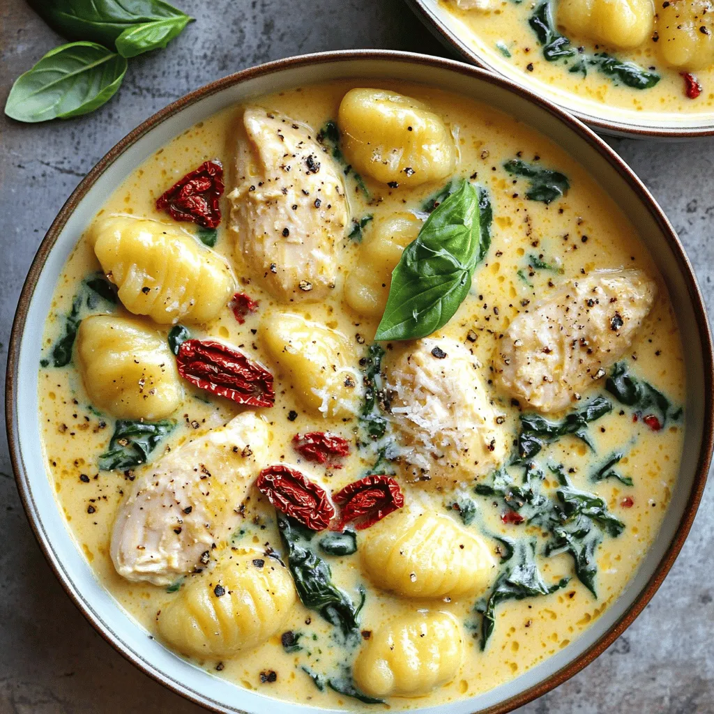 To make this tasty dish, you need a few key ingredients: - 2 tablespoons olive oil - 1 pound chicken breast, cut into bite-sized pieces - Salt and freshly ground black pepper, to taste - 4 cloves garlic, minced - 1 teaspoon Italian seasoning - 1 cup sun-dried tomatoes, chopped - 2 cups fresh spinach, roughly chopped - 1 cup heavy cream - 1 cup low-sodium chicken broth - 1 pound gnocchi - ½ cup freshly grated Parmesan cheese - Fresh basil leaves, for garnish These ingredients come together to create a rich, creamy sauce with a burst of flavor. I love to use Italian seasoning to give this dish warmth and depth. Fresh basil adds a nice touch at the end. You can also tweak the salt and pepper to your liking. Adding extra Parmesan cheese on top makes it even better. These small changes can make a big difference in taste! You will need a large pot or deep skillet for cooking. A wooden spoon helps mix everything well. Using a cutting board and knife will make chopping easy. Lastly, have measuring cups and spoons on hand for accurate quantities. This setup ensures a smooth cooking process, and you’ll love how easy it is to make this dish! To start, heat the olive oil in a large pot. Use medium heat until the oil shimmers. This step helps cook the chicken evenly. Next, season the chicken pieces with salt and pepper. Add the chicken to the hot oil. Sauté for about 5 to 6 minutes. Stir occasionally until the chicken turns golden brown. Once cooked, remove the chicken and set it aside. This keeps it juicy for later. In the same pot, add minced garlic and Italian seasoning. Sauté for about 1 minute. Stir constantly to keep the garlic from burning. You want it fragrant but not brown. Next, add the chopped sun-dried tomatoes and spinach. Cook these for 2 to 3 minutes. The spinach will wilt and mix well with the tomatoes. This brings out rich flavors in your dish. Now it's time to add the creamy goodness! Pour in the heavy cream and chicken broth. Use a wooden spoon to stir everything together. Bring this mixture to a gentle simmer. Carefully add the gnocchi into the pot. Stir gently to coat them in the creamy sauce. Allow them to simmer for 3 to 5 minutes. This cooks the gnocchi until they are soft and tender. Next, return the cooked chicken to the pot. Stir in the grated Parmesan cheese. Mix until the cheese melts into the sauce. The dish will become creamy and smooth. Taste your creation and adjust the seasoning if needed. Add more salt and pepper if you like. Finally, remove from heat and garnish with fresh basil. This adds a lovely touch before you serve. To get the best creamy texture in your dish, start with heavy cream. It thickens nicely and gives a rich flavor. When you add the cream to the pot, stir it well with the chicken broth. This helps combine the flavors. Simmering the mixture gently is key. Too much heat can make it separate. When adding cheese, use freshly grated Parmesan. It melts better and enhances the creaminess. One common mistake is adding too much heat. High heat can curdle the cream. Always use medium heat for the best results. Another mistake is not seasoning enough. Taste your dish before serving. Adjust salt and pepper to your liking. Also, avoid overcooking the gnocchi. They only need about 3-5 minutes in the sauce. If you cook them too long, they can become mushy. Serve your creamy Tuscan chicken gnocchi in wide, shallow bowls. This allows the sauce to shine. Top with extra grated Parmesan and fresh basil for a pop of color. A side of crusty bread pairs well, perfect for scooping up the sauce. You can also add a simple salad for some crunch. A green salad with a light vinaigrette complements the rich flavors of the dish perfectly. {{image_4}} You can swap regular gnocchi for gluten-free options. Look for brands made from potatoes or rice flour. These gluten-free gnocchi hold their shape well and taste great in this dish. Check labels to make sure they meet your diet needs. Feel free to get creative with veggies! You can add bell peppers, zucchini, or mushrooms for more flavor and nutrition. Just sauté them with the garlic. They will blend nicely into the creamy sauce. You can also add broccoli for a colorful touch. If you like spice, try adding crushed red pepper flakes. Just a pinch can add a nice heat to the dish. You can also use spicy Italian sausage instead of chicken for a bolder flavor. Both options will make your creamy gnocchi even more exciting! After enjoying your One Pot Creamy Tuscan Chicken Gnocchi, store leftovers in an airtight container. Let the dish cool to room temperature first. This helps keep it fresh. You can place it in the fridge for up to three days. Make sure the lid is on tight to avoid any spills. To reheat, pour the leftovers into a pot over medium heat. Stir gently as it warms up. You may need to add a splash of chicken broth or cream to keep it creamy. Heat until everything is hot, but do not boil it. Alternatively, you can use a microwave. Heat in short bursts, stirring in between to ensure even warming. When stored properly, this dish lasts about three days in the fridge. If you want to keep it longer, consider freezing it. In the freezer, it can last up to three months. Just remember to thaw it overnight in the fridge before reheating. This way, you can enjoy this tasty meal even later! Yes, you can use frozen gnocchi. Just add them directly to the pot without thawing. Cook them for about 5-7 minutes, or until they float to the top. This method keeps the texture perfect in the creamy sauce. To make this dish dairy-free, use coconut cream instead of heavy cream. You can also use nutritional yeast instead of Parmesan cheese for flavor. This change keeps the dish rich and creamy without dairy. If you don’t have sun-dried tomatoes, you can use roasted red peppers. They add a similar sweetness and depth. Alternatively, you can use fresh tomatoes. Just chop them and cook them a bit longer to soften. This blog post covered everything you need for One Pot Creamy Tuscan Chicken Gnocchi. We discussed the essential ingredients, step-by-step cooking steps, and helpful tips. You learned about variations to suit your needs, along with proper storage and reheating info. My final thoughts: this dish is simple yet full of flavor. Enjoy cooking and make it your own!