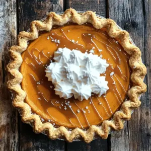 - 1 unbaked pie crust (store-bought or homemade) - 1 cup pumpkin puree (canned or freshly made) - 3/4 cup packed brown sugar - 1/2 cup granulated sugar - 1 teaspoon ground cinnamon - 1/2 teaspoon ground nutmeg - 1/4 teaspoon ground ginger - 1/4 teaspoon salt - 3 large eggs - 1 cup heavy cream - 1 teaspoon vanilla extract - 1/2 cup salted caramel sauce (store-bought or homemade) - Whipped cream for topping - Optional: Additional sea salt for garnish The pie crust holds everything together. You can use a store-bought crust for ease or make one from scratch for better flavor. Pumpkin puree gives the pie its rich, smooth texture. You can use canned or fresh pumpkin, but make sure it is pure pumpkin without added spices. Brown sugar adds deep flavor and moisture. Granulated sugar sweetens the pie. The spices—cinnamon, nutmeg, and ginger—bring warmth and a hint of fall. Heavy cream makes the filling rich and creamy. The salted caramel sauce adds a sweet and salty kick, making this pie special. If you need a gluten-free option, look for a gluten-free pie crust. For a dairy-free pie, you can swap heavy cream with coconut milk. If you want a sweeter pie, you can increase the sugar by a few tablespoons. For the caramel, you can use homemade sauce or a store-bought version if you're short on time. If you don't have vanilla extract, try using almond extract for a unique twist. Start by preheating your oven to 425°F (220°C). This step helps the pie crust bake evenly. On a floured surface, roll out your pie crust. It can be store-bought or homemade. Make sure it fits a 9-inch pie plate. Place the crust in the pie plate. Trim any extra dough and crimp the edges to make it look nice. To avoid bubbles, prick the bottom of the crust with a fork. Bake it for about 10 minutes. Once done, take it out and let it cool a bit. In a large bowl, mix your pumpkin puree with both types of sugar. Add ground cinnamon, nutmeg, ginger, and salt. Whisk them all together until smooth. Next, add the eggs one by one. Whisk well after each egg until it's combined. Pour in the heavy cream and vanilla extract. Keep mixing until the filling is creamy and smooth. Now, it’s time to add the salted caramel sauce. Fold it gently into the pumpkin mix. Save a bit for later to drizzle on top. Pour this smooth filling into the pre-baked crust. Bake at 425°F (220°C) for 15 minutes. After that, lower the oven to 350°F (175°C) and bake for another 35-40 minutes. The pie is ready when a toothpick comes out clean from the center. Once baked, let it cool to room temperature. Drizzle the reserved caramel sauce on top. You can sprinkle some sea salt if you like. Enjoy serving this with whipped cream! To make a great pie crust, keep it cold. Use chilled butter and cold water for mixing. This helps the crust stay flaky. When rolling it out, use a light touch. Too much pressure can make the dough tough. Make sure to prick the bottom with a fork. This prevents bubbles during baking. Bake it until it's just golden, about 10 minutes. This step helps set the crust before adding the filling. Mix your filling well. Combine pumpkin puree, sugars, and spices in a large bowl. Use a whisk to get rid of lumps. Add eggs one at a time. This helps each egg blend in fully. After that, pour in the heavy cream and vanilla. Mix until it’s smooth and creamy. When you add the salted caramel, fold it gently. This keeps the swirls of caramel nice and pretty. Once your pie cools, let it sit at room temperature for at least 2 hours. This helps the filling set. Drizzle any leftover caramel on top for a sweet touch. A sprinkle of sea salt enhances the flavors. Slice the pie with a sharp knife for clean cuts. Serve each slice with a generous dollop of whipped cream. This makes every bite delightful! {{image_4}} You can use different pie crusts for your salted caramel pumpkin pie. Here are a few ideas: - Graham cracker crust: This adds a sweet, crunchy texture. - Shortbread crust: Rich and buttery, it makes a great base. - Almond flour crust: A gluten-free option that is nutty and delicious. - Chocolate cookie crust: For a fun twist, try using chocolate cookies for a deeper flavor. You can mix up the flavors in your pie. Here are some tasty suggestions: - Add extra spices: Try cloves or allspice for a warm kick. - Chocolate: Mix in chocolate chips for a sweet surprise. - Maple syrup: Swap out some sugar for maple syrup for a unique taste. - Coconut milk: Use coconut milk instead of cream for a tropical vibe. Serve your pie with fun toppings and pairings. Here are my favorites: - Whipped cream: A classic topping that everyone loves. - Caramel drizzle: Drizzle more salted caramel on top for extra flavor. - Chopped nuts: Sprinkle chopped pecans or walnuts for a nice crunch. - Ice cream: Pair the pie with vanilla or cinnamon ice cream for a warm treat. After you enjoy your salted caramel pumpkin pie, store leftovers in the fridge. Place slices in an airtight container or cover the pie with plastic wrap. This keeps the pie fresh and tasty. If you have extra caramel sauce, store it in a small jar in the fridge too. You can freeze your salted caramel pumpkin pie for later. Make sure it cools completely first. Wrap the pie tightly in plastic wrap, then in aluminum foil. Label it with the date. It will stay fresh in the freezer for up to three months. When ready to eat, thaw it in the fridge overnight. The pie lasts about 3 to 4 days in the fridge. If kept tightly covered, it stays tasty. The flavor may change a bit after a few days, but it will still be good. Always check for any signs of spoilage before enjoying. Yes, you can use fresh pumpkin! Start with a small pumpkin, often called a sugar pumpkin. Cut it in half and remove the seeds. Roast the halves in the oven until soft, about 45 minutes at 350°F. Once cooled, scoop out the flesh and puree it in a blender or food processor until smooth. This fresh puree works great in your pie and adds a lovely flavor. Making homemade salted caramel sauce is easy! You need just a few ingredients: sugar, butter, heavy cream, and salt. In a saucepan, heat 1 cup of sugar over medium heat. Stir until it melts and turns golden brown. Once melted, add 6 tablespoons of butter and stir until melted. Slowly pour in 1/2 cup of heavy cream while stirring. Cook for another minute, then mix in 1 teaspoon of salt. Let it cool before using it in your pie. Salted caramel pumpkin pie pairs well with a few tasty options. Whipped cream is a classic choice. You can also serve it with vanilla ice cream for a warm and cold contrast. Freshly brewed coffee or spiced chai tea makes a great drink pairing. For a more festive touch, sprinkle extra sea salt or drizzle more caramel sauce on top before serving. You learned about all the key ingredients for pumpkin pie and how to use them. I shared important steps to bake the perfect pie and tips for a great crust. We explored fun variations and how to store leftovers. In baking, small changes can make a big difference. Use this guide to create your best pumpkin pie. Enjoy your baking journey and remember, a great pie brings joy!