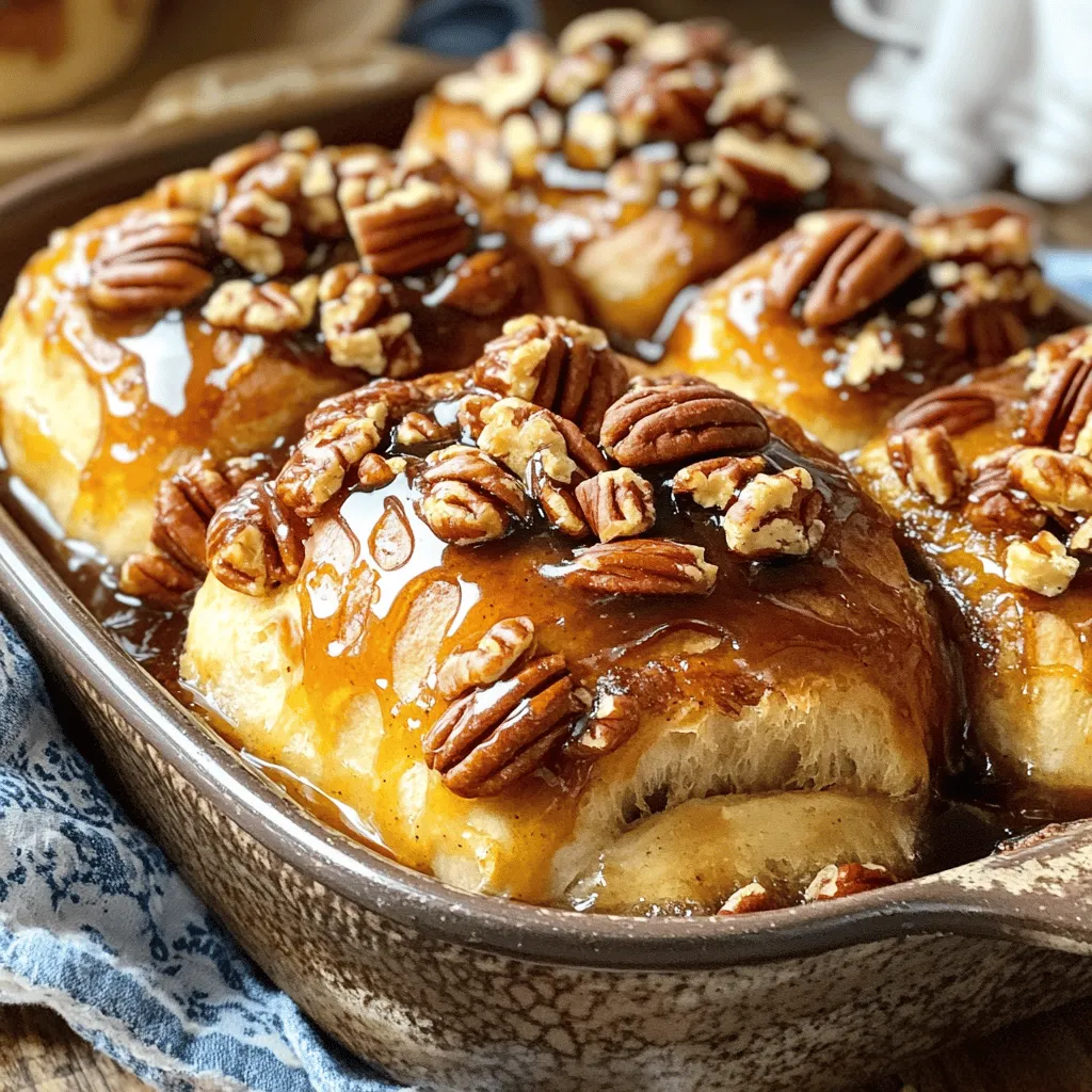 - 2 cups all-purpose flour - 1/2 cup whole milk - 1/4 cup granulated sugar - 1/4 cup unsalted butter - 1 packet (2 1/4 tsp) active dry yeast - 1/2 teaspoon salt - 1 large egg - 1 teaspoon vanilla extract - 1 cup pecans, finely chopped - 1/2 cup brown sugar - 1/4 cup pure maple syrup - 1 teaspoon ground cinnamon - 1/4 teaspoon ground nutmeg For the best sticky buns, you need fresh ingredients. The flour gives the dough its structure. Whole milk adds moisture and richness. Sugar sweetens the dough and topping. Butter makes it rich and golden. Yeast helps the dough rise, making it light. Salt adds flavor while the egg binds everything together. Vanilla extract enhances the flavor. Pecans give a nice crunch. Brown sugar and maple syrup create that sticky topping. Cinnamon and nutmeg add warmth and spice. - Additional spices (ginger, cardamom) - Raisins or dried fruits - Glaze ingredients (powdered sugar, cream) You can mix it up with these optional ingredients. Adding spices like ginger or cardamom will boost flavor. Dried fruits like raisins add sweetness and texture. A glaze made from powdered sugar and cream can make your buns even sweeter. Try these options to create your own twist on sticky buns! To start, combine warm milk and active dry yeast in a small bowl. Make sure the milk is around 110°F (45°C). Stir gently, and let it sit for about 5 to 10 minutes. You will see bubbles forming. This means your yeast is active and ready to use. In a large mixing bowl, whisk together the all-purpose flour, granulated sugar, and salt. This helps blend the dry ingredients well. Next, add the melted butter, egg, vanilla extract, and the frothy milk-yeast mixture. Stir until a soft dough forms. Turn the dough out onto a lightly floured surface. Knead it for about 5 to 7 minutes until the dough feels smooth and elastic. Place the kneaded dough in a lightly greased bowl. Cover it with a clean kitchen towel and let it rise in a warm area for about 1 hour. The dough should double in size. While the dough rises, you can make the sticky topping. In a small saucepan over low heat, combine packed brown sugar, pure maple syrup, and finely chopped pecans. Stir this mixture until the sugar melts and everything blends well. Remove it from the heat and set it aside to cool slightly. Once the dough has risen, gently punch it down to release the air. Roll it out onto a floured surface into a rectangle about 12x18 inches. Brush the surface of the rolled-out dough with melted butter. Evenly sprinkle brown sugar, ground cinnamon, and ground nutmeg over the buttered dough. Starting from the long edge, roll the dough tightly into a log. Slice the log into 12 equal pieces with a sharp knife or dental floss. Pour the prepared sticky pecan mixture into a greased 9x13 inch baking dish, spreading it evenly. Place the sliced dough pieces, cut side up, in the dish. Cover the baking dish with a clean towel and let the buns rise for another 30 minutes in a warm place until they puff up. Preheat your oven to 350°F (175°C). Once preheated, bake the buns for 25 to 30 minutes. They should turn golden brown on top and be cooked through. After baking, let the buns cool in the pan for about 5 minutes. Then, invert the pan onto a serving platter, allowing the sticky topping to drizzle over the buns. Kneading is key to great dough. It helps develop gluten, which gives the buns their chewy texture. I knead the dough for about 5-7 minutes. You want it smooth and elastic. Choosing the right flour matters too. All-purpose flour works best for this recipe. It has the right balance of protein for fluffy buns. Avoid using cake flour; it’s too soft for this. To enhance the filling, add spices. Ground cinnamon gives warmth and a sweet note. A bit of nutmeg adds depth to the flavor. You can also try ginger for a spicy kick. For the sticky topping, use pure maple syrup. It adds rich flavor that pairs well with pecans. Cook the topping slowly over low heat. This lets the sugar melt and blend perfectly with the maple. Serve the buns warm. This way, they stay soft and gooey. Drizzle extra maple syrup on top for a sweet finish. Garnish with whole pecans. They add a nice crunch and look inviting. Arrange the sticky buns on a platter to show them off. Everyone will want to grab one! {{image_4}} You can add chocolate chips to the sticky bun filling. They melt and create a sweet surprise. Another fun idea is to try different nuts. Walnuts or almonds can change the taste. Each nut adds its own flavor and crunch. You can even mix nuts for a unique twist. If you need a gluten-free option, use gluten-free flour. It works well and keeps the buns soft. For vegans, replace the milk with almond or oat milk. You can swap the egg for a flaxseed or chia seed mix. These changes help everyone enjoy the buns. In fall, add pumpkin spice to the dough. It gives a warm and cozy flavor. For summer, try adding citrus zest. Lemon or orange zest brightens the buns and adds freshness. Both ideas make the sticky buns fun for any season! To keep your sticky buns fresh, store them properly. If you plan to eat them within a few days, you can leave them at room temperature. Just place them in an airtight container or wrap them tightly in plastic wrap. This keeps them soft and tasty. If you don't plan to eat them soon, refrigerate them. Put the sticky buns in an airtight container. They can last up to a week in the fridge. Just remember that the cold may dry them out a bit. Freezing is a great way to keep your sticky buns for longer. First, let them cool completely. Then, wrap each bun in plastic wrap. After that, place them in a freezer-safe bag. This keeps them fresh for up to three months. When you want to enjoy them, take them out and let them thaw in the fridge overnight. For the best texture, reheat the buns in the oven. Set your oven to 350°F (175°C) and heat them for about 10-15 minutes. This will make them warm and soft again. Sticky buns can last several days when stored right. At room temperature, they stay fresh for about 3 days. In the fridge, they can last up to a week. Watch for signs of spoilage. If the buns have a strange smell or mold, it’s time to toss them. Fresh sticky buns should smell sweet and inviting. Enjoy your tasty treats while they are at their best! To help your sticky buns rise, keep them in a warm spot. The ideal temperature is around 75°F to 80°F. You can create a warm space by turning on your oven for a minute, then turning it off. Place the dough in there, covered with a towel. It’s also important to make sure your yeast is fresh. If it doesn’t froth in the warm milk, it’s no good. Yes, you can prepare the dough ahead of time. After kneading, let it rise for an hour. Then, punch it down and wrap it tightly in plastic wrap. You can refrigerate it for up to 24 hours. When ready, let it come to room temperature before rolling it out. This makes it easier to work with. If you don’t have pecans, you can use walnuts or almonds. They will give a different flavor but still taste great. For a nut-free option, try using sunflower seeds or pumpkin seeds. They add crunch without the nuts. To reheat sticky buns, wrap them in foil and place them in a 350°F oven. Heat for about 10-15 minutes. This keeps them soft and warm. You can also use the microwave, but be careful not to overheat them. Heat in short bursts of 10 seconds to avoid drying them out. You’ve learned how to make sticky buns from scratch. We discussed key ingredients, step-by-step instructions, and tips for great results. You also saw ways to add your twist with flavor variations and dietary swaps. When stored properly, these buns can delight you for days. Enjoy sharing your tasty treats with others. Baking can bring joy, and sticky buns are a perfect start. Keep experimenting, and savor every bite!