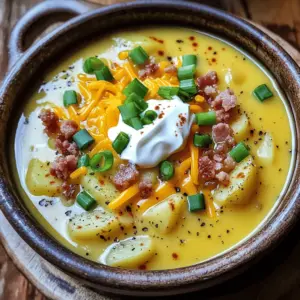 Let’s dive into the key ingredients for making loaded baked potato soup. These items create a rich, creamy, and flavorful dish that warms your heart. - 4 large russet potatoes - 1 medium onion - 3 cloves garlic - 4 cups vegetable or chicken broth - 1 cup heavy cream - 1 cup shredded sharp cheddar cheese - 1/2 cup sour cream - 4 slices turkey bacon - 1 cup green onions - 1 teaspoon smoked paprika - Salt and black pepper - 2 tablespoons olive oil Each ingredient plays a role. The russet potatoes create a thick and hearty base. The onion and garlic add a sweet and savory depth. Broth gives the soup body, while heavy cream makes it rich. Cheddar cheese brings a sharp flavor. Sour cream adds tanginess. Turkey bacon gives a nice crunch. Finally, green onions add a fresh touch. You can mix and match some items. For example, use chicken broth for more flavor. You can also switch the cheese to your favorite type. Each choice can change the taste of your soup. Enjoy experimenting with these ingredients! - Warm 2 tablespoons of olive oil in a large pot over medium heat. - Once hot, add 1 finely chopped onion. Sauté for about 5 minutes until soft. - Next, add 3 minced garlic cloves and 1 teaspoon of smoked paprika. Stir for another minute. - Now, add 4 large diced russet potatoes to the pot. - Pour in 4 cups of vegetable or chicken broth. - Bring it to a gentle boil, then lower the heat. Simmer for 20-25 minutes until fork-tender. - Carefully puree the soup to your desired texture using an immersion blender. - If needed, ladle the soup into a traditional blender. Be careful with the hot liquid! - Return the blended soup to low heat. Stir in 1 cup of heavy cream, 1 cup of cheddar cheese, and 1/4 cup of sour cream. - Stir until the cheese melts and the soup becomes smooth. Adjust salt and pepper to taste. - When serving, ladle the soup into bowls. Top with crumbled turkey bacon, extra cheese, green onions, and a dollop of sour cream. Enjoy this comforting and creamy dish! To get the best texture for your soup, use an immersion blender. It makes blending easy right in the pot. If you don't have one, a traditional blender works too. Just be careful with the hot soup. Blend in small batches and allow steam to escape. This soup can be thick or thin, based on your taste. For a thicker soup, blend less. For a thinner soup, add more broth. Adding herbs and spices boosts flavor. Try thyme or fresh parsley for a fresh taste. Smoked paprika gives a rich depth, making the soup even better. Seasoning is key. Always taste and adjust salt and pepper as you cook. This ensures the flavors shine through in every bite. Garnishing makes your soup look great. Top each bowl with crispy turkey bacon and more cheddar cheese. Sprinkle green onions for color and crunch. You can also add a dollop of sour cream for creaminess. For a fancy touch, drizzle olive oil on top. Fresh herbs like chives or parsley add a lovely finish. Serve with warm bread for a cozy meal. {{image_4}} You can easily make this soup vegetarian or vegan. For a vegetarian version, simply replace the chicken broth with vegetable broth. To make it vegan, swap the heavy cream and sour cream for coconut cream or a nut-based cream. Use vegan cheese or skip the cheese entirely for a lighter touch. If you need a gluten-free option, ensure your broth is gluten-free. Most broths are safe, but always check the label. You can enjoy this soup without worrying about gluten. Feeling creative? Try different cheese options like gouda, pepper jack, or a vegan cheese blend. Each cheese adds a unique flavor twist. You can also top the soup with crispy chickpeas or avocado for a fun twist. Add-ins can change the soup too. Toss in some broccoli, corn, or even jalapeños for a spicy kick. These swaps keep the soup fresh and exciting. Using fresh vegetables can enhance your soup. In the summer, add fresh corn or zucchini. In the fall, consider adding pumpkin for a creamy texture. Seasonal veggies can boost flavor and nutrition. Garnishes matter too! During spring, use fresh herbs like chives or parsley. In winter, a sprinkle of crispy fried onions adds crunch. Seasonal touches make your soup feel special and inviting. To keep your loaded baked potato soup fresh, follow these steps: - Refrigeration: Allow the soup to cool down first. Then, transfer it to an airtight container. It can stay in the fridge for up to 4 days. - Freezing: If you want to save it for a later time, freeze the soup in a freezer-safe container. It will last for about 3 months. Just remember to leave some space at the top of the container, as the soup will expand when frozen. When it's time to enjoy your leftovers, here’s how to reheat: - Best Methods: The best way to reheat the soup is on the stove over low heat. Stir it often to prevent sticking. If you’re in a hurry, you can use a microwave. Heat in short intervals, stirring in between. - Maintaining Texture and Flavor: Add a splash of broth or cream if the soup seems too thick. This helps keep the creamy texture. Taste and adjust seasoning, adding salt or pepper as needed. I recommend using russet potatoes. They are starchy and creamy. This gives the soup a rich texture. You can also use Yukon Gold potatoes. They add a slight buttery flavor. Both types work great in this soup. Yes, you can make this soup ahead of time. Prepare it, then let it cool. Store it in an airtight container. It keeps well in the fridge for a few days. Just reheat it on the stove when you are ready to serve. This soup can last up to five days in the fridge. Be sure to store it properly. Check for any signs of spoilage before eating. If it smells off or looks strange, it’s best to toss it. Absolutely! While sharp cheddar is classic, you can use others. Try Monterey Jack for a milder taste. Gouda adds a nice smoky flavor. Feel free to mix cheeses for a unique twist. Yes, you can easily make this soup vegetarian. Use vegetable broth instead of chicken broth. Omit the turkey bacon or substitute it with crispy chickpeas. This keeps the flavors rich without meat. This blog post guides you through making a delicious loaded baked potato soup. We covered the key ingredients, step-by-step instructions, and tips for perfecting texture and flavor. You learned variations for dietary needs and storage tips for leftovers. Overall, this soup is easy to make and very comforting. Customize it to fit your taste and enjoy every bite. Now, it’s time to gather your ingredients and start cooking!