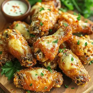 - 2 pounds chicken wings - 1/2 cup freshly grated Parmesan cheese - 1/4 cup unsalted butter, melted - 1 teaspoon baking powder - 1 teaspoon salt - 1 teaspoon freshly ground black pepper - 1 tablespoon garlic powder - 1 tablespoon extra virgin olive oil - 2 cloves garlic, finely minced - 1 tablespoon fresh parsley, finely chopped (for garnish) - Optional: Red pepper flakes Gathering the right ingredients is key for crispy garlic Parmesan wings. Start with 2 pounds of chicken wings. You want them fresh and plump. The next star is 1/2 cup of freshly grated Parmesan cheese. It adds a rich, savory taste. Then, grab 1/4 cup of melted unsalted butter. This helps the cheese stick to the wings and adds amazing flavor. Next, let’s talk seasoning. You need 1 teaspoon of baking powder. This helps the wings become crispy. Add 1 teaspoon of salt and 1 teaspoon of freshly ground black pepper for taste. Lastly, mix in 1 tablespoon of garlic powder. This boosts the garlic flavor in your wings. For the sauce, use 1 tablespoon of extra virgin olive oil. It gives a nice richness to the mix. Don’t forget 2 cloves of finely minced garlic. This will pack a punch of flavor. For garnish, chop 1 tablespoon of fresh parsley. It adds color and freshness to your dish. If you love heat, sprinkle some red pepper flakes to taste. Now you have everything you need to make these wings a hit at your next gathering! First, preheat your oven to 425°F (220°C). This step is key to getting crispy wings. While the oven warms up, season the chicken wings. In a large bowl, add the wings, baking powder, salt, black pepper, and garlic powder. Mix well. Make sure each wing gets coated evenly. This blend adds flavor and helps with crispiness. Next, spread the wings on a baking sheet. Line the sheet with parchment paper for easy cleanup. Lay the wings out in a single layer. This allows heat to flow around each wing. Bake them for 25 to 30 minutes. Flip the wings halfway through. This step helps them brown nicely on both sides. While the wings bake, make the garlic Parmesan sauce. In a small bowl, whisk together melted butter, olive oil, minced garlic, and grated Parmesan cheese. Mix until smooth and creamy. This sauce will coat the wings and add a rich flavor. Once the wings are golden and crispy, take them out of the oven. Immediately toss them in the garlic Parmesan sauce. Ensure each wing is well coated. Return the sauced wings to the oven for another 5 to 7 minutes. This final bake helps the cheese stick and enhances the flavor. To get wings that are super crispy, spacing is key. When you place your wings on the baking sheet, make sure they are not touching. This helps hot air flow around each wing. Each wing needs room to crisp up. I also flip the wings halfway through cooking. This ensures both sides get that golden color and crunch. You can easily adjust the seasoning to fit your taste. If you like more heat, add extra black pepper or red pepper flakes. For a milder flavor, cut back on the garlic powder. Using fresh ingredients makes a big difference too. Fresh garlic and parsley give your wings a vibrant taste. Freshly grated Parmesan cheese melts better, adding rich flavor. Choose a sturdy baking sheet for the best results. A heavy-duty sheet holds heat well, leading to crispier wings. I also recommend using parchment paper. It makes cleanup simple and prevents sticking. Essential kitchen tools include a large bowl for mixing and a whisk for the sauce. Don’t forget a good pair of tongs for flipping the wings! {{image_4}} Want to kick up the heat? You can add red pepper flakes to the sauce. Just sprinkle some over the wings before baking. This gives each bite a spicy surprise. If you prefer, use your favorite hot sauce instead. Toss the wings in the sauce before baking for a fiery twist. For a zesty flavor, add lemon zest or juice to the sauce. This brightens up the dish and balances the rich cheese. Start with a teaspoon of zest and a tablespoon of juice. Taste and adjust as needed, adding more if you want extra zing. Feeling creative? Try other cheese options like feta or blue cheese for a different taste. These cheeses add unique flavors to your wings. You can also make fun dipping sauces. Consider honey mustard or spicy ranch to pair with your wings. They add a nice contrast to the garlic and cheese. To store leftover wings, let them cool first. Place them in an airtight container. This keeps them fresh and safe to eat later. You can store them in the fridge for up to four days. Make sure to enjoy them while they still taste great! Reheat your wings in the oven for the best results. Set the oven to 350°F (175°C). Lay the wings on a baking sheet and heat for about 10-15 minutes. This method helps keep the wings crispy. You can also reheat them in an air fryer. Set it to 350°F (175°C) and heat for about 5-7 minutes. Both methods work well! You can freeze both cooked and uncooked wings. For cooked wings, let them cool completely. Then, store them in a freezer-safe bag. Remove as much air as possible to prevent freezer burn. They can last up to three months in the freezer. For uncooked wings, season them first, then freeze. When you’re ready to cook, just thaw them in the fridge overnight. Always ensure they are fully thawed before cooking for the best texture. Bake your wings for 25 to 30 minutes. This time makes them golden and crispy. Halfway through, flip the wings for even cooking. Check their color to ensure they are perfect. Yes, you can use an air fryer! Set it at 400°F (200°C). Cook the wings for about 25 minutes. Remember to shake the basket halfway. This method gives you a great crunch, similar to baking. Wings pair well with many sides. Try serving them with: - Celery sticks - Carrot sticks - French fries - Potato wedges - A fresh salad These sides add color and flavor to your meal. You can use frozen wings! Just add a few extra minutes to the baking time. Preheat the oven to 425°F (220°C). Bake them for about 30 to 35 minutes. Make sure they reach a safe internal temperature of 165°F (74°C) before serving. You now have a complete guide to making delicious Chicken Wings. We covered ingredients, step-by-step baking, tips for crispiness, and tasty variations. Remember to use fresh ingredients for the best flavor. Enjoy experimenting with sauces and spices to make these wings your own. Store leftovers correctly to keep them tasty. Whether for a party or a quiet night, these wings will please everyone. Grab those ingredients and start cooking! Your perfect wings await.